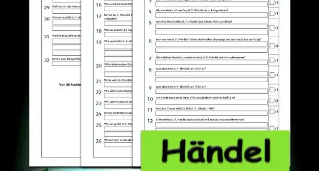 Klassenarbeit Händel 3./4.Klasse Musik - Kostenlos von Legakulie.info [KLASSENARBEIT] | Georg Friedrich Händel – Klassenarbeit (Master-Lösung für Lehrer) | 1. Wer war Georg Friedrich Händel? | Lösung: Georg Friedrich Händel war ein deutsch-britischer Komponist. | 2. In welcher Zeitepoche lebte G. F. Händel? | Lösung: Er lebt in der Zeitepoche des Barock. | 3. Mit wie vielen Jahren begann G. F. Händel, Klavier zu spielen? | Lösung: Er begann es mit 6 Jahren. | 4. Mit wie vielen Jahren fing G. F. Händel an zu komponieren? | Lösung: Er fing mit 9 Jahren damit an. | 5. Welchen Beruf sollte G. F. Händel laut seinem Vater ausüben? | Lösung: Sein Vater wollte eine juristische Karriere für seinen Sohn, weil er dessen musikalischen Ambitionen kritisch gegenüber stand. | 6. Wer war von G. F. Händels Talent als Musiker überzeugt und was hatte das zur Folge? | Lösung: Es war der Herzog von Sachsen und daraufhin wurde G. F. Händel eine Musikausbildung ermöglicht. | 7. Mit welchem Musikinstrument machte G. F. Händel auf sich aufmerksam? | Lösung: Das war die Orgel, denn die spielte er für den Herzog. | 8. Was studierte G. F. Händel von 1702 an? | Lösung: Er fing an, Rechtswissenschaft zu studieren, brach aber nach einem Jahr das Studium ab und zog nach Hamburg. | 9. Welche Musikinstrumente spielte G. F. Händel im Opernhaus? | Lösung: Er spielte Geige und Cembalo. | 10. Wo wurde seine erste Oper 1705 uraufgeführt und wie heißt sie? | Lösung: Sie wurde im Opernhaus in Hamburg uraufgeführt und heißt „Almira“. | 11. Welchen Traum erfüllte sich G. F. Händel 1706? | Lösung: Er reiste nach Italien. Es war damals ein Muss für Gebildete, dorthin zu reisen. | 12. 1710 kehrte G. F. Händel nach Deutschland zurück. Was machte er nun? | Lösung: Er nahm am Hof des Kurfürsten in Hannover die Position eines kurfürstlichen Kapellmeisters ein. | 13. Wohin und warum pendelte G. F. Händel? | Lösung: Er pendelte zwischen Hannover und England, um auch in England zu arbeiten. | 14. Für wen komponierte G. F. Händel seine berühmte „Wassermusik“? | Lösung: Er komponierte sie für den englischen König Georg I. | 15. Für welchen Anlass komponierte G. F. Händel 1748 die „Feuermusik“? | Lösung: Er komponierte sie anlässlich des Friedensschlusses im österreichischen Erbfolgekrieg. | 16. Was wird bis heute bei jeder Krönung eines britischen Königs oder einer Königin gespielt? | Lösung: Das ist der Krönungshymnus „Zadok the priest“. | 17. Nenne G. F. Händels beste Opernkompositionen, die er in der königlichen Musikakademie verfasste! | Lösung: Das sind „Julius Caesar“, „Tamerlano“ und „Rodelinda“. | 18. Warum musste die Royal Academy of Music ihren Betrieb einstellen? | Lösung: Das musste sie, weil in England das Interesse an italienischen Opern erschöpft war. | 19. Wie versuchte G. F. Händel die Academy of Music zu retten? | Lösung: Er versucht es, indem er nach Italien reiste, um Kastraten und Sängerinnen zu verpflichten. | 20. Welche besondere Ehre wurde G. F. Händel im Frühjahr 1738 zuteil? | Lösung: Es wurde eine lebensgroße Marmorstatue von Louis-François Roubiliac in den Vauxhall Gardens in London aufgestellt, die Händel als Orpheus zeigt. | 21. Unter welcher Krankheit litt G. F. Händel in seinem letzten Lebensjahrzehnt? | Lösung: Er litt unter einer Augenerkrankung, die mit der Zeit zur Erblindung führte. | 22. Wie viele Opern komponierte G. F. Händel? | Lösung: Er komponierte 46 Opern. | 23. Wie viele Oratorien komponierte G. F. Händel? | Lösung: Er komponierte 25 Oratorien. | 24. Nenne berühmte Oratorien! | Lösung: Das sind „Messias“ und „Judas Makkabäus“. | 25. Warum geriet G. F. Händel nach seinem Tode nicht in Vergessenheit? | Lösung: Er geriet nicht in Vergessenheit, weil seine Kompositionen in England weiter aufgeführt wurden. | 26. Was ist sein berühmtestes Stück? | Lösung: Das ist das „Largo“ aus seiner Oper Xerxes. | 27. Aus wie vielen Teilen besteht das Oratorium „Der Messias“? | Lösung: Es besteht aus 50 Teilen für Orchester, Orgel, Cembalo, Chor und Solostimme. | 28. Wie lange dauerte das Oratorium „Der Messias“? | Lösung: Es dauerte etwa zweieinhalb Stunden. | 29. Welches ist das bekannteste Stück im Oratorium „Der Messias“? | Lösung: Das ist Halleluja. | 30. Wovon handelt G. F. Händels Werk „Das Alexanderfest“? | Lösung: In diesem Werk wird Alexander der Große von der Musik, besonders von der christlichen, berührt. | 31. Welche Biografie erschien 1760 zum ersten Mal? | Lösung: Das war die Biografie eines Komponisten „Memoirs of the Life of the Late George Frederic Handel“. | 32. Nenne zwei Kompositionen von G. F. Händel! | Lösung: Das sind „Messias“, „Alcina“, „Ariodante“, „Semele“, „Giulio Cesare“, „Wassermusik“, „Rinaldo“, „Jephta“ und „Judas Maccabaeus“.