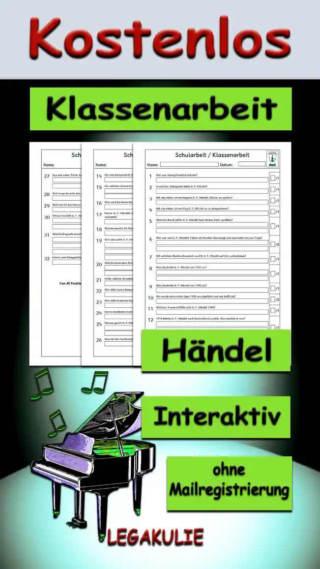 Klassenarbeit Händel 3./4.Klasse Musik - Kostenlos von Legakulie.info [KLASSENARBEIT] | Georg Friedrich Händel – Klassenarbeit (Master-Lösung für Lehrer) | 1. Wer war Georg Friedrich Händel? | Lösung: Georg Friedrich Händel war ein deutsch-britischer Komponist. | 2. In welcher Zeitepoche lebte G. F. Händel? | Lösung: Er lebt in der Zeitepoche des Barock. | 3. Mit wie vielen Jahren begann G. F. Händel, Klavier zu spielen? | Lösung: Er begann es mit 6 Jahren. | 4. Mit wie vielen Jahren fing G. F. Händel an zu komponieren? | Lösung: Er fing mit 9 Jahren damit an. | 5. Welchen Beruf sollte G. F. Händel laut seinem Vater ausüben? | Lösung: Sein Vater wollte eine juristische Karriere für seinen Sohn, weil er dessen musikalischen Ambitionen kritisch gegenüber stand. | 6. Wer war von G. F. Händels Talent als Musiker überzeugt und was hatte das zur Folge? | Lösung: Es war der Herzog von Sachsen und daraufhin wurde G. F. Händel eine Musikausbildung ermöglicht. | 7. Mit welchem Musikinstrument machte G. F. Händel auf sich aufmerksam? | Lösung: Das war die Orgel, denn die spielte er für den Herzog. | 8. Was studierte G. F. Händel von 1702 an? | Lösung: Er fing an, Rechtswissenschaft zu studieren, brach aber nach einem Jahr das Studium ab und zog nach Hamburg. | 9. Welche Musikinstrumente spielte G. F. Händel im Opernhaus? | Lösung: Er spielte Geige und Cembalo. | 10. Wo wurde seine erste Oper 1705 uraufgeführt und wie heißt sie? | Lösung: Sie wurde im Opernhaus in Hamburg uraufgeführt und heißt „Almira“. | 11. Welchen Traum erfüllte sich G. F. Händel 1706? | Lösung: Er reiste nach Italien. Es war damals ein Muss für Gebildete, dorthin zu reisen. | 12. 1710 kehrte G. F. Händel nach Deutschland zurück. Was machte er nun? | Lösung: Er nahm am Hof des Kurfürsten in Hannover die Position eines kurfürstlichen Kapellmeisters ein. | 13. Wohin und warum pendelte G. F. Händel? | Lösung: Er pendelte zwischen Hannover und England, um auch in England zu arbeiten. | 14. Für wen komponierte G. F. Händel seine berühmte „Wassermusik“? | Lösung: Er komponierte sie für den englischen König Georg I. | 15. Für welchen Anlass komponierte G. F. Händel 1748 die „Feuermusik“? | Lösung: Er komponierte sie anlässlich des Friedensschlusses im österreichischen Erbfolgekrieg. | 16. Was wird bis heute bei jeder Krönung eines britischen Königs oder einer Königin gespielt? | Lösung: Das ist der Krönungshymnus „Zadok the priest“. | 17. Nenne G. F. Händels beste Opernkompositionen, die er in der königlichen Musikakademie verfasste! | Lösung: Das sind „Julius Caesar“, „Tamerlano“ und „Rodelinda“. | 18. Warum musste die Royal Academy of Music ihren Betrieb einstellen? | Lösung: Das musste sie, weil in England das Interesse an italienischen Opern erschöpft war. | 19. Wie versuchte G. F. Händel die Academy of Music zu retten? | Lösung: Er versucht es, indem er nach Italien reiste, um Kastraten und Sängerinnen zu verpflichten. | 20. Welche besondere Ehre wurde G. F. Händel im Frühjahr 1738 zuteil? | Lösung: Es wurde eine lebensgroße Marmorstatue von Louis-François Roubiliac in den Vauxhall Gardens in London aufgestellt, die Händel als Orpheus zeigt. | 21. Unter welcher Krankheit litt G. F. Händel in seinem letzten Lebensjahrzehnt? | Lösung: Er litt unter einer Augenerkrankung, die mit der Zeit zur Erblindung führte. | 22. Wie viele Opern komponierte G. F. Händel? | Lösung: Er komponierte 46 Opern. | 23. Wie viele Oratorien komponierte G. F. Händel? | Lösung: Er komponierte 25 Oratorien. | 24. Nenne berühmte Oratorien! | Lösung: Das sind „Messias“ und „Judas Makkabäus“. | 25. Warum geriet G. F. Händel nach seinem Tode nicht in Vergessenheit? | Lösung: Er geriet nicht in Vergessenheit, weil seine Kompositionen in England weiter aufgeführt wurden. | 26. Was ist sein berühmtestes Stück? | Lösung: Das ist das „Largo“ aus seiner Oper Xerxes. | 27. Aus wie vielen Teilen besteht das Oratorium „Der Messias“? | Lösung: Es besteht aus 50 Teilen für Orchester, Orgel, Cembalo, Chor und Solostimme. | 28. Wie lange dauerte das Oratorium „Der Messias“? | Lösung: Es dauerte etwa zweieinhalb Stunden. | 29. Welches ist das bekannteste Stück im Oratorium „Der Messias“? | Lösung: Das ist Halleluja. | 30. Wovon handelt G. F. Händels Werk „Das Alexanderfest“? | Lösung: In diesem Werk wird Alexander der Große von der Musik, besonders von der christlichen, berührt. | 31. Welche Biografie erschien 1760 zum ersten Mal? | Lösung: Das war die Biografie eines Komponisten „Memoirs of the Life of the Late George Frederic Handel“. | 32. Nenne zwei Kompositionen von G. F. Händel! | Lösung: Das sind „Messias“, „Alcina“, „Ariodante“, „Semele“, „Giulio Cesare“, „Wassermusik“, „Rinaldo“, „Jephta“ und „Judas Maccabaeus“.