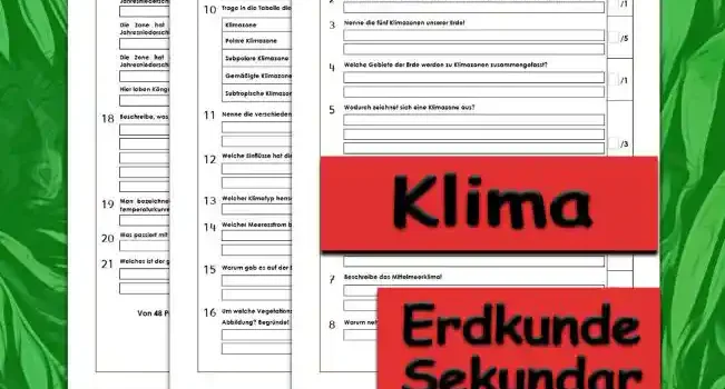 Klassenarbeit Klima Erdkunde - Kostenlos von Legakulie.info. [KLASSENARBEIT] | Klima – Kostenlose Klassenarbeit und Lernzielkontrolle auf Legakulie.info | 1. Wo entstehen Wetter und Klima? | 2. Was wäre mit dem Klima auf der Erde, wenn die Erdoberfläche nicht gekrümmt wäre? | 3. Nenne die fünf Klimazonen unserer Erde! | 4. Welche Gebiete der Erde werden zu Klimazonen zusammengefasst? | 5. Wodurch zeichnet sich eine Klimazone aus? | 6. Beschreibe das Klima in der „Subtropischen Zone“! | 7. Beschreibe das Mittelmeerklima! | 8. Warum nehmen die Temperaturen in Richtung Äquator zu? | 9. Erkläre den Begriff „Klimaklassifikationen“! | 10. Trage in die Tabelle die Klimatypen der Klimazonen ein! | 11. Nenne die verschiedenen Klimafaktoren! | 12. Welche Einflüsse hat die Höhenlage / Lage zu Gebirgen auf das Klima? | 13. Welcher Klimatyp herrscht in Deutschland? | 14. Welcher Meeresstrom bringt Nordeuropa ein günstiges Klima? Erkläre! | 15. Warum gab es auf der Erde schon immer natürliche Klimaveränderungen? | 16. Um welche Vegetationszone handelt es sich bei der Abbildung? Begründe! | 17. Welche Vegetationszone ist gesucht? | 18. Beschreibe, was ein Klimadiagramm ist! | 19. Man bezeichnet einen Monat als feucht, wenn die Niederschlagskurve über der Temperaturkurve liegt. Wie heißt der Fachausdruck hierfür? | 20. Was passiert mit der Temperatur von Nordeuropa nach Südeuropa? | 21. Welches ist der größte Verursacher ist für den anthropogenen Treibhauseffekt?