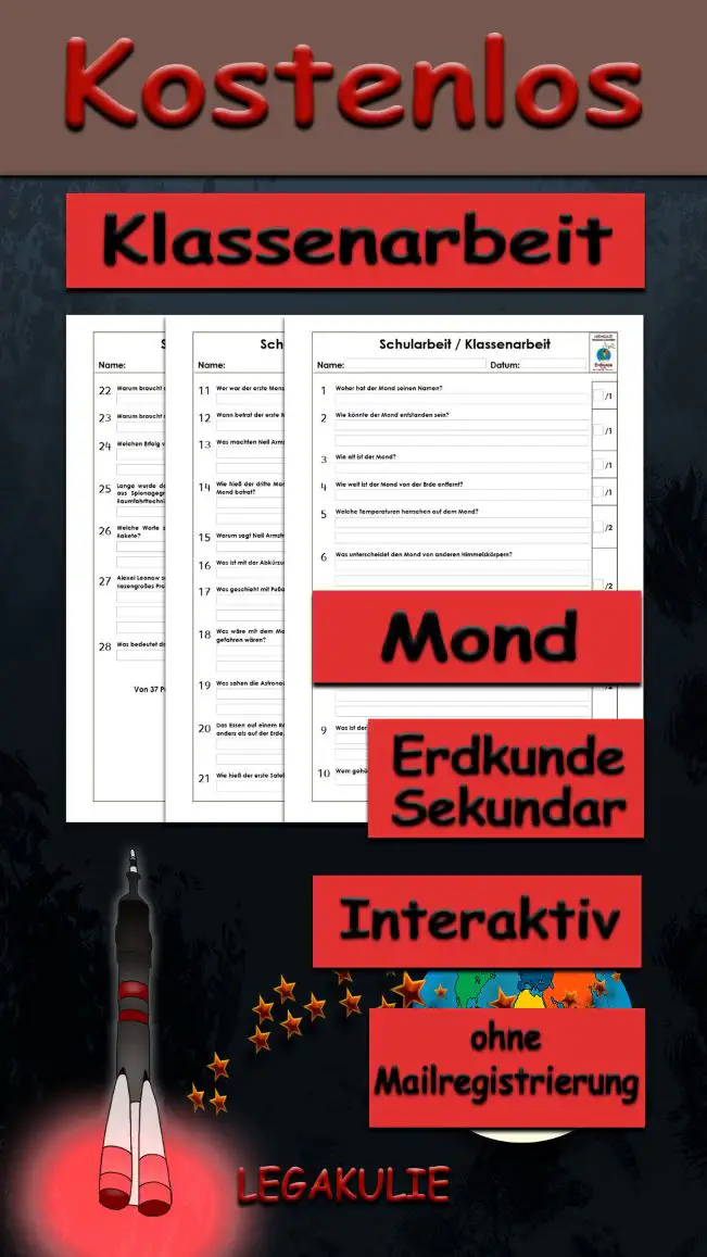 Klassenarbeit Mond Mondlandung Erdkunde - Kostenlos von Legakulie.info. [KLASSENARBEIT] | Mond und Mondlandung – Kostenlose Klassenarbeit und Lernzielkontrolle zum Thema Weltraum auf Legakulie.info | 1. Woher hat der Mond seinen Namen? | 2. Wie könnte der Mond entstanden sein? | 3. Wie alt ist der Mond? | 4. Wie weit ist der Mond von der Erde entfernt? | 5. Welche Temperaturen herrschen auf dem Mond? | 6. Was unterscheidet den Mond von anderen Himmelskörpern? | 7. Gibt es Leben auf dem Mond? | 8. Erkläre was bei einer Mondfinsternis passiert? | 9. Was ist der Unterschied zwischen einem Mond und einem Planeten? | 10. Wem gehören die Grundstücke auf dem Mond? | 11. Wer war der erste Mensch im Weltraum? | 12. Wann betrat der erste Mensch den Mond? | 13. Was machten Neil Armstrong und Buzz Aldrin auf dem Mond? | 14. Wie hieß der dritte Mann, der bei der ersten Mondlandung dabei war, aber nicht den Mond betrat? | 15. Warum sagt Neil Armstrong "Der ADLER ist gelandet"? | 16. Was ist mit der Abkürzung LRV im Zusammenhang mit der US-Mondforschung gemeint? | 17. Was geschieht mit Fußabdrücken auf der Mondoberfläche? | 18. Was wäre mit dem Mondauto geschehen, wenn die Astronauten auf der Erde damit gefahren wären? | 19. Was sahen die Astronauten von Apollo 8 als erste? | 20. Das Essen auf einem Raumflug gestaltet sich wegen der Schwerelosigkeit ein bisschen anders als auf der Erde. Warum gibt es im Raumschiff kein Brot? | 21. Wie hieß der erste Satellit, der in eine Erdumlaufbahn gebracht wurde? | 22. Warum braucht die Raumkapsel einen Hitzeschild? | 23. Warum braucht man bei der Reise zum Mond mehrstufige Raketen? | 24. Welchen Erfolg verzeichnete die Besatzung von „Apollo 8“? | 25. Lange wurde der Name des Chefkonstrukteurs des russischen Raumfahrtprogramms aus Spionagegründen geheim gehalten. Wie hieß die Nummer 1 der russischen Raumfahrttechnik? | 26. Welche Worte sendete der russische Astronaut Juri Gagarin aus der abhebenden Rakete? | 27. Alexei Leonow schwebte als erster Mensch 1965 frei im Weltraum. Am Ende hatte er ein riesengroßes Problem: Er konnte kaum mehr in die Kapsel. Warum? | 28. Was bedeutet das Wort "Astronaut"?