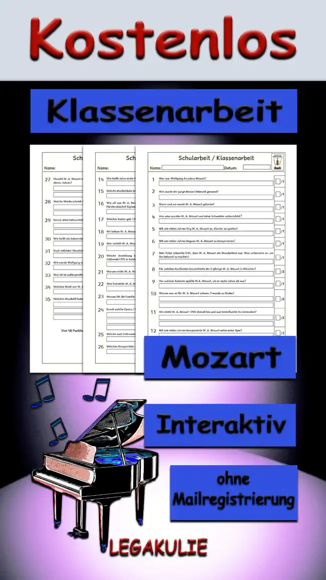Klassenarbeit Mozart 3./4.Klasse Musik - Kostenlos von Legakulie.info [KLASSENARBEIT] | Wolfgang Amadeus Mozart – Klassenarbeit (Master-Lösung für Lehrer) | 1. Wer war Wolfgang Amadeus Mozart? | Lösung: W. A. Mozart war ein Salzburger Musiker und Komponist der Wiener Klassik. | 2. Wie wurde der junge Mozart liebevoll genannt? | Lösung: Er wurde „Wolferl“ genannt. | 3. Wann und wo wurde W. A. Mozart geboren? | Lösung: Er wurde am 27. Januar 1756 in Salzburg geboren. | 4. Von wem wurden W. A. Mozart und seine Schwester unterrichtet? | Lösung: Sie wurden von ihrem Vater unterrichtet. | 5. Mit wie vielen Jahren fing W. A. Mozart an, Klavier zu spielen? | Lösung: Er fing mit vier Jahren damit an. | 6. Mit wie vielen Jahren begann W. A. Mozart zu komponieren? | Lösung: Er begann im Alter von fünf Jahren damit. | 7. Sein Vater erkannte früh, dass W. A. Mozart ein Wunderkind war. Was unternahm er, um ihn bekannt zu machen? | Lösung: Er reiste mit ihm, um ihn in Europa bekannt zu machen. | 8. Für welchen Kurfürsten konzertierte der 6-jährige W. A. Mozart in München? | Lösung: Das war für den Kurfürsten Maximilian III. | 9. Vor welcher Kaiserin spielte W.A. Mozart, als er sechs Jahre alt war? | Lösung: Er spielte vor der österreichischen Kaiserin Maria Theresia. | 10. Warum war es für W. A. Mozart schwer, Freunde zu finden? | Lösung: Er reiste mit sechs Jahren durchs Land, um für Kaiser und Könige zu spielen. Er war viele Tage unterwegs, dadurch war es für ihn schwer, Freunde zu finden. | 11. Wo reiste W. A. Mozart 1764 überall hin und was beeinflusste ihn besonders? | Lösung: Er reiste nach Wien, Paris, Amsterdam, London und Italien und die italienische Musik beeinflusste ihn besonders. | 12. Mit wie vielen Jahren komponierte W. A. Mozart seine erste Oper? | Lösung: Er komponierte sie mit neun Jahren. | 13. An welchem Vorbild orientierte sich W. A. Mozart, als er seine ersten Sonaten für Klavier und Violine und erste Symphonien schrieb? | Lösung: Er orientierte sich an seinem Vorbild Johann Sebastian Bach. | 14. Wie heißt seine erste Oper? | Lösung: Sie heißt „Apollo und Hyacinthus“. | 15. Welche Musikstücke komponierte Mozart mit fünf und neun Jahren? | Lösung: Mit fünf Jahren komponierte er ein Menuett und mit neun Jahren Symphonien. | 16. Wie alt war W. A. Mozart, als er 1767 seinen ersten bezahlten Kompositionsauftrag vom Fürsterzbischof Sigismund erhielt? | Lösung: Er war elf Jahre alt. | 17. Welcher Kaiser gab 1768 die Oper „La finta semplice“ in Auftrag? | Lösung: Das war Kaiser Joseph II. | 18. Wo bekam W. A. Mozart 1769 eine Anstellung als Komponist, Musiker und Dirigent? | Lösung: Das bekam er beim Erzbischof in Salzburg. | 19. Wer verlieh W. A. Mozart 1770 den „Orden vom goldenen Sporn“? | Lösung: Das war Papst Klemens XIV. | 20. Welche Anstellung bekam W. A. Mozart unter dem Erzbischof Hieronymus Graf Colloredo 1772 in Salzburg? | Lösung: Er wurde Konzertmeister der Salzburger Hofkapelle. | 21. Warum reiste W. A. Mozart 1777 mit seiner Mutter nach Paris? | Lösung: W. A. Mozart hoffte, dort eine Anstellung zu finden. | 22. Wen heiratete W. A. Mozart 1782? | Lösung: Er heiratete die Sängerin Constanze Weber. | 23. Warum litt die Familie oft an Geldproblemen? | Lösung: W. A. Mozart verdient zwar viel Geld, aber er gab es auch wieder großzügig aus. | 24. Durch welche Opern / Singspiele wurde W. A. Mozart endgültig berühmt? | Lösung: Das war durch „Die Entführung aus dem Serail“, „Die Hochzeit des Figaro“ und „Don Giovanni“. | 25. Welche zwei Instrumente spielte W. A. Mozart perfekt? | Lösung: Das waren das Klavier und die Geige. | 26. Welchen Komponisten unterrichtete W. A. Mozart 1787 in Wien? | Lösung: Das war der 16-jährige Ludwig van Beethoven. | 27. Obwohl W. A. Mozart sehr krank war, komponierte er weiter. Welche Werke entstanden in diesen Jahren? | Lösung: Das waren ein Klavierkonzert, die Oper „Die Zauberflöte“ und die Totenmesse, das „Requiem“. | 28. Welche Werke schrieb W. A. Mozart im Laufe seines Lebens? | Lösung: Er schrieb mehr als 20 Opern, mehr als 50 Symphonien, 27 Klavierkonzerte, 5 Violinkonzerte, 19 Messen und mehrere andere größere und kleinere Werke. | 29. Nenne seine bekanntesten Werke! | Lösung: Das sind „Die kleine Nachtmusik“ sowie die Opern „Die Zauberflöte“, „Die Hochzeit des Figaro“ und „Don Giovanni“. | 30. Wie heißt ein bekanntes Frühlingslied von W. A. Mozart? | Lösung: Das ist „Komm lieber Mai und mache“. | 31. Nach welchem Verzeichnis werden die Werke Mozarts zitiert? | Lösung: Sie werden nach dem Köchel-Verzeichnis zitiert. | 32. Wie wurde Wolfgang wegen seines Talentes noch genannt? | Lösung: Er wurde noch „das Wunderkind“ genannt. | 33. Was ist so außergewöhnlich an W. A. Mozarts letzter Symphonie, „Jupiter“? | Lösung: Sie verbindet die klassische und barocke Kompositionsweise. | 34. Welches Werk von W. A. Mozart nennt man „die Oper der Opern“? | Lösung: Das ist die Oper „Don Giovanni“. | 35. Welchen Musikstil haben Mozarts Werke? | Lösung: Sie vereinen alle musikalischen Stile und Gattungen seiner Zeit, von der einfachen Gebrauchsmusik zur gesellschaftlichen Unterhaltungsmusik bis zu Werken von innerem Beziehungsreichtum.