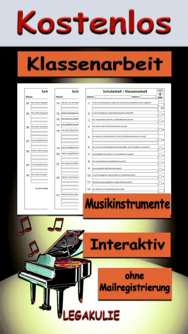 Klassenarbeit Musikinstrumente 3./4.Klasse Musik - Kostenlos von Legakulie.info [KLASSENARBEIT] | Instrumentenkunde – Klassenarbeit zur Musik (Master-Lösung für Lehrer) | 1. In welche fünf Kategorien werden die verschiedenen Musikinstrumente aufgeteilt? | Lösung: Sie werden in Blasinstrumente, Saiteninstrumente, Schlag- und Rhythmusinstrumente, Tasteninstrumente und Elektronische Instrumente aufgeteilt. | 2. In welche Kategorien werden Blasinstrumente unterteilt? | Lösung: Sie werden in Holz- und Blechblasinstrumente unterteilt. | 3. Wie unterscheiden sich Holz- und Blechblasinstrumente? | Lösung: Sie unterscheiden sich durch ihre Mundstücke. | 4. Wie werden Töne bei Blasinstrumenten erzeugt? | Lösung: Durch Anblasen wird die im Instrument befindliche Luftsäule in Schwingungen versetzt. Dadurch entsteht ein Ton. | 5. Wie werden die unterschiedlichen Töne bei Holzblasinstrumenten erzeugt? | Lösung: Indem man mit den Fingern oder mit Hilfe von Klappen die Luftlöcher verschließt, kann man die Länge der Luftsäule variieren und es entstehen unterschiedliche Töne. | 6. Wie nennt man bei Holzinstrumenten die Knöpfe, die die Tonhöhe verändern? | Lösung: Man nennt sie Grifflöcher. | 7. Warum gehört das Saxofon zu den Holzblasinstrumenten? | Lösung: Es gehört dazu, weil der Ton durch ein schwingendes Rohrblatt erzeugt wird. | 8. Wie unterscheidet man Blechblasinstrumente? | Lösung: Man unterscheidet zwischen Horn- und Trompeteninstrumenten. | 9. Woraus bestehen Blechblasinstrumente? | Lösung: Sie bestehen aus sehr langen, gebogenen Röhren, auf die ein Mundstück gesetzt ist. | 10. In welche Kategorien unterscheidet man Saiteninstrumente? | Lösung: Man unterscheidet sie in Streich- und Zupfinstrumente. | 11. Welche Instrumente gehören zu einem Streichquartett? | Lösung: Das sind Kontrabass, Geige, Bratsche und Cello. | 12. Wie entstehen bei Saiteninstrumenten Töne? | Lösung: Es werden Schwingungen durch die eigene Hand, einen Stab oder einen Streichbogen verursacht und dadurch entsteht ein Ton. | 13. Welches ist das kleinste Streichinstrument? | Lösung: Das ist die Violine. | 14. Wie kann man den tiefsten Ton einer Saite erzeugen? | Lösung: Man kann ihn erzeugen, wenn sie „leer“ angestrichen wird, also frei vom Sattel bis zum Steg schwingen kann. | 15. Welches Streichinstrument kann man im Stehen und im Sitzen spielen? | Lösung: Das sind die Viola und die Violine. | 16. Wie werden bei Zupfinstrumenten Töne erzeugt? | Lösung: Die Saiten müssen angerissen werden, um einen Ton zu erzeugen. | 17. Nenne Zupfinstrumente! | Lösung: Die Gitarre, die Harfe, das Cembalo und die Zither. | 18. Wie werden Töne bei Tasteninstrumenten erzeugt? | Lösung: Sie werden durch das Anschlagen einer Taste erzeugt. Ein Mechanismus wird durch die Bewegung der Taste in Gang gesetzt. Das andere Ende der Wippe hebt sich durch die Wippe. Der Hammer holt Schwung, der Hammerkopf schlägt auf die Saite und die Klaviersaite beginnt zu schwingen, der Ton ist zu hören. | 19. Was ist das älteste Tasteninstrument? | Lösung: Das ist die Orgel. | 20. Welche Orgelpfeife spielt den höheren Ton, die 30 cm oder die 37 cm lange? Begründe! | Lösung: Es ist die 30 cm lange Orgelpfeife. Denn: Je länger der Luftweg, desto tiefer ist der Ton oder je kürzer der Luftweg, desto höher ist der Ton. | 21. Wie werden beim Akkordeon Töne erzeugt? | Lösung: Durch Auseinanderziehen und Zusammendrücken des Diskants und des Basses wird die Luft im Balg durch Stimmstöcke gedrückt und trifft dann auf freischwingende, durchschlagende Zungen. Dadurch entsteht ein Ton. | 22. Welchen Unterschied gibt es zwischen Klavier und Flügel? | Lösung: Beim Flügel schlagen die Hämmer nicht nach vorn, sondern nach oben und die Schwerkraft trägt ihren Teil dazu bei. Lässt man die Tasten los, fallen die Dämpfer und Hämmer von alleine zurück. Beim Klavier verlaufen die Saiten senkrecht und beim Flügel waagerecht. | 23. Welche Funktion haben die Pedale beim Klavier? | Lösung: Wird das rechte Pedal gedrückt, klingt der angeschlagene Ton länger nach. Wird das linke Pedal gedrückt, bleibt der Ton so lange leise, wie das Pedal gedrückt ist. Lässt man das mittlere Pedal einrasten, klingt das Klavier gedämpft. | 24. Wozu dienen Schlaginstrumente? | Lösung: Sie dienen zur Erzeugung von rhythmischen Strukturen, von Geräuschen und Klangfarben. | 25. Wie werden Schlaginstrumente unterschieden? Nenne jeweils ein Beispiel! | Lösung: Sie werden in Instrumente mit bestimmter und mit unbestimmter Tonhöhe unterscheidet. Bestimmte Tonhöhe: Gong, Pauke, Xylophon, Glocken, Celesta und Glockenspiel. Unbestimmte Tonhöhe: Trommel, Tam-Tam, Triangel, Becken, Tamburin und Ratsche. | 26. Wie werden Schlaginstrumente zum Schwingen gebracht? | Lösung: Sie werden mit Hämmern, Schlägeln und auch mit den Händen auf einer straffen Haut, auf einem metallischen Gegenstand oder auf einem hölzernen Gegenstand zum Schwingen gebracht. | 27. Woraus besteht das Schlagzeug? | Lösung: Es besteht aus mit Kunststofffellen bespannten Trommelkesseln, Metallscheiben (Becken), Pedalen und einem Ständer. | 28. Welchen Unterschied gibt es zwischen Trommel und Pauke? | Lösung: Bei der Pauke kann die Tonhöhe genau festgelegt werden, indem man das Fell lockert oder spannt. Wird es stärker gespannt, wird der Ton höher. Die Pauke besitzt nur eine Schlagfläche. | 29. Woraus besteht das Xylophon? | Lösung: Es besteht aus einem Rahmen, auf dem Holzplättchen befestigt sind, die auf verschiedene Töne gestimmt sind. | 30. Was ist eine Triangel? | Lösung: Das ist ein Metalldreieck, das an einer Ecke offen ist und mit einem Metallstab zum Klingen gebracht wird.