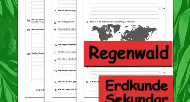 Klassenarbeit Regenwald Erdkunde - Kostenlos von Legakulie.info. [KLASSENARBEIT] | Tropischer Regenwald – Kostenlose Klassenarbeit und Lernzielkontrolle zum Thema Ökosystem und Stockwerkbau auf Legakulie.info | 1. Warum heißt der Regenwald „Regenwald“? | 2. Warum wird der tropische Regenwald auch „die Lunge der Welt“ genannt? | 3. Zeichne in die Weltkarte die Tropischen Regenwälder ein! Stand 2018 | 4. Auf welchen Kontinenten findet man kleine Regenwaldflächen? | 5. Gibt es in Europa tropische Regenwälder? Begründe! | 6. Warum wird das Klima des Regenwalds als Tageszeitenklima bezeichnet? | 7. Wie viel Niederschlag fällt dort im Durchschnitt im Jahr? | 8. Was sind Epiphyten? | 9. Warum enthalten die tropischen Böden kaum Nährstoffe? | 10. Wie sorgen die Pflanzen dafür, dass das Regenwasser schnell abläuft? | 11. Welche Bäume wachsen im Regenwald? Nenne 3! | 12. Was wird aus den Kautschukbäumen gewonnen? | 13. Wie schützen sich die Bäume vor dem Umfallen bei Starkwinden? | 14. Wie viele Tierarten gibt es in den tropischen Regenwäldern? | 15. Wie viel Prozent aller Tiere und Pflanzen der Erde livem im Tropischen Regenwald? | 16. Wie wird der starken Regen, der jeden Nachmittag auf den Regenwald niederprasselt, genannt? | 17. Erkläre den Nährstoffkreislauf des tropischen Regenwaldes! | 18. Wie viel Prozent der Nährstoffe des tropischen Regenwaldes halten sich in der lebenden Vegetation? | 19. Warum hat der tropische Wald einen Einfluss auf das Klima der restlichen Welt? | 20. Welchen Unterschied gibt es zwischen dem tropischen Regenwald und unserem Wald?