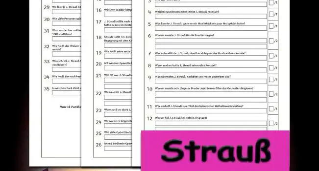 Klassenarbeit Strauß 3./4.Klasse Musik - Kostenlos von Legakulie.info [KLASSENARBEIT] | Johann Strauß – Klassenarbeit (Master-Lösung für Lehrer) | 1. Wer war Johann Strauß? | Lösung: J. Strauß war ein österreichisch-deutscher Kapellmeister und Komponist. | 2. Wann und wo wurde J. Strauß geboren? | Lösung: Er wurde am 25. Oktober 1825 in St. Ulrich bei Wien geboren. | 3. Wer war sein Vater? | Lösung: Sein Vater war Johann Strauß, ein Kapellmeister und Komponist. | 4. Welches Musikinstrument lernte J. Strauß heimlich? | Lösung: Er lernte, die Geige zu spielen. | 5. Was konnte J. Strauß, wenn er ein Musikstück ein paar Mal gehört hatte? | Lösung: Er konnte es auswendig auf dem Klavier nachspielen. | 6. Warum musste J. Strauß für die Familie sorgen? | Lösung: Das musste er, weil er der Älteste war und sein Vater mit der Familie gebrochen hatte. | 7. Wer unterstützte J. Strauß, damit er sich ganz der Musik widmen konnte? | Lösung: Das war seine Mutter Anna. | 8. Wann und wo hatte J. Strauß sein erstes Konzert? | Lösung: Das hatte er am 15. Oktober 1844 im Casino Dommayer in Hietzing. | 9. Was übernahm J. Strauß, nachdem sein Vater gestorben war? | Lösung: Er übernahm dessen Orchester und vereinigte es mit seinem. | 10. Warum musste sein jüngerer Bruder Josef immer öfter das Orchester dirigieren? | Lösung: Das musste er, weil J. Strauß wegen der Auftragsflut zusammengebrochen war und in ein Sanatorium musste. | 11. Wer verhalf J. Strauß zum Titel des kaiserlichen Hofballmusikdirektors? | Lösung: Das war seine Frau Henriette Treffz. | 12. Warum fiel J. Strauß bei Hofe in Ungnade? | Lösung: Das fiel er, weil er sich aktiv an der Revolution 1848 beteiligt hatte. Er schrieb den „Revolutionsmarsch“ und den „Freiheitslieder-Walzer“. | 13. Welche Aufgabe hatte J. Strauß als Hofballmusikdirektor? | Lösung: Er musste alle Hofbälle leiten. | 14. Warum rang sich Kaiser Franz Joseph I. durch und ernannte J. Strauß doch noch zum Hofballmusikdirektor? | Lösung: Das musste er, weil die Popularität von J. Strauß immer mehr zunahm und die Menschen seine Musik liebten. | 15. Er arbeitete bis 1872 als Hofballmusikdirektor. Was erhielt er für diese Arbeit? | Lösung: Er erhielt dafür den Franz-Joseph-Orden. | 16. Welchen Walzer komponierte J. Strauß in den Jahren 1866 und 1867? | Lösung: Er komponierte den Walzer „An der schönen blauen Donau“. | 17. J. Strauß sollte nach einer Einladung auf der Pariser Weltausstellung 1867 spielen, jedoch hatte er kein Orchester dabei. Was machte er? | Lösung: Er lieh sich ein preußisches Orchester aus. | 18. Strauß hatte bis dahin nur Tanzmusik komponiert. Womit beschäftigte er sich nach einer Begegnung mit dem Komponisten Jacques Offenbach? | Lösung: Er beschäftigte sich mit Operetten. | 19. Wie heißt seine erste Operette? | Lösung: Das ist „Indigo und die 40 Räuber“. | 20. Mit welcher Operette hatte er einen überwältigenden Erfolg? | Lösung: Das war mit der Operette „Die Fledermaus“. | 21. Wie oft war J. Strauß verheiratet? | Lösung: Er war 3 Mal verheiratet. Seine erste Frau Henriette verstarb 1878, seine zweite Frau Angelika Dittrich verließ ihn 1882 und die dritte war Adele. | 22. Was musste J. Strauß für die Heirat mit Adele aufgeben? | Lösung: Er musste die österreichische Staatsbürgerschaft und den katholischen Glauben aufgeben und zum evangelisch-lutherischen Glauben übertreten. | 23. Wann und wo starb J. Strauß? | Lösung: Er starb am 3. Juni 1899 in Wien. | 24. Wo wurde er beigesetzt? | Lösung: Er wurde in einem Ehrengrab auf dem Wiener Zentralfriedhof beigesetzt. | 25. Wie viele Operetten komponierte J. Strauß? | Lösung: Er komponierte etwa zwanzig Operetten. | 26. Nenne berühmte Operetten von J. Strauß! | Lösung: „Die Fledermaus“, „Der Zigeunerbaron“, „Eine Nacht in Venedig“ und „Wiener Blut“. | 27. Wie viele Opern komponierte J. Strauß? | Lösung: Er komponierte eine Oper. | 28. Nenne mindestens drei berühmte Werke von J. Strauß! | Lösung: „An der schönen blauen Donau“, „Wein, Weib und Gesang“, „Freuet Euch des Lebens“, „Wo die Zitronen blühen“, „Frühlingsstimmen“ und „Kaiser-Walzer“. | 29. Wo feierte J. Strauß 1884 sein 40-Jahres-Jubiläum als Künstler? | Lösung: Er feierte es wieder beim „Dommayer“. | 30. Wie viele Personen spielten in dem Orchester, das J. Strauß in Boston dirigierte? | Lösung: Es waren 2.000 Personen. | 31. Was wurde ihm anlässlich seines 40-Jahres-Jubiläums als Künstler von der Stadt Wien 1884 verliehen? | Lösung: Ihm wurde das Wiener Bürgerrecht verliehen. | 32. Wie heißt der Walzer von J. Strauß, der nach dem höchsten Mann der Monarchie benannt wurde? | Lösung: Das ist der Kaiser-Walzer. | 33. Was schrieb J. Strauß 1854 zu Ehren der Hochzeit von Kaiser Franz Joseph I. mit Elisabeth von Bayern? | Lösung: Er schrieb den „Myrthenkränze-Walzer“. | 34. Wie heißt der noch heute bekannte Marsch, den sein Vater J. Strauß komponierte? | Lösung: Das ist der Radetzkymarsch. | 35. In welchem Park steht das Johann-Strauß-Denkmal? | Lösung: Es steht im Wiener Stadtpark.