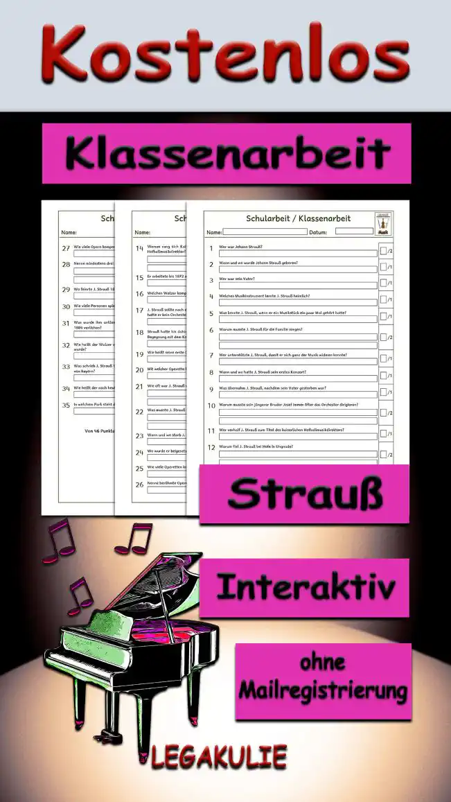 Klassenarbeit Strauß 3./4.Klasse Musik - Kostenlos von Legakulie.info [KLASSENARBEIT] | Johann Strauß – Klassenarbeit (Master-Lösung für Lehrer) | 1. Wer war Johann Strauß? | Lösung: J. Strauß war ein österreichisch-deutscher Kapellmeister und Komponist. | 2. Wann und wo wurde J. Strauß geboren? | Lösung: Er wurde am 25. Oktober 1825 in St. Ulrich bei Wien geboren. | 3. Wer war sein Vater? | Lösung: Sein Vater war Johann Strauß, ein Kapellmeister und Komponist. | 4. Welches Musikinstrument lernte J. Strauß heimlich? | Lösung: Er lernte, die Geige zu spielen. | 5. Was konnte J. Strauß, wenn er ein Musikstück ein paar Mal gehört hatte? | Lösung: Er konnte es auswendig auf dem Klavier nachspielen. | 6. Warum musste J. Strauß für die Familie sorgen? | Lösung: Das musste er, weil er der Älteste war und sein Vater mit der Familie gebrochen hatte. | 7. Wer unterstützte J. Strauß, damit er sich ganz der Musik widmen konnte? | Lösung: Das war seine Mutter Anna. | 8. Wann und wo hatte J. Strauß sein erstes Konzert? | Lösung: Das hatte er am 15. Oktober 1844 im Casino Dommayer in Hietzing. | 9. Was übernahm J. Strauß, nachdem sein Vater gestorben war? | Lösung: Er übernahm dessen Orchester und vereinigte es mit seinem. | 10. Warum musste sein jüngerer Bruder Josef immer öfter das Orchester dirigieren? | Lösung: Das musste er, weil J. Strauß wegen der Auftragsflut zusammengebrochen war und in ein Sanatorium musste. | 11. Wer verhalf J. Strauß zum Titel des kaiserlichen Hofballmusikdirektors? | Lösung: Das war seine Frau Henriette Treffz. | 12. Warum fiel J. Strauß bei Hofe in Ungnade? | Lösung: Das fiel er, weil er sich aktiv an der Revolution 1848 beteiligt hatte. Er schrieb den „Revolutionsmarsch“ und den „Freiheitslieder-Walzer“. | 13. Welche Aufgabe hatte J. Strauß als Hofballmusikdirektor? | Lösung: Er musste alle Hofbälle leiten. | 14. Warum rang sich Kaiser Franz Joseph I. durch und ernannte J. Strauß doch noch zum Hofballmusikdirektor? | Lösung: Das musste er, weil die Popularität von J. Strauß immer mehr zunahm und die Menschen seine Musik liebten. | 15. Er arbeitete bis 1872 als Hofballmusikdirektor. Was erhielt er für diese Arbeit? | Lösung: Er erhielt dafür den Franz-Joseph-Orden. | 16. Welchen Walzer komponierte J. Strauß in den Jahren 1866 und 1867? | Lösung: Er komponierte den Walzer „An der schönen blauen Donau“. | 17. J. Strauß sollte nach einer Einladung auf der Pariser Weltausstellung 1867 spielen, jedoch hatte er kein Orchester dabei. Was machte er? | Lösung: Er lieh sich ein preußisches Orchester aus. | 18. Strauß hatte bis dahin nur Tanzmusik komponiert. Womit beschäftigte er sich nach einer Begegnung mit dem Komponisten Jacques Offenbach? | Lösung: Er beschäftigte sich mit Operetten. | 19. Wie heißt seine erste Operette? | Lösung: Das ist „Indigo und die 40 Räuber“. | 20. Mit welcher Operette hatte er einen überwältigenden Erfolg? | Lösung: Das war mit der Operette „Die Fledermaus“. | 21. Wie oft war J. Strauß verheiratet? | Lösung: Er war 3 Mal verheiratet. Seine erste Frau Henriette verstarb 1878, seine zweite Frau Angelika Dittrich verließ ihn 1882 und die dritte war Adele. | 22. Was musste J. Strauß für die Heirat mit Adele aufgeben? | Lösung: Er musste die österreichische Staatsbürgerschaft und den katholischen Glauben aufgeben und zum evangelisch-lutherischen Glauben übertreten. | 23. Wann und wo starb J. Strauß? | Lösung: Er starb am 3. Juni 1899 in Wien. | 24. Wo wurde er beigesetzt? | Lösung: Er wurde in einem Ehrengrab auf dem Wiener Zentralfriedhof beigesetzt. | 25. Wie viele Operetten komponierte J. Strauß? | Lösung: Er komponierte etwa zwanzig Operetten. | 26. Nenne berühmte Operetten von J. Strauß! | Lösung: „Die Fledermaus“, „Der Zigeunerbaron“, „Eine Nacht in Venedig“ und „Wiener Blut“. | 27. Wie viele Opern komponierte J. Strauß? | Lösung: Er komponierte eine Oper. | 28. Nenne mindestens drei berühmte Werke von J. Strauß! | Lösung: „An der schönen blauen Donau“, „Wein, Weib und Gesang“, „Freuet Euch des Lebens“, „Wo die Zitronen blühen“, „Frühlingsstimmen“ und „Kaiser-Walzer“. | 29. Wo feierte J. Strauß 1884 sein 40-Jahres-Jubiläum als Künstler? | Lösung: Er feierte es wieder beim „Dommayer“. | 30. Wie viele Personen spielten in dem Orchester, das J. Strauß in Boston dirigierte? | Lösung: Es waren 2.000 Personen. | 31. Was wurde ihm anlässlich seines 40-Jahres-Jubiläums als Künstler von der Stadt Wien 1884 verliehen? | Lösung: Ihm wurde das Wiener Bürgerrecht verliehen. | 32. Wie heißt der Walzer von J. Strauß, der nach dem höchsten Mann der Monarchie benannt wurde? | Lösung: Das ist der Kaiser-Walzer. | 33. Was schrieb J. Strauß 1854 zu Ehren der Hochzeit von Kaiser Franz Joseph I. mit Elisabeth von Bayern? | Lösung: Er schrieb den „Myrthenkränze-Walzer“. | 34. Wie heißt der noch heute bekannte Marsch, den sein Vater J. Strauß komponierte? | Lösung: Das ist der Radetzkymarsch. | 35. In welchem Park steht das Johann-Strauß-Denkmal? | Lösung: Es steht im Wiener Stadtpark.