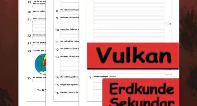 Klassenarbeit Vulkan Erdkunde - Kostenlos von Legakulie.info. [KLASSENARBEIT] | Vulkane – Kostenlose Klassenarbeit und Lernzielkontrolle zum Thema Vulkanismus und Eruptionen auf Legakulie.info | 1. Was ist ein Vulkan? | 2. Erkläre, wie Vulkane entstehen! | 3. Wann spricht man von einem Vulkanausbruch? | 4. Welche Vulkanarten gibt es? | 5. Erkläre den Begriff „Asche“! | 6. Welche Vulkanarten unterscheidet man? | 7. In welchen europäischen Staaten gibt es Vulkane? | 8. Wie viele Vulkane gibt es auf der Erde? | 9. Wo treten häufig Vulkane, Erdbeben und Seebeben auf? | 10. In welchen Gebieten treten besonders häufig Vulkane auf? | 11. Wie viele aktive Vulkane gibt es auf der Erde? | 12. Wie heißt der aktivste Vulkan im südlichen Island? | 13. Wo liegen die Vulkanzonen? | 14. Wie heißt die größte Insel der Welt, die vulkanischen Ursprungs ist? | 15. Wo gibt es die größten Schildvulkane? | 16. Welcher Vulkan ist der höchste und auch aktivste Vulkan Europas? | 17. Wo befindet sich der Vulkan Vesuv? | 18. Wie lange würde die Rettung der Menschen um den Vesuv dauern? | 19. 1980 ist ein Vulkan mit einer riesigen Pilzwolke aus Asche und Gas ausgebrochen. Welcher Vulkan war das? | 20. Welcher Vulkan in Island bricht ziemlich regelmäßig alle 10 Jahre aus? | 21. Wann kann es zu einer Explosion beim Vulkan kommen? | 22. Nenne ein anders Wort für den Ausbruch eines Vulkans? | 23. Wie wird das flüssige Gestein im Vulkan genannt? | 24. Beschrifte den Aufbau der Erde! | 25. Wie werden Vulkanforscher genannt?