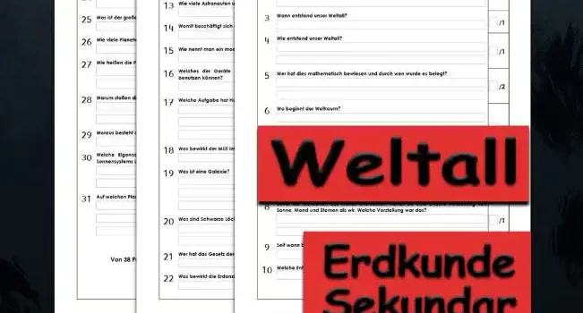 Klassenarbeit Weltall Erdkunde - Kostenlos von Legakulie.info. [KLASSENARBEIT] | Weltall und Planeten – Kostenlose Klassenarbeit und Lernzielkontrolle zum Thema Universum und Sonnensystem auf Legakulie.info | 1. Das Weltall hat noch viele weitere Namen. Nenne zwei davon! | 2. Was ist der Weltraum? | 3. Wann entstand unser Weltall? | 4. Wie entstand unser Weltall? | 5. Wer hat dies mathematisch bewiesen und durch wen wurde es belegt? | 6. Wo beginnt der Weltraum? | 7. Wie werden große Entfernungen im Weltraum gemessen? | 8. Bevor die Menschen das Weltall erforschten, hatten sie eine andere Vorstellung von Sonne Mond und Sternen als wir. Welche Vorstellung war das? | 9. Seit wann betreiben die Menschen Himmelsforschung? | 10. Welche Entdeckung machten Astronome im Jahre 1998? | 11. Im welchem Jahr reiste der erste Mensch in das Weltall? | 12. Welches Lebewesen war als erstes im All? | 13. Wie viele Astronauten und Kosmonauten waren bisher im Weltall? | 14. Womit beschäftigt sich die Kosmologie? | 15. Wie nennt man ein modernes Fernrohr? | 16. Welches der Geräte zählt zu den stärksten Teleskopen, die Astronomen derzeit benutzen können? | 17. Welche Aufgabe hat Hubble? | 18. Was bewirkt der Müll im Weltall? | 19. Was ist eine Galaxie? | 20. Was sind Schwarze Löcher? | 21. Wer hat das Gesetz der universellen Schwerkraft formuliert? | 22. Was bewirkt die Erdanziehungskraft? | 23. Was sind Kometen? | 24. Wie alt ist unser Sonnensystem? | 25. Was ist der große Unterschied zwischen Sternen und Planeten? | 26. Wie viele Planeten hat unser Sonnensystem? | 27. Wie heißen die Planeten? | 28. Warum stoßen die Planeten nicht zusammen? | 29. Woraus besteht der Erdkern? | 30. Welche Eigenschaften hat die Erde, die sie von den übrigen Planeten unseres Sonnensystems unterscheidet? | 31. Auf welchen Planeten gibt es flüssiges Wasser?
