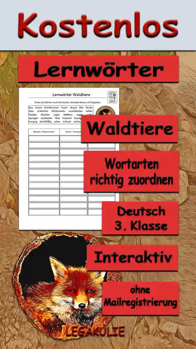 Lernwörter Waldtiere Deutsch - Kostenlos von Legakulie.info