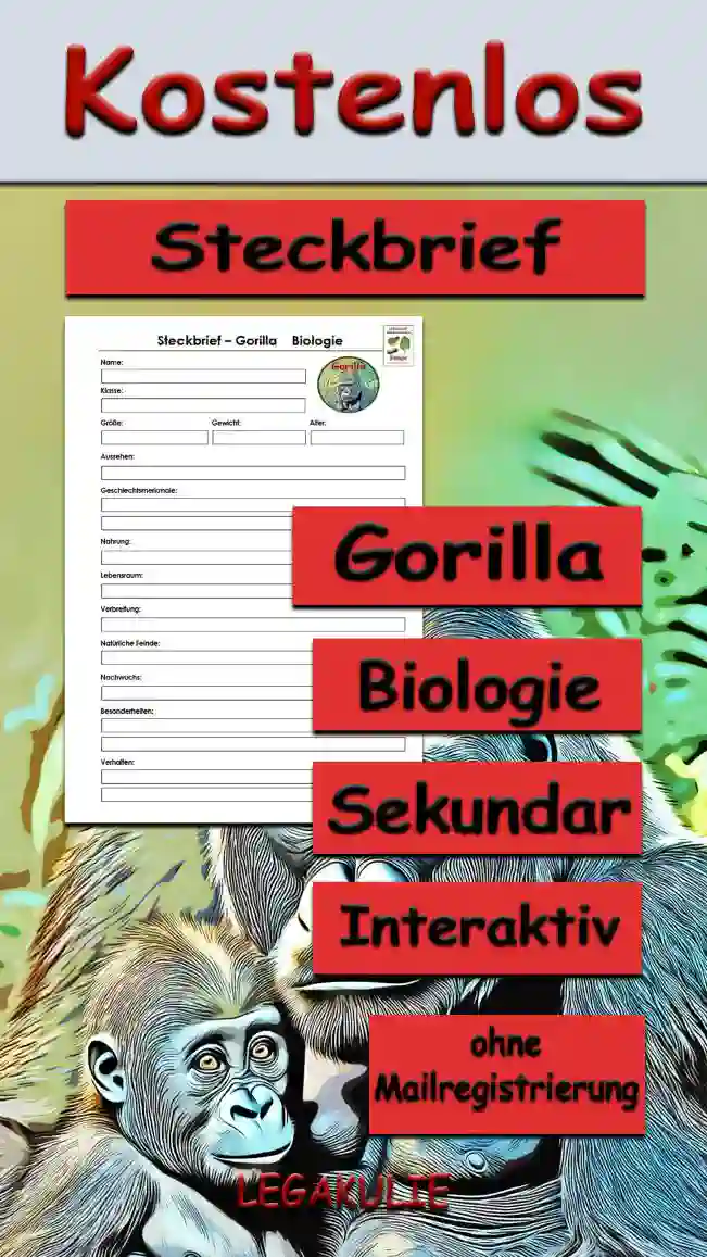 Steckbrief Gorilla Sekundar Unterrichtsmaterial - Kostenlos von Legakulie.info