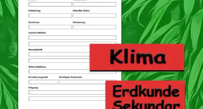 Steckbrief Klima Erdkunde - Kostenlos von Legakulie.info [STECKBRIEF] | Name: Das Erdklima | Beiname: Schutzschild des Lebens | Zentrum: Die Erdatmosphäre (Lufthülle) | Messzeitraum: Durchschnittliche Wetterwerte über mindestens 30 Jahre | Entstehung: Natürlicher Treibhauseffekt seit Millionen von Jahren | Aktueller Status: Globale Erwärmung („Die Erde hat Fieber“) | Bündnisse: Das Pariser Klimaabkommen (weltweiter Schutzpakt) | Gliederung: Verschiedene Klimazonen (von Polarklima bis Tropen) | Landschaftsbild: Geprägt durch Temperatur, Niederschlag und Wind | Besonderheit: Ohne Klimaeffekt wäre die Erde ein Eisklumpen (-18 °C) | Wirtschaftsfokus: Energiewende (Weg von Kohle und Öl, hin zu Sonne und Wind) | Bevölkerungszahl: Betrifft alle 8 Milliarden Menschen auf der Erde | Wichtigste Merkmale: CO2-Gehalt der Luft / Schmelzende Gletscher | Prägung: Zusammenspiel von Sonne, Ozeanen und Treibhausgasen