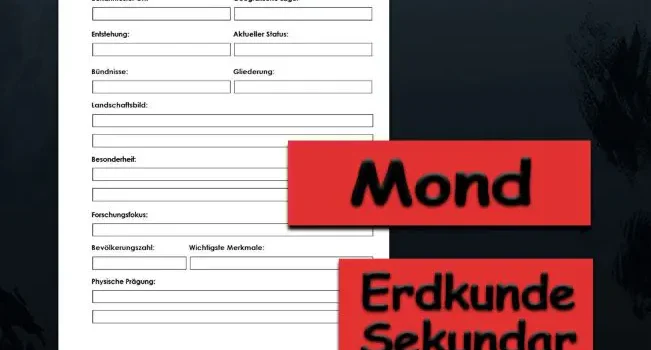 Steckbrief Mond Erdkunde - Kostenlos von Legakulie.info [STECKBRIEF] | Name: Der Mond (Erdtrabant) | Beiname: Der „stille Begleiter“ der Erde | Bekanntester Ort: Das „Meer der Ruhe“ (Mare Tranquillitatis – Landeplatz von Apollo 11) | Geografische Lage: Im Weltraum (durchschnittlich 384.400 km von der Erde entfernt) | Entstehung: Vor ca. 4,5 Milliarden Jahren (Meilenstein: Erste Mondlandung 1969) | Aktueller Status: Einziger natürlicher Satellit der Erde | Bündnisse: Internationales Forschungsgebiet (NASA, ESA und viele mehr) | Gliederung: Krater, helle Hochländer und dunkle Tiefebenen (Mondmeere) | Landschaftsbild: Staubige Kraterwüste ohne Wind, Wasser und Luft | Besonderheit: Gebundene Rotation (er zeigt der Erde immer dieselbe Seite) | Forschungsfokus: Suche nach Wassereis an den Polen und Bau einer Mondstation | Bevölkerungszahl: 0 Einwohner (nur vorübergehende Besuche von Astronauten) | Wichtigste Merkmale: Die Mondphasen (Vollmond bis Neumond) / Ebbe und Flut auf der Erde | Physische Prägung: Keine schützende Atmosphäre (extreme Hitze und Kälte)