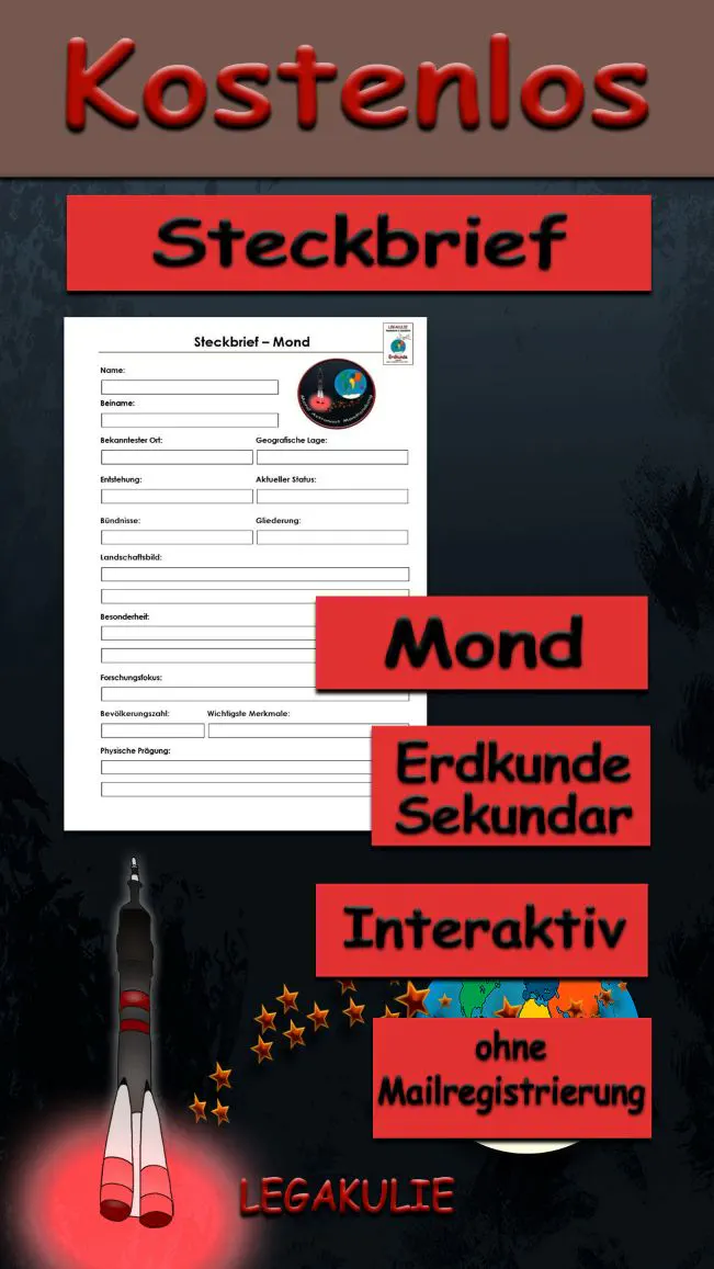 Steckbrief Mond Erdkunde - Kostenlos von Legakulie.info [STECKBRIEF] | Name: Der Mond (Erdtrabant) | Beiname: Der „stille Begleiter“ der Erde | Bekanntester Ort: Das „Meer der Ruhe“ (Mare Tranquillitatis – Landeplatz von Apollo 11) | Geografische Lage: Im Weltraum (durchschnittlich 384.400 km von der Erde entfernt) | Entstehung: Vor ca. 4,5 Milliarden Jahren (Meilenstein: Erste Mondlandung 1969) | Aktueller Status: Einziger natürlicher Satellit der Erde | Bündnisse: Internationales Forschungsgebiet (NASA, ESA und viele mehr) | Gliederung: Krater, helle Hochländer und dunkle Tiefebenen (Mondmeere) | Landschaftsbild: Staubige Kraterwüste ohne Wind, Wasser und Luft | Besonderheit: Gebundene Rotation (er zeigt der Erde immer dieselbe Seite) | Forschungsfokus: Suche nach Wassereis an den Polen und Bau einer Mondstation | Bevölkerungszahl: 0 Einwohner (nur vorübergehende Besuche von Astronauten) | Wichtigste Merkmale: Die Mondphasen (Vollmond bis Neumond) / Ebbe und Flut auf der Erde | Physische Prägung: Keine schützende Atmosphäre (extreme Hitze und Kälte)