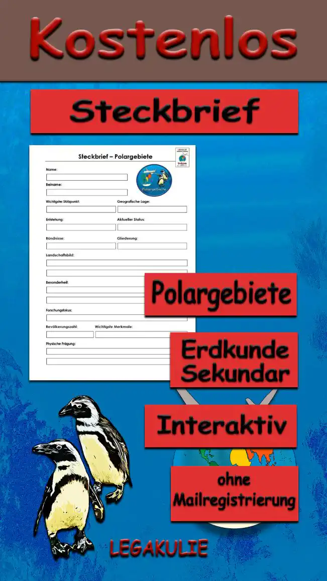 Steckbrief Polargebiete Erdkunde - Kostenlos von Legakulie.info [STECKBRIEF] | Name: Arktis (Norden) und Antarktis (Süden) | Beiname: Das „ewige Eis“ | Wichtigster Stützpunkt: Die Forschungsstation Neumayer III (Antarktis) | Geografische Lage: Die extremen Enden der Erdachse (Nordpol und Südpol) | Entstehung: Seit Jahrmillionen durch gefrorene Wassermassen geprägt | Aktueller Status: Die „Klimaanlagen“ der Erde (stark bedroht durch Schmelze) | Bündnisse: Antarktisvertrag (Friedliche Nutzung und Forschungsschutz) | Gliederung: Packeis, Schelfeis und riesige Inlandeis-Gletscher | Landschaftsbild: Weiße Wüsten, Eisberge und tiefe Ozeane | Besonderheit: Polarnacht (Monate ohne Sonne) und Polartag (Sonne geht nicht unter) | Forschungsfokus: Klimaforschung, Astronomie und Meteorologie | Bevölkerungszahl: Nur Forscher (keine dauerhaften Städte oder Ureinwohner am Südpol) | Wichtigste Merkmale: Das Nordlicht (Aurora Borealis) / Der Albedo-Effekt | Physische Prägung: Extremste Kälte der Erde (bis unter -80 °C am Südpol)