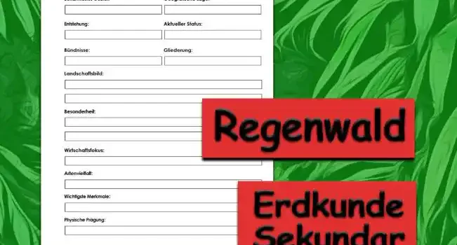 Steckbrief Regenwald Erdkunde - Kostenlos von Legakulie.info [STECKBRIEF] | Name: Tropischer Regenwald | Beiname: Die „Grüne Lunge“ der Erde | Bekanntestes Gebiet: Das Amazonas-Becken in Südamerika | Geografische Lage: Entlang des Äquators (Tropen) | Entstehung: Seit Millionen von Jahren stabiles, feuchtwarmes Klima | Aktueller Status: Akut gefährdet durch Abholzung und Brandrodung | Bündnisse: Internationales Tropenholz-Abkommen / Regenwald-Schutzorganisationen | Gliederung: Stockwerkbau (Boden, Strauchschicht, Kronendach, Überständer) | Landschaftsbild: Undurchdringliches Grün, riesige Flusssysteme und dichte Lianen | Besonderheit: Täglicher Regen und extrem hoher Nährstoffkreislauf | Wirtschaftsfokus: Gewinnung von Medizin, Früchten und Kautschuk (nachhaltig) | Artenvielfalt: Beherbergt mehr als die Hälfte aller Tier- und Pflanzenarten weltweit | Wichtigste Merkmale: Gigantische Artenvielfalt / Hohe Luftfeuchtigkeit | Physische Prägung: Konstanter „Tageszeitenklima“ (immer warm und feucht)