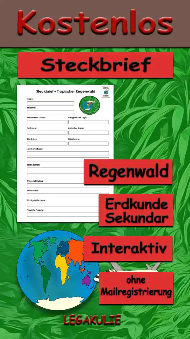 Steckbrief Regenwald Erdkunde - Kostenlos von Legakulie.info [STECKBRIEF] | Name: Tropischer Regenwald | Beiname: Die „Grüne Lunge“ der Erde | Bekanntestes Gebiet: Das Amazonas-Becken in Südamerika | Geografische Lage: Entlang des Äquators (Tropen) | Entstehung: Seit Millionen von Jahren stabiles, feuchtwarmes Klima | Aktueller Status: Akut gefährdet durch Abholzung und Brandrodung | Bündnisse: Internationales Tropenholz-Abkommen / Regenwald-Schutzorganisationen | Gliederung: Stockwerkbau (Boden, Strauchschicht, Kronendach, Überständer) | Landschaftsbild: Undurchdringliches Grün, riesige Flusssysteme und dichte Lianen | Besonderheit: Täglicher Regen und extrem hoher Nährstoffkreislauf | Wirtschaftsfokus: Gewinnung von Medizin, Früchten und Kautschuk (nachhaltig) | Artenvielfalt: Beherbergt mehr als die Hälfte aller Tier- und Pflanzenarten weltweit | Wichtigste Merkmale: Gigantische Artenvielfalt / Hohe Luftfeuchtigkeit | Physische Prägung: Konstanter „Tageszeitenklima“ (immer warm und feucht)