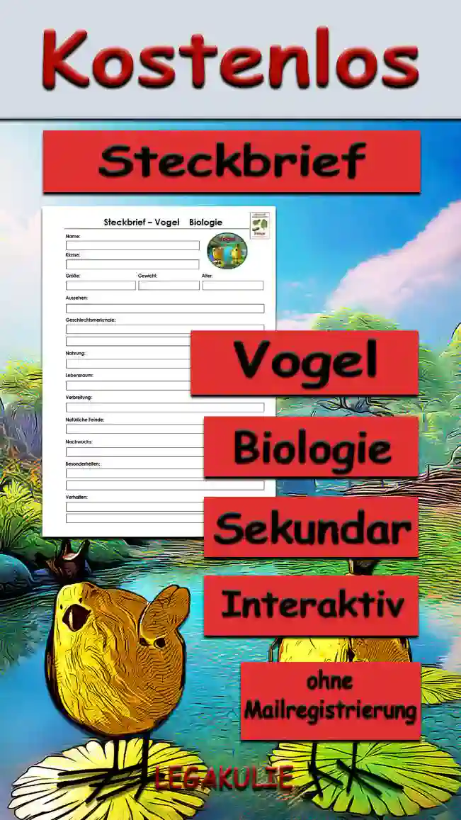 Steckbrief Vogel Sekundar Unterrichtsmaterial - Kostenlos von Legakulie.info