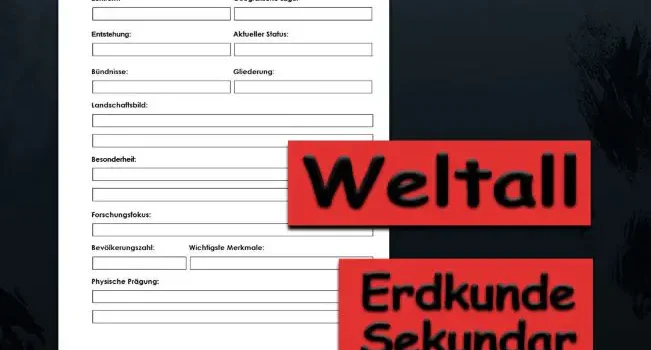 Steckbrief Weltall Erdkunde - Kostenlos von Legakulie.info [STECKBRIEF] | Name: Das Universum (Weltall) | Beiname: Die „unendlichen Weiten“ | Zentrum: Für uns die Sonne (im Sonnensystem) | Geografische Lage: Überall um uns herum (beginnt ca. 100 km über der Erde) | Entstehung: Vor ca. 13,8 Milliarden Jahren (Urknall) | Aktueller Status: Dehnt sich ständig weiter aus | Bündnisse: Internationale Zusammenarbeit auf der Raumstation ISS | Gliederung: Galaxien, Sonnensysteme, Planeten, Sterne und Monde | Landschaftsbild: Meistens leeres, dunkles Vakuum mit glühenden Sterneninseln | Besonderheit: Es gibt dort oben kein „Oben“ und „Unten“ (Schwerelosigkeit) | Forschungsfokus: Suche nach bewohnbaren Planeten und außerirdischem Leben | Bevölkerungszahl: Nur wenige Astronauten auf der ISS (sonst unbewohnt) | Wichtigste Merkmale: Schwarze Löcher / Die Milchstraße | Physische Prägung: Absolute Stille, da sich Schall im Vakuum nicht ausbreiten kann