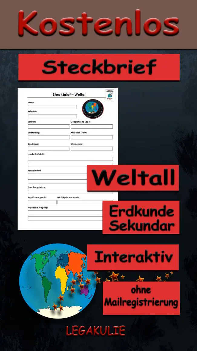 Steckbrief Weltall Erdkunde - Kostenlos von Legakulie.info [STECKBRIEF] | Name: Das Universum (Weltall) | Beiname: Die „unendlichen Weiten“ | Zentrum: Für uns die Sonne (im Sonnensystem) | Geografische Lage: Überall um uns herum (beginnt ca. 100 km über der Erde) | Entstehung: Vor ca. 13,8 Milliarden Jahren (Urknall) | Aktueller Status: Dehnt sich ständig weiter aus | Bündnisse: Internationale Zusammenarbeit auf der Raumstation ISS | Gliederung: Galaxien, Sonnensysteme, Planeten, Sterne und Monde | Landschaftsbild: Meistens leeres, dunkles Vakuum mit glühenden Sterneninseln | Besonderheit: Es gibt dort oben kein „Oben“ und „Unten“ (Schwerelosigkeit) | Forschungsfokus: Suche nach bewohnbaren Planeten und außerirdischem Leben | Bevölkerungszahl: Nur wenige Astronauten auf der ISS (sonst unbewohnt) | Wichtigste Merkmale: Schwarze Löcher / Die Milchstraße | Physische Prägung: Absolute Stille, da sich Schall im Vakuum nicht ausbreiten kann