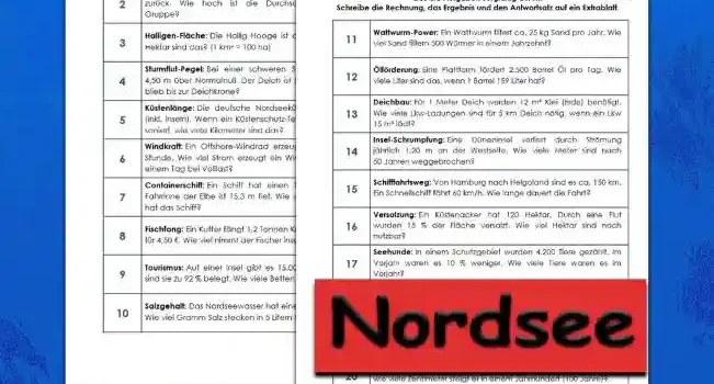 Textaufgaben Nordsee Erdkunde - Kostenlos von Legakulie.info [TEXTAUFGABEN] | Die Nordsee – 20 Textaufgaben (Master-Lösung für Lehrer) | 1. Zwischen Flut und Ebbe liegen ca. 6 Stunden und 12 Minuten. Wie viele Minuten sind das insgesamt? | Rechnung: 6 • 60 + 12 = 372 | Lösung: Ein Gezeitenwechsel dauert 372 Minuten. | 2. Eine geführte Tour im Watt legt in 3 Stunden 9 km zurück. Wie hoch ist die Durchschnittsgeschwindigkeit der Gruppe? | Rechnung: 9 : 3 = 3 | Lösung: Die Gruppe wandert mit durchschnittlich 3 km/h. | 3. Die Hallig Hooge ist ca. 5,7 km² groß. Wie viele Hektar sind das? (1 km² = 100 ha) | Rechnung: 5,7 • 100 = 570 | Lösung: Die Hallig Hooge hat eine Fläche von 570 Hektar. | 4. Bei einer schweren Sturmflut stieg das Wasser 4,50 m über Normalnull. Der Deich ist 8,20 m hoch. Wie viel Platz blieb bis zur Deichkrone? | Rechnung: 8,20 - 4,50 = 3,70 | Lösung: Es blieben noch 3,70 Meter bis zur Deichkrone. | 5. Die deutsche Nordseeküste ist ca. 1.300 km lang (inkl. Inseln). Wenn ein Küstenschutz-Team jährlich 5 % der Länge saniert, wie viele Kilometer sind das? | Rechnung: 1.300 • 0,05 = 65 | Lösung: Es werden jährlich 65 km saniert. | 6. Ein Offshore-Windrad erzeugt 8 Megawatt Strom pro Stunde. Wie viel Strom erzeugt ein Windpark mit 45 Anlagen an einem Tag bei Volllast? | Rechnung: 45 • 8 • 24 = 8.640 | Lösung: Der Windpark erzeugt 8.640 Megawattstunden pro Tag. | 7. Ein通货-Containerschiff hat einen Tiefgang von 12,5 m. Die Fahrrinne der Elbe ist 15,3 m tief. Wie viel "Wasser unter dem Kiel" hat das Schiff? | Rechnung: 15,3 - 12,5 = 2,8 | Lösung: Das Schiff hat 2,8 Meter Spielraum. | 8. Ein Kutter fängt 1,2 Tonnen Krabben. Er verkauft das Kilo für 4,50 €. Wie viel nimmt der Fischer insgesamt ein? (1 t = 1.000 kg) | Rechnung: 1.200 • 4,50 = 5.400 | Lösung: Der Fischer nimmt insgesamt 5.400 € ein. | 9. Auf einer Insel gibt es 15.000 Gästebetten. Im August sind sie zu 92 % belegt. Wie viele Betten sind frei? | Rechnung: 15.000 • 0,08 = 1.200 | Lösung: Es sind im August genau 1.200 Betten frei. | 10. Das Nordseewasser hat einen Salzgehalt von ca. 3,5 %. Wie viel Gramm Salz stecken in 5 Litern Meerwasser? (1 l ≈ 1 kg) | Rechnung: 5.000 • 0,035 = 175 | Lösung: In 5 Litern Wasser stecken 175 g Salz. | 11. Ein Wattwurm filtert ca. 25 kg Sand pro Jahr. Wie viel Sand filtern 500 Würmer in einem Jahrzehnt? | Rechnung: 500 • 25 • 10 = 125.000 | Lösung: Sie filtern insgesamt 125.000 kg (125 t) Sand. | 12. Eine Plattform fördert 2.500 Barrel Öl pro Tag. Wie viele Liter sind das, wenn 1 Barrel 159 Liter hat? | Rechnung: 2.500 • 159 = 397.500 | Lösung: Es werden 397.500 Liter Öl pro Tag gefördert. | 13. Für 1 Meter Deich werden 12 m³ Klei (Erde) benötigt. Wie viele Lkw-Ladungen sind für 5 km Deich nötig, wenn ein Lkw 15 m³ lädt? | Rechnung: (5.000 • 12) : 15 = 4.000 | Lösung: Es werden 4.000 Lkw-Ladungen benötigt. | 14. Eine Düneninsel verliert durch Strömung jährlich 1,20 m an der Westseite. Wie viele Meter sind nach 50 Jahren weggebrochen? | Rechnung: 1,20 • 50 = 60 | Lösung: In 50 Jahren bricht eine Strecke von 60 Metern weg. | 15. Von Hamburg nach Helgoland sind es ca. 150 km. Ein Schnellschiff fährt 60 km/h. Wie lange dauert die Fahrt? | Rechnung: 150 : 60 = 2,5 | Lösung: Die Fahrt dauert 2,5 Stunden (2 Std. 30 Min.). | 16. Ein Küstenacker hat 120 Hektar. Durch eine Flut wurden 15 % der Fläche versalzt. Wie viel Hektar sind noch nutzbar? | Rechnung: 120 • 0,85 = 102 | Lösung: Es sind noch 102 Hektar nutzbar. | 17. In einem Schutzgebiet wurden 4.200 Tiere gezählt. Im Vorjahr waren es 10 % weniger. Wie viele Tiere waren es im Vorjahr? | Rechnung: 4.200 : 1,10 ≈ 3.818 | Lösung: Im Vorjahr waren es ca. 3.818 Seehunde. | 18. Im Sommer hat die Nordsee 18 °C, im Winter 4 °C. Welchen Prozentsatz der Sommertemperatur hat das Wasser im Winter? | Rechnung: 4 : 18 • 100 ≈ 22,22 | Lösung: Das Wasser hat im Winter ca. 22,2 % der Sommertemperatur. | 19. Ringelgänse legen auf ihrem Weg 4.500 km zurück. Wenn sie 50 km/h fliegen, wie viele Stunden reine Flugzeit brauchen sie? | Rechnung: 4.500 : 50 = 90 | Lösung: Sie benötigen 90 Stunden reine Flugzeit. | 20. Der Meeresspiegel steigt jährlich um 3,2 mm. Um wie viele Zentimeter steigt er in einem Jahrhundert (100 Jahre)? | Rechnung: 3,2 • 100 = 320 mm | Lösung: Er steigt in 100 Jahren um 32 cm.