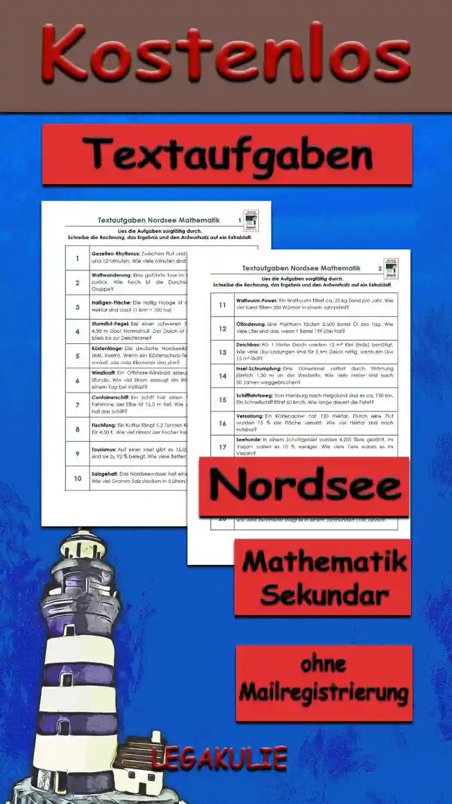 Textaufgaben Nordsee Erdkunde - Kostenlos von Legakulie.info [TEXTAUFGABEN] | Die Nordsee – 20 Textaufgaben (Master-Lösung für Lehrer) | 1. Zwischen Flut und Ebbe liegen ca. 6 Stunden und 12 Minuten. Wie viele Minuten sind das insgesamt? | Rechnung: 6 • 60 + 12 = 372 | Lösung: Ein Gezeitenwechsel dauert 372 Minuten. | 2. Eine geführte Tour im Watt legt in 3 Stunden 9 km zurück. Wie hoch ist die Durchschnittsgeschwindigkeit der Gruppe? | Rechnung: 9 : 3 = 3 | Lösung: Die Gruppe wandert mit durchschnittlich 3 km/h. | 3. Die Hallig Hooge ist ca. 5,7 km² groß. Wie viele Hektar sind das? (1 km² = 100 ha) | Rechnung: 5,7 • 100 = 570 | Lösung: Die Hallig Hooge hat eine Fläche von 570 Hektar. | 4. Bei einer schweren Sturmflut stieg das Wasser 4,50 m über Normalnull. Der Deich ist 8,20 m hoch. Wie viel Platz blieb bis zur Deichkrone? | Rechnung: 8,20 - 4,50 = 3,70 | Lösung: Es blieben noch 3,70 Meter bis zur Deichkrone. | 5. Die deutsche Nordseeküste ist ca. 1.300 km lang (inkl. Inseln). Wenn ein Küstenschutz-Team jährlich 5 % der Länge saniert, wie viele Kilometer sind das? | Rechnung: 1.300 • 0,05 = 65 | Lösung: Es werden jährlich 65 km saniert. | 6. Ein Offshore-Windrad erzeugt 8 Megawatt Strom pro Stunde. Wie viel Strom erzeugt ein Windpark mit 45 Anlagen an einem Tag bei Volllast? | Rechnung: 45 • 8 • 24 = 8.640 | Lösung: Der Windpark erzeugt 8.640 Megawattstunden pro Tag. | 7. Ein通货-Containerschiff hat einen Tiefgang von 12,5 m. Die Fahrrinne der Elbe ist 15,3 m tief. Wie viel "Wasser unter dem Kiel" hat das Schiff? | Rechnung: 15,3 - 12,5 = 2,8 | Lösung: Das Schiff hat 2,8 Meter Spielraum. | 8. Ein Kutter fängt 1,2 Tonnen Krabben. Er verkauft das Kilo für 4,50 €. Wie viel nimmt der Fischer insgesamt ein? (1 t = 1.000 kg) | Rechnung: 1.200 • 4,50 = 5.400 | Lösung: Der Fischer nimmt insgesamt 5.400 € ein. | 9. Auf einer Insel gibt es 15.000 Gästebetten. Im August sind sie zu 92 % belegt. Wie viele Betten sind frei? | Rechnung: 15.000 • 0,08 = 1.200 | Lösung: Es sind im August genau 1.200 Betten frei. | 10. Das Nordseewasser hat einen Salzgehalt von ca. 3,5 %. Wie viel Gramm Salz stecken in 5 Litern Meerwasser? (1 l ≈ 1 kg) | Rechnung: 5.000 • 0,035 = 175 | Lösung: In 5 Litern Wasser stecken 175 g Salz. | 11. Ein Wattwurm filtert ca. 25 kg Sand pro Jahr. Wie viel Sand filtern 500 Würmer in einem Jahrzehnt? | Rechnung: 500 • 25 • 10 = 125.000 | Lösung: Sie filtern insgesamt 125.000 kg (125 t) Sand. | 12. Eine Plattform fördert 2.500 Barrel Öl pro Tag. Wie viele Liter sind das, wenn 1 Barrel 159 Liter hat? | Rechnung: 2.500 • 159 = 397.500 | Lösung: Es werden 397.500 Liter Öl pro Tag gefördert. | 13. Für 1 Meter Deich werden 12 m³ Klei (Erde) benötigt. Wie viele Lkw-Ladungen sind für 5 km Deich nötig, wenn ein Lkw 15 m³ lädt? | Rechnung: (5.000 • 12) : 15 = 4.000 | Lösung: Es werden 4.000 Lkw-Ladungen benötigt. | 14. Eine Düneninsel verliert durch Strömung jährlich 1,20 m an der Westseite. Wie viele Meter sind nach 50 Jahren weggebrochen? | Rechnung: 1,20 • 50 = 60 | Lösung: In 50 Jahren bricht eine Strecke von 60 Metern weg. | 15. Von Hamburg nach Helgoland sind es ca. 150 km. Ein Schnellschiff fährt 60 km/h. Wie lange dauert die Fahrt? | Rechnung: 150 : 60 = 2,5 | Lösung: Die Fahrt dauert 2,5 Stunden (2 Std. 30 Min.). | 16. Ein Küstenacker hat 120 Hektar. Durch eine Flut wurden 15 % der Fläche versalzt. Wie viel Hektar sind noch nutzbar? | Rechnung: 120 • 0,85 = 102 | Lösung: Es sind noch 102 Hektar nutzbar. | 17. In einem Schutzgebiet wurden 4.200 Tiere gezählt. Im Vorjahr waren es 10 % weniger. Wie viele Tiere waren es im Vorjahr? | Rechnung: 4.200 : 1,10 ≈ 3.818 | Lösung: Im Vorjahr waren es ca. 3.818 Seehunde. | 18. Im Sommer hat die Nordsee 18 °C, im Winter 4 °C. Welchen Prozentsatz der Sommertemperatur hat das Wasser im Winter? | Rechnung: 4 : 18 • 100 ≈ 22,22 | Lösung: Das Wasser hat im Winter ca. 22,2 % der Sommertemperatur. | 19. Ringelgänse legen auf ihrem Weg 4.500 km zurück. Wenn sie 50 km/h fliegen, wie viele Stunden reine Flugzeit brauchen sie? | Rechnung: 4.500 : 50 = 90 | Lösung: Sie benötigen 90 Stunden reine Flugzeit. | 20. Der Meeresspiegel steigt jährlich um 3,2 mm. Um wie viele Zentimeter steigt er in einem Jahrhundert (100 Jahre)? | Rechnung: 3,2 • 100 = 320 mm | Lösung: Er steigt in 100 Jahren um 32 cm.