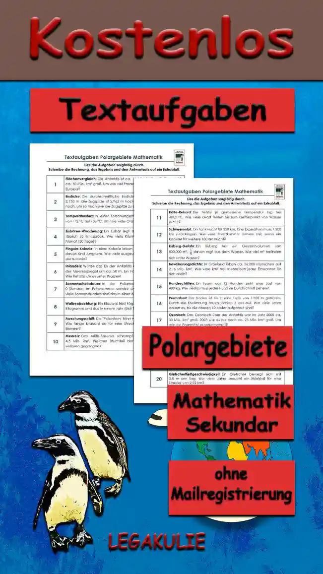 Textaufgaben Polargebiete Erdkunde - Kostenlos von Legakulie.info [TEXTAUFGABEN] | Die Polargebiete – 20 Textaufgaben (Master-Lösung für Lehrer) | 1. Die Antarktis ist ca. 14 Mio. km² groß. Europa ist ca. 10 Mio. km² groß. Um wie viel Prozent ist die Antarktis größer als Europa? | Rechnung: (14 - 10) : 10 • 100 = 40 | Lösung: Die Antarktis ist um 40 % größer als Europa. | 2. Die durchschnittliche Eisdicke in der Antarktis beträgt 2.133 m. Die Zugspitze ist 2.962 m hoch. Wie viele Meter Eis fehlen noch, um so hoch wie die Zugspitze zu sein? | Rechnung: 2.962 - 2.133 = 829 | Lösung: Es fehlen noch 829 Meter. | 3. In einer Forschungsstation sank die Temperatur von -12 °C auf -58 °C. Um wie viele Grad ist es kälter geworden? | Rechnung: -12 - (-58) = 46 | Lösung: Die Temperatur ist um 46 Grad gesunken. | 4. Ein Eisbär legt auf der Suche nach Futter täglich 35 km zurück. Wie viele Kilometer wandert er in einem Monat (30 Tage)? | Rechnung: 35 • 30 = 1.050 | Lösung: Er wandert 1.050 km. | 5. In einer Kolonie leben 45.000 Kaiserpinguine. 40 % davon sind Jungtiere. Wie viele ausgewachsene Pinguine leben in der Kolonie? | Rechnung: 45.000 • 0,60 = 27.000 | Lösung: Es sind 27.000 ausgewachsene Tiere. | 6. Würde das Eis der Antarktis komplett schmelzen, stiege der Meeresspiegel um ca. 58 m. Ein Haus liegt auf 12 m über NN. Wie tief stünde es unter Wasser? | Rechnung: 58 - 12 = 46 | Lösung: Das Haus stünde 46 Meter unter Wasser. | 7. In der Polarnacht scheint die Sonne 0 Stunden. Im Polarsommer scheint sie 24 Stunden am Tag. Wie viele Sonnenstunden sind das in einer Woche Polarsommer? | Rechnung: 24 • 7 = 168 | Lösung: Es sind 168 Sonnenstunden. | 8. Ein Blauwal frisst täglich 4 Tonnen Krill. Wie viele Kilogramm sind das in einem Jahr (365 Tage)? | Rechnung: 4.000 • 365 = 1.460.000 | Lösung: Er frisst 1,46 Millionen kg Krill. | 9. Die "Polarstern" fährt mit einer Reisegeschwindigkeit von ca. 22 km/h. Wie lange braucht sie für eine Strecke von 550 km durch das Eismeer? | Rechnung: 550 : 22 = 25 | Lösung: Sie braucht 25 Stunden. | 10. Das Arktis-Meereis schrumpfte von 7,5 Mio. km² auf 4,5 Mio. km². Welcher Bruchteil der ursprünglichen Fläche ist verloren gegangen? | Rechnung: (7,5 - 4,5) : 7,5 = 3/7,5 = 2/5 | Lösung: 2/5 der Fläche sind verloren gegangen. | 11. Die tiefste je gemessene Temperatur lag bei -89,2 °C. Wie viele Grad fehlen bis zum Gefrierpunkt von Wasser (0 °C)? | Rechnung: 0 - (-89,2) = 89,2 | Lösung: Es fehlen 89,2 Grad. | 12. Ein Tank eines Schneemobils reicht für 250 km. Eine Expedition muss 1.200 km zurücklegen. Wie viele Ersatzkanister müssen mit, wenn ein Kanister für weitere 100 km reicht? | Rechnung: (1.200 - 250) : 100 = 9,5 | Lösung: Es müssen mindestens 10 Ersatzkanister mitgenommen werden. | 13. Ein Eisberg hat ein Gesamtvolumen von 800.000 m³. Ein Neuntel davon ragt aus dem Wasser. Wie viel m³ befinden sich unter Wasser? | Rechnung: 800.000 • 8/9 ≈ 711.111 | Lösung: Ca. 711.111 m³ liegen unter der Oberfläche. | 14. In Grönland leben ca. 56.000 Menschen auf 2,16 Mio. km². Wie viele km² hat theoretisch jeder Einwohner für sich allein? | Rechnung: 2.160.000 : 56.000 ≈ 38,57 | Lösung: Jeder hat ca. 38,6 km² für sich. | 15. Ein Team aus 12 Hunden zieht eine Last von 480 kg. Wie viel kg muss jeder Hund im Durchschnitt ziehen? | Rechnung: 480 : 12 = 40 | Lösung: Jeder Hund zieht 40 kg. | 16. Der Boden ist im Permafrost tief gefroren. Durch die Erwärmung tauen jährlich 5 cm auf. Wie viele Jahre dauert es, bis die oberen 10 Meter (1.000 cm) aufgetaut sind? | Rechnung: 1.000 : 5 = 200 | Lösung: Es dauert 200 Jahre. | 17. Das Ozonloch über der Antarktis war im Jahr 2000 ca. 30 Mio. km² groß. 2023 war es nur noch ca. 23 Mio. km² groß. Um wie viel Prozent ist es geschrumpft? | Rechnung: (30 - 23) : 30 • 100 ≈ 23,33 | Lösung: Es ist um ca. 23,3 % geschrumpft. | 18. Ein Team benötigt täglich insgesamt 15 Liter Trinkwasser aus geschmolzenem Schnee. Wie viel Heizöl wird für 30 Tage benötigt, wenn man 0,5 Liter Öl braucht, um 1 Liter Wasser zu schmelzen? | Rechnung: 15 • 30 • 0,5 = 225 | Lösung: Es werden 225 Liter Heizöl benötigt. | 19. Aktuell haben 56 Staaten den Antarktis-Vertrag unterzeichnet. Es gibt ca. 195 Staaten weltweit. Welcher Prozentsatz der Staaten weltweit beteiligt sich am Schutz der Antarktis? | Rechnung: 56 : 195 • 100 ≈ 28,72 | Lösung: Ca. 28,7 % der Staaten sind beteiligt. | 20. Ein Gletscher bewegt sich mit 0,8 m pro Tag. Wie viele Jahre braucht ein Eiskristall für eine Strecke von 2,92 km (2.920 m)? | Rechnung: 2.920 : 0,8 = 3.650 Tage ; 3.650 : 365 = 10 | Lösung: Er braucht genau 10 Jahre.
