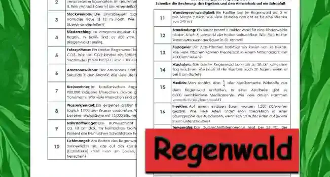 Textaufgaben Regenwald Erdkunde - Kostenlos von Legakulie.info [TEXTAUFGABEN] | Tropischer Regenwald – 20 Textaufgaben (Master-Lösung für Lehrer) | 1. Jede Sekunde wird eine Fläche von ca. 3.000 m² Regenwald zerstört. Wie viele Hektar sind das pro Stunde? (1 ha = 10.000 m²) | Rechnung: (3.000 • 3.600) : 10.000 = 1.080 | Lösung: Es werden 1.080 Hektar pro Stunde zerstört. | 2. Auf einem Hektar Regenwald findet man ca. 150 verschiedene Baumarten. Im deutschen Mischwald sind es nur ca. 5. Wie viel Mal höher ist die Artenvielfalt im Regenwald? | Rechnung: 150 : 5 = 30 | Lösung: Sie ist 30-mal höher. | 3. Die "Urwaldriesen" ragen bis zu 60 m hoch. Ein normales Haus ist 12 m hoch. Wie viele Häuser müsste man übereinanderstellen? | Rechnung: 60 : 12 = 5 | Lösung: Man müsste 5 Häuser übereinanderstellen. | 4. Im Amazonasbecken fallen jährlich ca. 3.000 mm Regen. In Berlin sind es 600 mm. Berechne das Verhältnis (Regenwald : Berlin). | Rechnung: 3.000 : 600 = 5 | Lösung: Im Regenwald regnet es 5-mal so viel wie in Berlin. | 5. Ein Hektar Regenwald bindet jährlich ca. 15 Tonnen CO2. Wie viel CO2 bindet ein Schutzgebiet von der Größe des Saarlandes (2.570 km²)? (1 km² = 100 ha) | Rechnung: 2.570 • 100 • 15 = 3.855.000 | Lösung: Es werden 3.855.000 Tonnen CO2 gebunden. | 6. Der Amazonas führt ca. 200.000 m³ Wasser pro Sekunde in den Atlantik. Wie viele Liter sind das? | Rechnung: 200.000 • 1.000 = 200.000.000 | Lösung: Es sind 200 Millionen Liter pro Sekunde. | 7. Im brasilianischen Regenwald leben noch ca. 900.000 indigene Menschen. Davon gehören 12 % zum Volk der Yanomami. Wie viele Menschen sind das? | Rechnung: 900.000 • 0,12 = 108.000 | Lösung: Es sind 108.000 Yanomami. | 8. Ein einzelner großer Baum im Regenwald kann täglich 1.000 Liter Wasser verdunsten. Wie viele m³ Wasser sind das bei einer Waldfläche mit 15.000 Bäumen? | Rechnung: 15.000 • 1.000 : 1.000 = 15.000 | Lösung: Es werden 15.000 m³ Wasser verdunstet. | 9. Die Humusschicht im Regenwald ist nur ca. 10 cm dicke. Im heimischen Garten sind es 40 cm. Wie viel Prozent der heimischen Schichtdicke hat der Regenwald? | Rechnung: 10 : 40 • 100 = 25 | Lösung: Er hat nur 25 % der Schichtdicke. | 10. Am Boden des Regenwaldes kommen nur 1,5 % des Sonnenlichts an, das auf das Kronendach trifft. Wie viel Lux (Lichtstärke) misst man am Boden, wenn oben 100.000 Lux herrschen? | Rechnung: 100.000 • 0,015 = 1.500 | Lösung: Am Boden misst man nur 1.500 Lux. | 11. Ein Faultier legt im Regenwald ca. 3 m pro Minute zurück. Wie viele Stunden braucht es für eine Strecke von 540 m? | Rechnung: 540 : 3 = 180 Min ; 180 : 60 = 3 | Lösung: Es braucht 3 Stunden. | 12. Ein Bauer brennt 5 Hektar Wald für eine Rinderweide nieder. Nach 3 Jahren ist der Boden unfruchtbar. Wie viele Hektar Wald verbraucht der Bauer in 30 Jahren? | Rechnung: 30 : 3 • 5 = 50 | Lösung: Er verbraucht 50 Hektar. | 13. Ein Aras-Pärchen benötigt ein Revier von 25 Hektar. Wie viele Pärchen können theoretisch in einem Nationalpark von 4.000 km² (400.000 ha) leben? | Rechnung: 400.000 : 25 = 16.000 | Lösung: Es können 16.000 Pärchen dort leben. | 14. Bambus im Regenwald kann bis zu 30 cm an einem Tag wachsen. Wie hoch ist der Bambus nach 20 Tagen, wenn er bei 0 cm startet? | Rechnung: 30 • 20 = 600 cm | Lösung: Er ist 6 Meter hoch. | 15. Man schätzt, dass ein Viertel beziehungsweise 25 % aller Medikamente Wirkstoffe aus dem Regenwald enthalten. In einer Apotheke gibt es 8.000 verschiedene Medikamente. Wie viele davon stammen vermutlich aus dem Urwald? | Rechnung: 8.000 : 4 = 2.000 | Lösung: Es sind ca. 2.000 Medikamente. | 16. Auf einem einzigen Baum wurden 1.200 Käferarten gezählt. Wie viele Arten findet man theoretisch in einer Baumgruppe aus 40 Bäumen, wenn sich 20 % der Arten (240 Arten) auf jedem weiteren Baum unterscheiden? | Rechnung: 1.200 + (39 • 240) = 1.200 + 9.360 = 10.560 | Lösung: Es wären ca. 10.560 verschiedene Arten. | 17. Die Durchschnittstemperatur liegt bei 26 °C. Die Schwankung zwischen Tag und Nacht beträgt ca. 8 Grad. Wie warm ist es nachts mindestens? | Rechnung: 26 - 4 = 22 | Lösung: Es sind nachts ca. 22 °C (Tageszeitenklima). | 18. Eine seltene Orchidee wird im Regenwald für 5 € verkauft. In Europa kostet sie 120 €. Wie hoch ist die Preissteigerung in Prozent? | Rechnung: (120 - 5) : 5 • 100 = 2.300 | Lösung: Die Steigerung beträgt 2.300 %. | 19. Die Luftfeuchte liegt oft bei 90 %. Ein m³ Luft enthält dann 27 g Wasser. Wie viel Gramm wären es bei 100 % Feuchte (Taupunkt)? | Rechnung: 27 : 90 • 100 = 30 | Lösung: Es wären 30 g Wasser. | 20. Manaus (Brasilien) liegt in der Zeitzone UTC-4. Berlin liegt in UTC+1. Wenn es in Manaus 14:00 Uhr ist, wie spät ist es in Berlin? | Rechnung: 14 + 5 = 19 | Lösung: Es ist 19:00 Uhr.