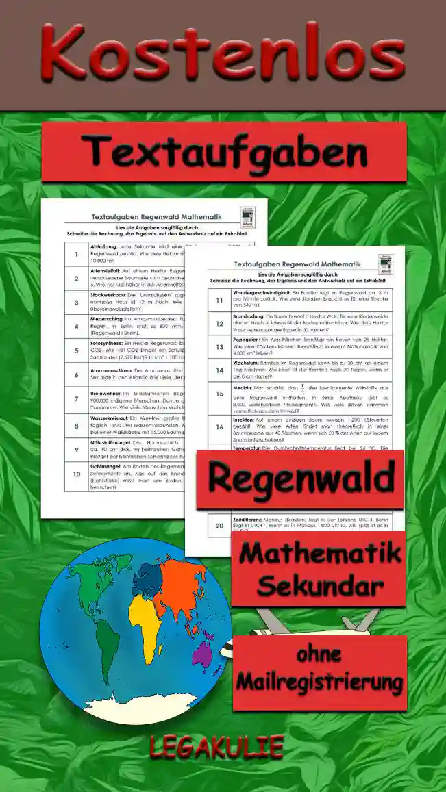 Textaufgaben Regenwald Erdkunde - Kostenlos von Legakulie.info [TEXTAUFGABEN] | Tropischer Regenwald – 20 Textaufgaben (Master-Lösung für Lehrer) | 1. Jede Sekunde wird eine Fläche von ca. 3.000 m² Regenwald zerstört. Wie viele Hektar sind das pro Stunde? (1 ha = 10.000 m²) | Rechnung: (3.000 • 3.600) : 10.000 = 1.080 | Lösung: Es werden 1.080 Hektar pro Stunde zerstört. | 2. Auf einem Hektar Regenwald findet man ca. 150 verschiedene Baumarten. Im deutschen Mischwald sind es nur ca. 5. Wie viel Mal höher ist die Artenvielfalt im Regenwald? | Rechnung: 150 : 5 = 30 | Lösung: Sie ist 30-mal höher. | 3. Die "Urwaldriesen" ragen bis zu 60 m hoch. Ein normales Haus ist 12 m hoch. Wie viele Häuser müsste man übereinanderstellen? | Rechnung: 60 : 12 = 5 | Lösung: Man müsste 5 Häuser übereinanderstellen. | 4. Im Amazonasbecken fallen jährlich ca. 3.000 mm Regen. In Berlin sind es 600 mm. Berechne das Verhältnis (Regenwald : Berlin). | Rechnung: 3.000 : 600 = 5 | Lösung: Im Regenwald regnet es 5-mal so viel wie in Berlin. | 5. Ein Hektar Regenwald bindet jährlich ca. 15 Tonnen CO2. Wie viel CO2 bindet ein Schutzgebiet von der Größe des Saarlandes (2.570 km²)? (1 km² = 100 ha) | Rechnung: 2.570 • 100 • 15 = 3.855.000 | Lösung: Es werden 3.855.000 Tonnen CO2 gebunden. | 6. Der Amazonas führt ca. 200.000 m³ Wasser pro Sekunde in den Atlantik. Wie viele Liter sind das? | Rechnung: 200.000 • 1.000 = 200.000.000 | Lösung: Es sind 200 Millionen Liter pro Sekunde. | 7. Im brasilianischen Regenwald leben noch ca. 900.000 indigene Menschen. Davon gehören 12 % zum Volk der Yanomami. Wie viele Menschen sind das? | Rechnung: 900.000 • 0,12 = 108.000 | Lösung: Es sind 108.000 Yanomami. | 8. Ein einzelner großer Baum im Regenwald kann täglich 1.000 Liter Wasser verdunsten. Wie viele m³ Wasser sind das bei einer Waldfläche mit 15.000 Bäumen? | Rechnung: 15.000 • 1.000 : 1.000 = 15.000 | Lösung: Es werden 15.000 m³ Wasser verdunstet. | 9. Die Humusschicht im Regenwald ist nur ca. 10 cm dicke. Im heimischen Garten sind es 40 cm. Wie viel Prozent der heimischen Schichtdicke hat der Regenwald? | Rechnung: 10 : 40 • 100 = 25 | Lösung: Er hat nur 25 % der Schichtdicke. | 10. Am Boden des Regenwaldes kommen nur 1,5 % des Sonnenlichts an, das auf das Kronendach trifft. Wie viel Lux (Lichtstärke) misst man am Boden, wenn oben 100.000 Lux herrschen? | Rechnung: 100.000 • 0,015 = 1.500 | Lösung: Am Boden misst man nur 1.500 Lux. | 11. Ein Faultier legt im Regenwald ca. 3 m pro Minute zurück. Wie viele Stunden braucht es für eine Strecke von 540 m? | Rechnung: 540 : 3 = 180 Min ; 180 : 60 = 3 | Lösung: Es braucht 3 Stunden. | 12. Ein Bauer brennt 5 Hektar Wald für eine Rinderweide nieder. Nach 3 Jahren ist der Boden unfruchtbar. Wie viele Hektar Wald verbraucht der Bauer in 30 Jahren? | Rechnung: 30 : 3 • 5 = 50 | Lösung: Er verbraucht 50 Hektar. | 13. Ein Aras-Pärchen benötigt ein Revier von 25 Hektar. Wie viele Pärchen können theoretisch in einem Nationalpark von 4.000 km² (400.000 ha) leben? | Rechnung: 400.000 : 25 = 16.000 | Lösung: Es können 16.000 Pärchen dort leben. | 14. Bambus im Regenwald kann bis zu 30 cm an einem Tag wachsen. Wie hoch ist der Bambus nach 20 Tagen, wenn er bei 0 cm startet? | Rechnung: 30 • 20 = 600 cm | Lösung: Er ist 6 Meter hoch. | 15. Man schätzt, dass ein Viertel beziehungsweise 25 % aller Medikamente Wirkstoffe aus dem Regenwald enthalten. In einer Apotheke gibt es 8.000 verschiedene Medikamente. Wie viele davon stammen vermutlich aus dem Urwald? | Rechnung: 8.000 : 4 = 2.000 | Lösung: Es sind ca. 2.000 Medikamente. | 16. Auf einem einzigen Baum wurden 1.200 Käferarten gezählt. Wie viele Arten findet man theoretisch in einer Baumgruppe aus 40 Bäumen, wenn sich 20 % der Arten (240 Arten) auf jedem weiteren Baum unterscheiden? | Rechnung: 1.200 + (39 • 240) = 1.200 + 9.360 = 10.560 | Lösung: Es wären ca. 10.560 verschiedene Arten. | 17. Die Durchschnittstemperatur liegt bei 26 °C. Die Schwankung zwischen Tag und Nacht beträgt ca. 8 Grad. Wie warm ist es nachts mindestens? | Rechnung: 26 - 4 = 22 | Lösung: Es sind nachts ca. 22 °C (Tageszeitenklima). | 18. Eine seltene Orchidee wird im Regenwald für 5 € verkauft. In Europa kostet sie 120 €. Wie hoch ist die Preissteigerung in Prozent? | Rechnung: (120 - 5) : 5 • 100 = 2.300 | Lösung: Die Steigerung beträgt 2.300 %. | 19. Die Luftfeuchte liegt oft bei 90 %. Ein m³ Luft enthält dann 27 g Wasser. Wie viel Gramm wären es bei 100 % Feuchte (Taupunkt)? | Rechnung: 27 : 90 • 100 = 30 | Lösung: Es wären 30 g Wasser. | 20. Manaus (Brasilien) liegt in der Zeitzone UTC-4. Berlin liegt in UTC+1. Wenn es in Manaus 14:00 Uhr ist, wie spät ist es in Berlin? | Rechnung: 14 + 5 = 19 | Lösung: Es ist 19:00 Uhr.