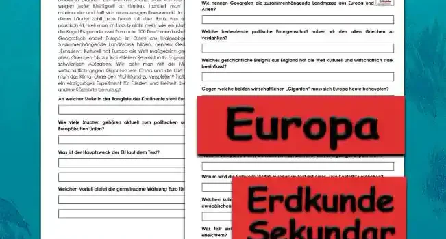 Textverständnis Europa Erdkunde - Kostenlos von Legakulie.info [SACHTEXT] | Europa – Ein Kontinent, der niemals stillsitzt | Europa ist zwar nur der zweitkleinste Kontinent der Erde, führt sich aber oft auf wie ein ganz Großer. Mit über 40 Ländern und fast ebenso vielen Sprachen ist es hier so bunt wie in einer Tüte Konfetti. Der wichtigste „Club“ ist die Europäische Union (EU), ein politischer und wirtschaftlicher Zusammenschluss von aktuell 27 Staaten. Der Sinn der Sache: Statt sich wie früher wegen jeder Kleinigkeit zu streiten, handelt man lieber miteinander und teilt sich einen riesigen Binnenmarkt. In vielen dieser Länder zahlt man heute mit dem Euro, was extrem praktisch ist, weil man im Urlaub nicht mehr wie ein Mathematiker ausrechnen muss, ob die Kugel Eis gerade zwei Euro oder 500 Drachmen kostet. | Geografisch endet Europa im Osten am Uralgebirge. Da Europa und Asien eine zusammenhängende Landmasse bilden, nennen Geografen das Ganze auch gern „Eurasien“. Kulturell hat Europa die Welt maßgeblich geprägt – von der Demokratie der alten Griechen bis zur industriellen Revolution in England. Heute steht der Kontinent vor schwierigen Aufgaben: Wie geht man mit der Migration um? Wie bleibt man wirtschaftlich gegen Giganten wie China und die USA konkurrenzfähig? Und wie rettet man das Klima, ohne den Wohlstand zu verspielen? Trotz aller Diskussionen bleibt Europa ein einzigartiges Experiment für Frieden und Freiheit, bei dem fast jeder Nachbar eine andere Käsesorte bevorzugt. || [FRAGEN UND LÖSUNGEN] | 1. An welcher Stelle in der Rangliste der Kontinente steht Europa bezüglich seiner Größe? | Lösung: Europa ist der zweitkleinste Kontinent der Erde. | 2. Wie viele Staaten gehören aktuell zum politischen und wirtschaftlichen Bündnis der Europäischen Union? | Lösung: Zur Europäischen Union gehören aktuell 27 Staaten. | 3. Was ist der Hauptzweck der EU laut dem Text? | Lösung: Der Sinn ist, dass die Staaten miteinander handeln und einen gemeinsamen Binnenmarkt teilen, anstatt sich zu streiten. | 4. Welchen Vorteil bietet die gemeinsame Währung Euro für Reisende? | Lösung: Man muss im Urlaub die Preise nicht mehr mühsam von fremden Währungen umrechnen. | 5. Welches Gebirge markiert im Osten die geografische Grenze Europas? | Lösung: Das Uralgebirge markiert die Grenze im Osten. | 6. Wie nennen Geografen die zusammenhängende Landmasse aus Europa und Asien? | Lösung: Diese zusammenhängende Landmasse wird Eurasien genannt. | 7. Welche bedeutende politische Errungenschaft haben wir den alten Griechen zu verdanken? | Lösung: Die alten Griechen haben die Demokratie geprägt. | 8. Welches geschichtliche Ereignis aus England hat die Welt kulturell und wirtschaftlich stark beeinflusst? | Lösung: Die industrielle Revolution in England hat die Welt maßgeblich geprägt. | 9. Gegen welche beiden wirtschaftlichen „Giganten“ muss sich Europa heute behaupten? | Lösung: Europa muss gegen China und die USA konkurrenzfähig bleiben. | 10. Welche drei großen Herausforderungen oder Aufgaben muss Europa in der heutigen Zeit lösen? | Lösung: Europa muss Lösungen für die Migration, den wirtschaftlichen Wettbewerb und die Rettung des Klimas finden. | 11. Wofür ist Europa trotz aller Diskussionen laut dem Text ein „einzigartiges Experiment“? | Lösung: Europa ist ein Experiment für Frieden und Freiheit. | 12. Warum wird die kulturelle Vielfalt Europas im Text mit einer „Tüte Konfetti“ verglichen? | Lösung: Weil es in Europa über 40 Länder und fast ebenso viele verschiedene Sprachen gibt. | 13. Welchen kulinarischen Vergleich nutzt der Text am Ende, um die Verschiedenheit der europäischen Nachbarn zu beschreiben? | Lösung: Es wird erwähnt, dass fast jeder Nachbar in Europa eine andere Käsesorte bevorzugt. | 14. Was teilt sich die Europäische Union wirtschaftlich gesehen, um den Handel zu erleichtern? | Lösung: Die Mitgliedstaaten teilen sich einen riesigen gemeinsamen Binnenmarkt.