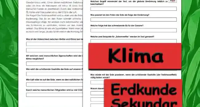 Textverständnis Klima Erdkunde - Kostenlos von Legakulie.info [SACHTEXT] | Das Klima – Wenn die Erde Fieber bekommt | Wetter ist das, was du siehst, wenn du aus dem Fenster guckst; Klima ist das, was über mindestens 30 Jahre dort passiert ist. Man könnte sagen: Wetter ist deine Laune am Montagmorgen, Klima ist dein gesamter Charakter. Unser Planet hat eine schützende Gashülle, die wie ein unsichtbares Gewächshaus wirkt. Ohne diesen natürlichen Treibhauseffekt wäre die Erde ein Eisklumpen mit minus 18 Grad. Doch wir Menschen haben es übertrieben: Durch das Verbrennen von Öl, Kohle und Gas pusten wir zu viel CO2 in die Luft. | Die Folge? Der Treibhauseffekt wird zu stark und die Erde bekommt „Fieber“ – die globale Erwärmung. Das Eis an den Polen schmilzt schneller als ein Eis am Strand, und der Meeresspiegel steigt. Wir erleben mehr Extremwetter wie Dürren oder heftige Fluten. Um das Schlimmste zu verhindern, müssen wir den Ausstoß von Treibhausgasen drastisch senken. Das Klima ist wie ein Supertanker: Wenn man jetzt das Steuer herumreißt, dauert es noch sehr lange, bis das Schiff wirklich die Richtung ändert. || [FRAGEN UND LÖSUNGEN] | 1. Was ist der Unterschied zwischen Wetter und Klima laut dem Text? | Lösung: Wetter ist das, was man aktuell aus dem Fenster sieht, während Klima den Durchschnitt über mindestens 30 Jahre beschreibt. | 2. Mit welchen zwei menschlichen Eigenschaften wird der Unterschied zwischen Wetter und Klima verglichen? | Lösung: Wetter wird mit der aktuellen Laune verglichen und Klima mit dem gesamten Charakter. | 3. Wie wirkt die schützende Gashülle der Erde auf unseren Planeten? | Lösung: Sie wirkt wie ein unsichtbares Gewächshaus. | 4. Wie kalt wäre es auf der Erde, wenn es den natürlichen Treibhauseffekt nicht gäbe? | Lösung: Ohne diesen Effekt wäre die Erde ein Eisklumpen mit minus 18 Grad. | 5. Durch welche menschlichen Tätigkeiten wird zu viel CO2 in die Luft gepustet? | Lösung: Durch das Verbrennen von Öl, Kohle und Gas. | 6. Welchen Begriff verwendet der Text, um die globale Erwärmung bildlich zu beschreiben? | Lösung: Der Text beschreibt die globale Erwärmung als „Fieber“ der Erde. | 7. Was passiert an den Polen der Erde als Folge der Erwärmung? | Lösung: Das Eis an den Polen schmilzt schneller als ein Eis am Strand. | 8. Welche Folge hat das schmelzende Eis für die Ozeane? | Lösung: Der Meeresspiegel steigt an. | 9. Welche zwei Beispiele für „Extremwetter“ werden im Text genannt? | Lösung: Es werden Dürren und heftige Fluten genannt. | 10. Was ist die wichtigste Maßnahme, um die schlimmsten Folgen des Klimawandels zu verhindern? | Lösung: Wir müssen den Ausstoß von Treibhausgasen drastisch senken. | 11. Wie lange muss man das Wetter an einem Ort mindestens beobachten, um vom „Klima“ sprechen zu können? | Lösung: Man muss das Wetter über einen Zeitraum von mindestens 30 Jahren beobachten. | 12. Was würde mit der Erde passieren, wenn die schützende Gashülle (der Treibhauseffekt) völlig fehlen würde? | Lösung: Die Erde wäre ein gefrorener Eisklumpen mit lebensfeindlichen Temperaturen von minus 18 Grad. | 13. Warum dauert es so lange, bis Klimaschutzmaßnahmen eine Wirkung zeigen? | Lösung: Weil das Klima wie ein riesiger Supertanker reagiert: Auch wenn man das Steuer sofort herumreißt, ändert sich die Richtung nur sehr langsam.
