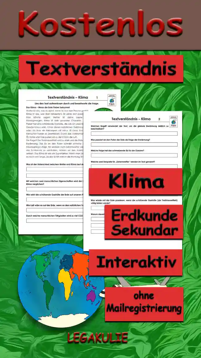 Textverständnis Klima Erdkunde - Kostenlos von Legakulie.info [SACHTEXT] | Das Klima – Wenn die Erde Fieber bekommt | Wetter ist das, was du siehst, wenn du aus dem Fenster guckst; Klima ist das, was über mindestens 30 Jahre dort passiert ist. Man könnte sagen: Wetter ist deine Laune am Montagmorgen, Klima ist dein gesamter Charakter. Unser Planet hat eine schützende Gashülle, die wie ein unsichtbares Gewächshaus wirkt. Ohne diesen natürlichen Treibhauseffekt wäre die Erde ein Eisklumpen mit minus 18 Grad. Doch wir Menschen haben es übertrieben: Durch das Verbrennen von Öl, Kohle und Gas pusten wir zu viel CO2 in die Luft. | Die Folge? Der Treibhauseffekt wird zu stark und die Erde bekommt „Fieber“ – die globale Erwärmung. Das Eis an den Polen schmilzt schneller als ein Eis am Strand, und der Meeresspiegel steigt. Wir erleben mehr Extremwetter wie Dürren oder heftige Fluten. Um das Schlimmste zu verhindern, müssen wir den Ausstoß von Treibhausgasen drastisch senken. Das Klima ist wie ein Supertanker: Wenn man jetzt das Steuer herumreißt, dauert es noch sehr lange, bis das Schiff wirklich die Richtung ändert. || [FRAGEN UND LÖSUNGEN] | 1. Was ist der Unterschied zwischen Wetter und Klima laut dem Text? | Lösung: Wetter ist das, was man aktuell aus dem Fenster sieht, während Klima den Durchschnitt über mindestens 30 Jahre beschreibt. | 2. Mit welchen zwei menschlichen Eigenschaften wird der Unterschied zwischen Wetter und Klima verglichen? | Lösung: Wetter wird mit der aktuellen Laune verglichen und Klima mit dem gesamten Charakter. | 3. Wie wirkt die schützende Gashülle der Erde auf unseren Planeten? | Lösung: Sie wirkt wie ein unsichtbares Gewächshaus. | 4. Wie kalt wäre es auf der Erde, wenn es den natürlichen Treibhauseffekt nicht gäbe? | Lösung: Ohne diesen Effekt wäre die Erde ein Eisklumpen mit minus 18 Grad. | 5. Durch welche menschlichen Tätigkeiten wird zu viel CO2 in die Luft gepustet? | Lösung: Durch das Verbrennen von Öl, Kohle und Gas. | 6. Welchen Begriff verwendet der Text, um die globale Erwärmung bildlich zu beschreiben? | Lösung: Der Text beschreibt die globale Erwärmung als „Fieber“ der Erde. | 7. Was passiert an den Polen der Erde als Folge der Erwärmung? | Lösung: Das Eis an den Polen schmilzt schneller als ein Eis am Strand. | 8. Welche Folge hat das schmelzende Eis für die Ozeane? | Lösung: Der Meeresspiegel steigt an. | 9. Welche zwei Beispiele für „Extremwetter“ werden im Text genannt? | Lösung: Es werden Dürren und heftige Fluten genannt. | 10. Was ist die wichtigste Maßnahme, um die schlimmsten Folgen des Klimawandels zu verhindern? | Lösung: Wir müssen den Ausstoß von Treibhausgasen drastisch senken. | 11. Wie lange muss man das Wetter an einem Ort mindestens beobachten, um vom „Klima“ sprechen zu können? | Lösung: Man muss das Wetter über einen Zeitraum von mindestens 30 Jahren beobachten. | 12. Was würde mit der Erde passieren, wenn die schützende Gashülle (der Treibhauseffekt) völlig fehlen würde? | Lösung: Die Erde wäre ein gefrorener Eisklumpen mit lebensfeindlichen Temperaturen von minus 18 Grad. | 13. Warum dauert es so lange, bis Klimaschutzmaßnahmen eine Wirkung zeigen? | Lösung: Weil das Klima wie ein riesiger Supertanker reagiert: Auch wenn man das Steuer sofort herumreißt, ändert sich die Richtung nur sehr langsam.