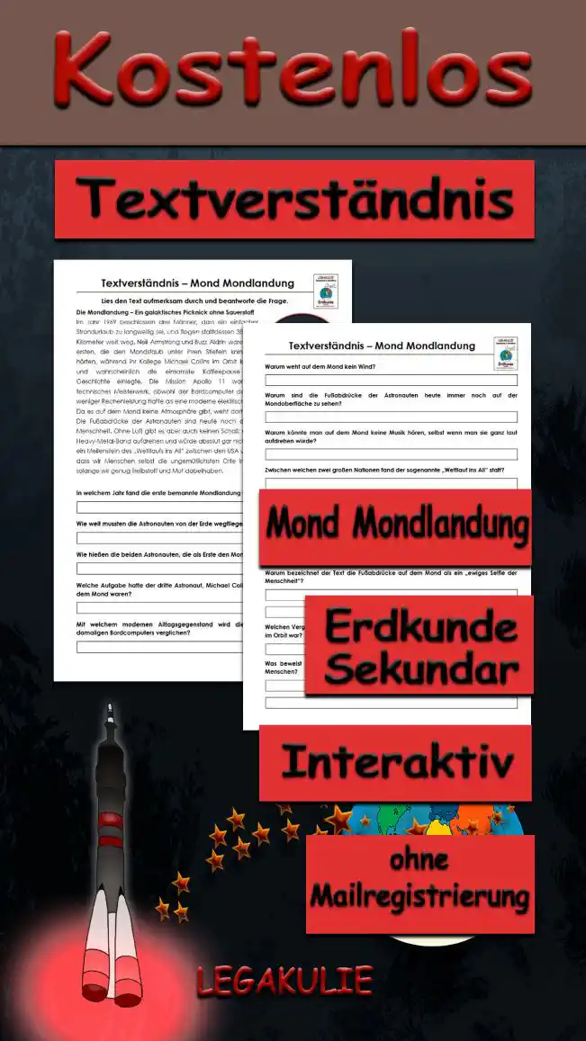 Textverständnis Mond Erdkunde - Kostenlos von Legakulie.info [SACHTEXT] | Die Mondlandung – Ein galaktisches Picknick ohne Sauerstoff | Im Jahr 1969 beschlossen drei Männer, dass ein einfacher Strandurlaub zu langweilig sei, und flogen stattdessen 384.400 Kilometer weit weg. Neil Armstrong und Buzz Aldrin waren die ersten, die den Mondstaub unter ihren Stiefeln knirschen hörten, während ihr Kollege Michael Collins im Orbit kreiste und wahrscheinlich die einsamste Kaffeepause der Geschichte einlegte. Die Mission Apollo 11 war ein technisches Meisterwerk, obwohl der Bordcomputer damals weniger Rechenleistung hatte als eine moderne elektrische Zahnbürste. | Da es auf dem Mond keine Atmosphäre gibt, weht dort auch kein Wind. Das bedeutet: Die Fußabdrücke der Astronauten sind heute noch da – wie ein ewiges Selfie der Menschheit. Ohne Luft gibt es aber auch keinen Schall; man könnte dort oben also eine Heavy-Metal-Band aufdrehen und würde absolut gar nichts hören. Die Mondlandung war ein Meilenstein des „Wettlaufs ins All“ zwischen den USA und der Sowjetunion und bewies, dass wir Menschen selbst die ungemütlichsten Orte im Universum erreichen können, solange wir genug Treibstoff und Mut dabeihaben. || [FRAGEN UND LÖSUNGEN] | 1. In welchem Jahr fand die erste bemannte Mondlandung statt? | Lösung: Die erste Mondlandung fand im Jahr 1969 statt. | 2. Wie weit mussten die Astronauten von der Erde wegfliegen, um den Mond zu erreichen? | Lösung: Die Entfernung betrug 384.400 Kilometer. | 3. Wie hießen die beiden Astronauten, die als Erste den Mond betraten? | Lösung: Die ersten Männer auf dem Mond waren Neil Armstrong und Buzz Aldrin. | 4. Welche Aufgabe hatte der dritte Astronaut, Michael Collins, während seine Kollegen auf dem Mond waren? | Lösung: Er kreiste währenddessen im Orbit (der Mondumlaufbahn). | 5. Mit welchem modernen Alltagsgegenstand wird die geringe Rechenleistung des damaligen Bordcomputers verglichen? | Lösung: Die Rechenleistung war geringer als die einer modernen elektrischen Zahnbürste. | 6. Warum weht auf dem Mond kein Wind? | Lösung: Es gibt auf dem Mond keine Atmosphäre, die Wind erzeugen könnte. | 7. Warum sind die Fußabdrücke der Astronauten heute immer noch auf der Mondoberfläche zu sehen? | Lösung: Weil es keinen Wind gibt, der sie verwehen oder verwischen könnte. | 8. Warum könnte man auf dem Mond keine Musik hören, selbst wenn man sie ganz laut aufdrehen würde? | Lösung: Ohne Luft gibt es keinen Schall, der übertragen werden könnte. | 9. Zwischen welchen zwei großen Nationen fand der sogenannte „Wettlauf ins All“ statt? | Lösung: Der Wettlauf fand zwischen den USA und der Sowjetunion statt. | 10. Welche zwei Dinge waren laut Text nötig, um diesen ungemütlichen Ort im Universum zu erreichen? | Lösung: Die Menschen brauchten dafür genug Treibstoff und Mut. | 11. Welches bildhafte Wort wird im Text für die dauerhaften Fußabdrücke der Menschheit auf dem Mond verwendet? | Lösung: Sie werden als ein „ewiges Selfie“ der Menschheit bezeichnet. | 12. Warum bezeichnet der Text die Fußabdrücke auf dem Mond als ein „ewiges Selfie der Menschheit“? | Lösung: Weil sie dort oben für immer erhalten bleiben, da es keinen Wind gibt, der sie wegwehen könnte. | 13. Welchen Vergleich zieht der Text heran, um zu verdeutlichen, wie einsam Michael Collins im Orbit war? | Lösung: Er nennt es die „einsamste Kaffeepause der Geschichte“. | 14. Was beweist die erfolgreiche Mondlandung laut dem Text über die Fähigkeiten der Menschen? | Lösung: Sie beweist, dass wir selbst die ungemütlichsten Orte im Universum erreichen können, wenn wir genug Treibstoff und Mut haben.
