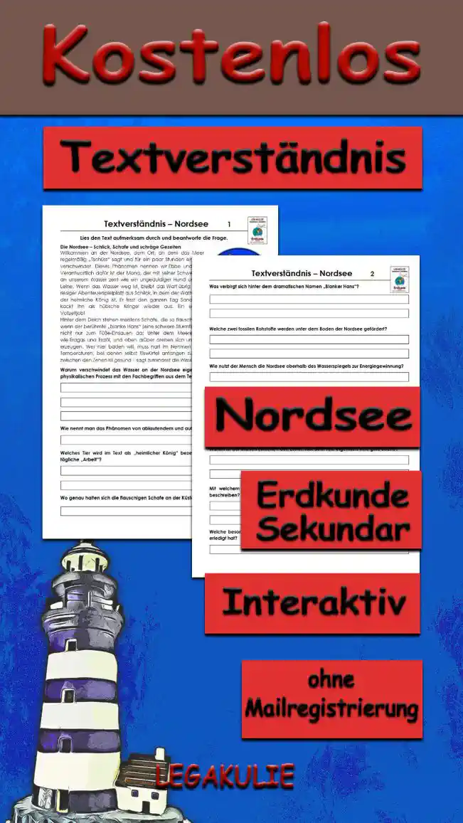 Textverständnis Nordsee Erdkunde - Kostenlos von Legakulie.info [SACHTEXT] | Die Nordsee – Schlick, Schafe und schräge Gezeiten | Willkommen an der Nordsee, dem Ort, an dem das Meer regelmäßig „Tschüss“ sagt und für ein paar Stunden einfach verschwindet. Dieses Phänomen nennen wir Ebbe und Flut. Verantwortlich dafür ist der Mond, der mit seiner Schwerkraft an unserem Wasser zerrt wie ungeduldiger Hund an der Leine. Wenn das Wasser weg ist, bleibt das Watt übrig – ein riesiger Abenteuerspielplatz aus Schlick, in dem der Wattwurm der heimliche König ist. Er frisst den ganzen Tag Sand und kackt ihn als hübsche Kringel wieder aus. Ein echter Vollzeitjob! | Hinter dem Deich stehen meistens Schafe, die so flauschig sind, dass sie fast wegfliegen, wenn der berühmte „blanke Hans“ (eine schwere Sturmflut) anklopft. Die Nordsee ist aber nicht nur zum Füße-Einsauen da: Unter dem Meeresgrund lagern riesige Schätze wie Erdgas und Erdöl, und oben drüber drehen sich unzählige Windräder, um Strom zu erzeugen. Wer hier baden will, muss hart im Nehmen sein, denn das Wasser hat oft Temperaturen, bei denen selbst Eiswürfel anfangen zu zittern. Aber hey, der Matsch zwischen den Zehen ist gesund – sagt zumindest die Wissenschaft! || [FRAGEN UND LÖSUNGEN] | 1. Warum verschwindet das Wasser an der Nordsee eigentlich regelmäßig? Erkläre den physikalischen Prozess mit den Fachbegriffen aus dem Text. | Lösung: Das Wasser verschwindet aufgrund der Ebbe. Der Prozess wird durch die Schwerkraft des Mondes verursacht, die das Wasser der Meere wie einen Magneten anzieht. | 2. Wie nennt man das Phänomen von ablaufendem und auflaufendem Wasser insgesamt? | Lösung: Dieses Phänomen nennt man Ebbe und Flut (oder Gezeiten). | 3. Welches Tier wird im Text als „heimlicher König“ bezeichnet und worin besteht seine tägliche „Arbeit“? | Lösung: Der Wattwurm ist der König des Watts. Seine Arbeit besteht darin, Sand zu fressen und diesen als Sandkringel wieder auszuscheiden. | 4. Wo genau halten sich die flauschigen Schafe an der Küste meistens auf? | Lösung: Die Schafe stehen meistens hinter dem Deich. | 5. Was verbirgt sich hinter dem dramatischen Namen „Blanker Hans“? | Lösung: „Blanker Hans“ ist ein norddeutscher Name für eine schwere, gefährliche Sturmflut. | 6. Welche zwei fossilen Rohstoffe werden unter dem Boden der Nordsee gefördert? | Lösung: Unter dem Meeresgrund der Nordsee werden Erdgas und Erdöl gefördert. | 7. Wie nutzt der Mensch die Nordsee oberhalb des Wasserspiegels zur Energiegewinnung? | Lösung: Durch unzählige Windräder, die auf dem Meer stehen, wird die Windkraft zur Stromerzeugung genutzt. | 8. Warum müssen Menschen, die in der Nordsee baden wollen, laut Text „hart im Nehmen“ sein? | Lösung: Weil das Wasser oft sehr niedrige Temperaturen hat (so kalt, dass selbst Eiswürfel zittern würden). | 9. Warum ist der Matsch zwischen den Zehen laut dem Text eigentlich eine gute Sache? | Lösung: Der Matsch (das Watt) ist gesund – das sagt zumindest die Wissenschaft. | 10. Mit welchem Tier wird der Mond im Text verglichen, um seine Anziehungskraft zu beschreiben? | Lösung: Er wird mit einem ungeduldigen Hund verglichen, der an einer Leine zerrt. | 11. Welche besondere Form hinterlässt der Wattwurm im Sand, nachdem er seine „Arbeit“ erledigt hat? | Lösung: Er hinterlässt im Watt hübsche kleine Sandkringel.