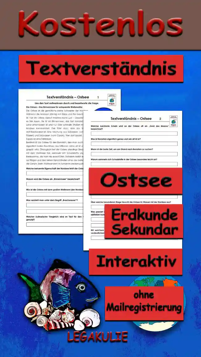 Textverständnis Ostsee Erdkunde - Kostenlos von Legakulie.info [SACHTEXT] | Die Ostsee – Das Binnenmeer für entspannte Wellenreiter | Die Ostsee ist die gemütliche kleine Schwester der Nordsee. Während die Nordsee ständig mit Ebbe und Flut beschäftigt ist, hat die Ostsee darauf meistens keine Lust – Gezeiten gibt es hier kaum. Sie ist ein Binnenmeer, das fast komplett von Land umschlossen ist und nur über schmale Straßen mit der Nordsee kommuniziert. Das führt dazu, dass das Wasser dort Brackwasser ist: Eine Mischung aus Süßwasser (von den Flüssen) und Salzwasser (vom Ozean). Wer dort badet, schmeckt also eher eine dünne Suppe als eine Salzbrezel. | Berühmt ist die Ostsee für den Bernstein, den man auch „Gold des Meeres“ nennt. Es ist eigentlich fossiles Baumharz, das Millionen Jahre alt ist und nach Stürmen an die Strände gespült wird. Ökologisch hat die Ostsee allerdings Stress: Da sie kaum Wasseraustausch mit dem Weltmeer hat, sammeln sich Schadstoffe und Düngemittel dort wie in einer Badewanne, die man nie ausschüttet. Trotzdem bleibt sie mit ihren kreideweißen Klippen auf Rügen und den feinen Sandstränden eines der beliebtesten Urlaubsziele – ganz ohne die Gefahr, beim Wattwandern im Schlamm steckenzubleiben. || [FRAGEN UND LÖSUNGEN] | 1. Welche bekannte Eigenschaft der Nordsee fehlt der Ostsee fast völlig? | Lösung: In der Ostsee gibt es fast keine Gezeiten (Ebbe und Flut). | 2. Warum wird die Ostsee als „Binnenmeer“ bezeichnet? | Lösung: Weil sie fast komplett von Land umschlossen ist. | 3. Wie ist die Ostsee mit dem großen Weltmeer (der Nordsee) verbunden? | Lösung: Nur über schmale Meeresstraßen findet ein Austausch statt. | 4. Was versteht man unter dem Begriff „Brackwasser“? | Lösung: Brackwasser ist eine Mischung aus Süßwasser (aus Flüssen) und Salzwasser (vom Ozean). | 5. Welcher kulinarische Vergleich wird im Text für den Geschmack des Ostseewassers genutzt? | Lösung: Das Wasser schmeckt eher wie eine „dünne Suppe“ als eine „Salzbrezel“. | 6. Welcher berühmte Schatz wird an der Ostsee oft als „Gold des Meeres“ bezeichnet? | Lösung: Der Bernstein wird so genannt. | 7. Was ist Bernstein eigentlich genau und wie alt ist er? | Lösung: Bernstein ist fossiles Baumharz, das viele Millionen Jahre alt ist. | 8. Wann ist die beste Zeit, um am Strand nach Bernstein zu suchen? | Lösung: Besonders nach Stürmen wird Bernstein an die Strände gespült. | 9. Warum sammeln sich Schadstoffe in der Ostsee besonders leicht an? | Lösung: Weil die Ostsee kaum Wasseraustausch mit dem Weltmeer hat (wie eine Badewanne, die nie ausgeschüttet wird). | 10. Welches Naturdenkmal auf der Insel Rügen wird im Text hervorgehoben? | Lösung: Die kreideweißen Klippen auf Rügen werden erwähnt. | 11. Welchen Vorteil bietet ein Urlaub an der Ostsee gegenüber der Nordsee laut dem Text? | Lösung: Man kann dort am Strand spazieren gehen, ohne Gefahr zu laufen, beim Wattwandern im Schlamm steckenzubleiben. | 12. Über welche besonderen Wege tauscht die Ostsee ihr Wasser mit der Nordsee aus? | Lösung: Der Austausch findet nur über sehr schmale Meeresstraßen statt. | 13. Was passiert in der Ostsee mit Schadstoffen und Düngemitteln, weil das Wasser kaum abfließen kann? | Lösung: Sie sammeln sich dort an wie in einer Badewanne, die niemals ausgeschüttet wird. | 14. Mit welchem Begriff wird der Bernstein im Text noch bezeichnet, um seinen Wert zu verdeutlichen? | Lösung: Er wird auch das „Gold des Meeres“ genannt.