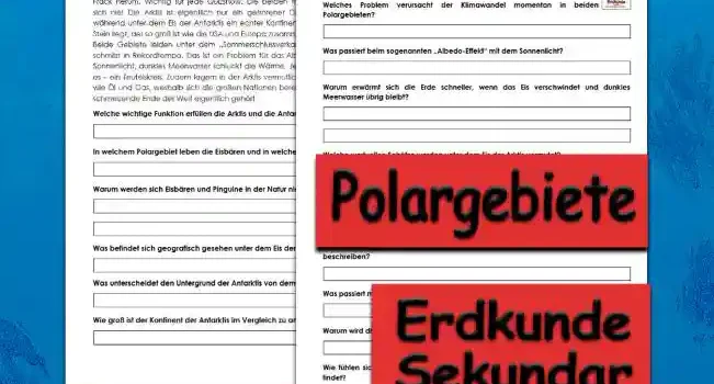 Textverständnis Polargebiete Erdkunde - Kostenlos von Legakulie.info [SACHTEXT] | Die Polargebiete – Das ewige Eis am Ende der Welt | Die Arktis (Norden) und die Antarktis (Süden) sind die Klimaanlagen unserer Erde, auch wenn sie sich wie riesige Tiefkühlfächer ohne Lichtschalter anfühlen. In der Arktis leben die Eisbären, die im Grunde nur schwimmende Teppiche mit Hunger sind. In der Antarktis dagegen watscheln Pinguine im Frack herum. Wichtig für jede Quizshow: Die beiden treffen sich nie! Die Arktis ist eigentlich nur ein gefrorener Ozean, während unter dem Eis der Antarktis ein echter Kontinent aus Stein liegt, der so groß ist wie die USA und Europa zusammen. | Beide Gebiete leiden unter dem „Sommerschlussverkauf“ des Klimawandels – das Eis schmilzt in Rekordtempo. Das ist ein Problem für den Albedo-Effekt: Weißes Eis reflektiert Sonnenlicht, dunkles Meerwasser schluckt die Wärme. Je weniger Eis, desto wärmer wird es – ein Teufelskreis. Zudem lagern in der Arktis vermutlich riesige Mengen an Rohstoffen wie Öl und Gas, weshalb sich die großen Nationen bereits jetzt darum streiten, wem das schmelzende Ende der Welt eigentlich gehört. || [FRAGEN UND LÖSUNGEN] | 1. Welche wichtige Funktion erfüllen die Arktis und die Antarktis für unseren Planeten? | Lösung: Sie fungieren als die Klimaanlagen unserer Erde. | 2. In welchem Polargebiet leben die Eisbären und in welchem die Pinguine? | Lösung: Die Eisbären leben in der Arktis (Norden) und die Pinguine in der Antarktis (Süden). | 3. Warum werden sich Eisbären und Pinguine in der Natur niemals begegnen? | Lösung: Weil sie an entgegengesetzten Enden der Welt leben (Norden vs. Süden). | 4. Was befindet sich geografisch gesehen unter dem Eis der Arktis? | Lösung: Die Arktis ist eigentlich nur ein gefrorener Ozean. | 5. Was unterscheidet den Untergrund der Antarktis von dem der Arktis? | Lösung: Unter dem Eis der Antarktis liegt ein echter Kontinent aus Stein. | 6. Wie groß ist der Kontinent der Antarktis im Vergleich zu anderen Landmassen? | Lösung: Er ist so groß wie die USA und Europa zusammen. | 7. Welches Problem verursacht der Klimawandel momentan in beiden Polargebieten? | Lösung: Das Eis schmilzt dort aktuell in Rekordtempo. | 8. Was passiert beim sogenannten „Albedo-Effekt“ mit dem Sonnenlicht? | Lösung: Weißes Eis reflektiert das Sonnenlicht zurück ins All. | 9. Warum erwärmt sich die Erde schneller, wenn das Eis verschwindet und dunkles Meerwasser übrig bleibt? | Lösung: Das dunkle Meerwasser reflektiert das Licht nicht, sondern schluckt die Wärme der Sonne. | 10. Welche wertvollen Schätze werden unter dem Eis der Arktis vermutet? | Lösung: Dort lagern vermutlich riesige Mengen an Rohstoffen wie Öl und Gas. | 11. Warum streiten sich die großen Nationen bereits jetzt um die Gebiete in der Arktis? | Lösung: Sie wollen klären, wem das Land und die dortigen Rohstoffe gehören, wenn das Eis schmilzt. | 12. Welchen lustigen Vergleich nutzt der Text, um das Aussehen der Eisbären zu beschreiben? | Lösung: Eisbären werden als „schwimmende Teppiche mit Hunger“ bezeichnet. | 13. Was passiert mit der Wärme der Sonne, wenn sie auf dunkles Meerwasser trifft? | Lösung: Das dunkle Meerwasser reflektiert das Licht nicht, sondern es „schluckt“ die Wärme. | 14. Warum wird die Antarktis im Text als „Ende der Welt“ bezeichnet? | Lösung: Weil sie, genau wie die Arktis, an den extremen Enden (Polen) unserer Erde liegt. | 15. Wie fühlen sich die Polargebiete laut dem Text an, wenn man ihren Lichtschalter nicht findet? | Lösung: Sie fühlen sich wie riesige Tiefkühlfächer ohne Lichtschalter an.
