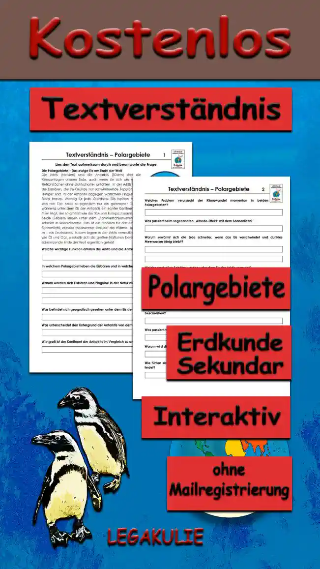 Textverständnis Polargebiete Erdkunde - Kostenlos von Legakulie.info [SACHTEXT] | Die Polargebiete – Das ewige Eis am Ende der Welt | Die Arktis (Norden) und die Antarktis (Süden) sind die Klimaanlagen unserer Erde, auch wenn sie sich wie riesige Tiefkühlfächer ohne Lichtschalter anfühlen. In der Arktis leben die Eisbären, die im Grunde nur schwimmende Teppiche mit Hunger sind. In der Antarktis dagegen watscheln Pinguine im Frack herum. Wichtig für jede Quizshow: Die beiden treffen sich nie! Die Arktis ist eigentlich nur ein gefrorener Ozean, während unter dem Eis der Antarktis ein echter Kontinent aus Stein liegt, der so groß ist wie die USA und Europa zusammen. | Beide Gebiete leiden unter dem „Sommerschlussverkauf“ des Klimawandels – das Eis schmilzt in Rekordtempo. Das ist ein Problem für den Albedo-Effekt: Weißes Eis reflektiert Sonnenlicht, dunkles Meerwasser schluckt die Wärme. Je weniger Eis, desto wärmer wird es – ein Teufelskreis. Zudem lagern in der Arktis vermutlich riesige Mengen an Rohstoffen wie Öl und Gas, weshalb sich die großen Nationen bereits jetzt darum streiten, wem das schmelzende Ende der Welt eigentlich gehört. || [FRAGEN UND LÖSUNGEN] | 1. Welche wichtige Funktion erfüllen die Arktis und die Antarktis für unseren Planeten? | Lösung: Sie fungieren als die Klimaanlagen unserer Erde. | 2. In welchem Polargebiet leben die Eisbären und in welchem die Pinguine? | Lösung: Die Eisbären leben in der Arktis (Norden) und die Pinguine in der Antarktis (Süden). | 3. Warum werden sich Eisbären und Pinguine in der Natur niemals begegnen? | Lösung: Weil sie an entgegengesetzten Enden der Welt leben (Norden vs. Süden). | 4. Was befindet sich geografisch gesehen unter dem Eis der Arktis? | Lösung: Die Arktis ist eigentlich nur ein gefrorener Ozean. | 5. Was unterscheidet den Untergrund der Antarktis von dem der Arktis? | Lösung: Unter dem Eis der Antarktis liegt ein echter Kontinent aus Stein. | 6. Wie groß ist der Kontinent der Antarktis im Vergleich zu anderen Landmassen? | Lösung: Er ist so groß wie die USA und Europa zusammen. | 7. Welches Problem verursacht der Klimawandel momentan in beiden Polargebieten? | Lösung: Das Eis schmilzt dort aktuell in Rekordtempo. | 8. Was passiert beim sogenannten „Albedo-Effekt“ mit dem Sonnenlicht? | Lösung: Weißes Eis reflektiert das Sonnenlicht zurück ins All. | 9. Warum erwärmt sich die Erde schneller, wenn das Eis verschwindet und dunkles Meerwasser übrig bleibt? | Lösung: Das dunkle Meerwasser reflektiert das Licht nicht, sondern schluckt die Wärme der Sonne. | 10. Welche wertvollen Schätze werden unter dem Eis der Arktis vermutet? | Lösung: Dort lagern vermutlich riesige Mengen an Rohstoffen wie Öl und Gas. | 11. Warum streiten sich die großen Nationen bereits jetzt um die Gebiete in der Arktis? | Lösung: Sie wollen klären, wem das Land und die dortigen Rohstoffe gehören, wenn das Eis schmilzt. | 12. Welchen lustigen Vergleich nutzt der Text, um das Aussehen der Eisbären zu beschreiben? | Lösung: Eisbären werden als „schwimmende Teppiche mit Hunger“ bezeichnet. | 13. Was passiert mit der Wärme der Sonne, wenn sie auf dunkles Meerwasser trifft? | Lösung: Das dunkle Meerwasser reflektiert das Licht nicht, sondern es „schluckt“ die Wärme. | 14. Warum wird die Antarktis im Text als „Ende der Welt“ bezeichnet? | Lösung: Weil sie, genau wie die Arktis, an den extremen Enden (Polen) unserer Erde liegt. | 15. Wie fühlen sich die Polargebiete laut dem Text an, wenn man ihren Lichtschalter nicht findet? | Lösung: Sie fühlen sich wie riesige Tiefkühlfächer ohne Lichtschalter an.