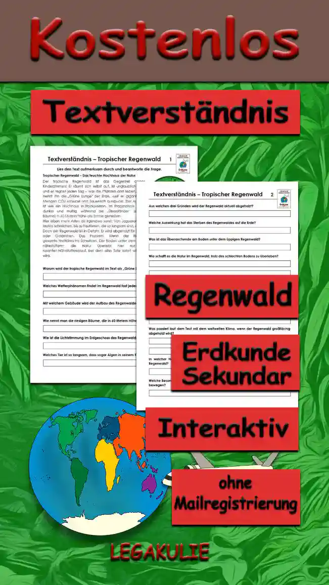 Textverständnis Regenwald Erdkunde - Kostenlos von Legakulie.info [SACHTEXT] | Tropischer Regenwald – Das feuchte Hochhaus der Natur | Der tropische Regenwald ist das Gegenteil deines Kinderzimmers: Er räumt sich selbst auf, ist unglaublich grün und es regnet jeden Tag – was die Pflanzen dort lieben. Man nennt ihn die „Grüne Lunge“ der Erde, weil er gigantische Mengen CO2 schluckt und Sauerstoff ausspuckt. Der Aufbau ist wie ein Hochhaus in Stockwerken. Im Erdgeschoss ist es dunkel und muffig, während die „Überständer“ (riesige Bäume) in 60 Metern Höhe die Sonne genießen. | Hier leben mehr Arten als irgendwo sonst: Von Jaguaren, die lautlos schleichen, bis zu Faultieren, die so langsam sind, dass Algen in ihrem Fell wachsen. Doch der Regenwald ist in Gefahr. Er wird abgeholzt für Rinderweiden, Palmöl-Plantagen oder Goldminen. Das Problem: Wenn der Regenwald stirbt, gerät das gesamte Weltklima ins Schwitzen. Der Boden unter dem Wald ist übrigens überraschend nährstoffarm; die Natur überlebt hier nur durch einen perfekten, rasanten Nährstoffkreislauf, bei dem alles Tote sofort wieder zu neuem Leben recycelt wird. || [FRAGEN UND LÖSUNGEN] | 1. Warum wird der tropische Regenwald im Text als „Grüne Lunge“ der Erde bezeichnet? | Lösung: Weil er gigantische Mengen CO2 schluckt und lebenswichtigen Sauerstoff für uns ausspuckt. | 2. Welches Wetterphänomen findet im Regenwald fast jeden Tag statt? | Lösung: Im Regenwald regnet es fast jeden Tag. | 3. Mit welchem Gebäude wird der Aufbau des Regenwaldes verglichen? | Lösung: Der Aufbau wird mit einem Hochhaus verglichen, das verschiedene Stockwerke besitzt. | 4. Wie nennt man die riesigen Bäume, die in 60 Metern Höhe über allen anderen thronen? | Lösung: Diese Bäume werden als „Überständer“ bezeichnet. | 5. Wie ist die Lichtstimmung im Erdgeschoss des Regenwaldes? | Lösung: Dort ist es eher dunkel und muffig. | 6. Welches Tier ist so langsam, dass sogar Algen in seinem Fell wachsen können? | Lösung: Das Faultier ist so langsam, dass dies geschieht. | 7. Aus welchen drei Gründen wird der Regenwald aktuell abgeholzt? | Lösung: Er wird für Rinderweiden, Palmöl-Plantagen oder Goldminen vernichtet. | 8. Welche Auswirkung hat das Sterben des Regenwaldes auf die Erde? | Lösung: Das gesamte Weltklima gerät dadurch „ins Schwitzen“ (es erwärmt sich). | 9. Was ist das Überraschende am Boden unter dem üppigen Regenwald? | Lösung: Der Boden ist eigentlich überraschend nährstoffarm. | 10. Wie schafft es die Natur im Regenwald, trotz des schlechten Bodens zu überleben? | Lösung: Durch einen perfekten und rasanten Nährstoffkreislauf, bei dem alles Tote sofort recycelt wird. | 11. Welches Raubtier schleicht laut Text lautlos durch den Dschungel? | Lösung: Der Jaguar schleicht lautlos durch den Regenwald. | 12. Warum wird der Regenwald im Text als das Gegenteil eines unaufgeräumten Kinderzimmers beschrieben? | Lösung: Weil der Regenwald sich ganz von alleine aufräumt und ein perfektes Recyclingsystem besitzt. | 13. Was passiert laut dem Text mit dem weltweiten Klima, wenn der Regenwald großflächig abgeholzt wird? | Lösung: Das gesamte Weltklima gerät „ins Schwitzen“, was bedeutet, dass sich die Erde weiter erwärmt. | 14. In welcher Höhe genießen die riesigen „Überständer-Bäume“ die Sonne über dem Regenwald? | Lösung: Diese Bäume erreichen eine Höhe von etwa 60 Metern. | 15. Welche Besonderheit entwickelt sich im Fell der Faultiere, weil sie sich so extrem langsam bewegen? | Lösung: Da Faultiere so langsam sind, wachsen in ihrem Fell sogar Algen.