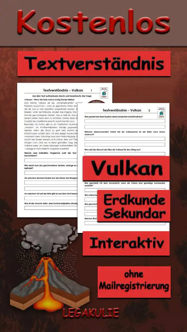 Textverständnis Vulkan Erdkunde - Kostenlos von Legakulie.info [SACHTEXT] | Vulkane – Wenn die Erde mal so richtig Dampf ablässt | Man könnte Vulkane als die „Sicherheitsventile“ unseres Planeten bezeichnen – oder als gigantische Pickel der Erde, die ab und zu mal ordentlich ausgedrückt werden. Tief im Inneren, unter der Erdkruste, brodelt das Magma. Das ist im Grunde geschmolzenes Gestein, das so heiß ist, dass es nur darauf wartet, nach oben zu kommen. Sobald dieser feurige Cocktail die Oberfläche erreicht, nennt man ihn Lava. | Besonders viel Action gibt es am Pazifischen Feuerring. Hier „rempeln“ die Kontinentalplatten ständig gegeneinander, was wir Plattentektonik nennen. Wenn der Druck zu groß wird, kommt es zur Eruption. Ein klassischer Schichtvulkan schießt dann oft eine riesige Aschewolke in den Himmel, die die Sonne verdunkeln kann. Das klingt zwar nach Weltuntergang, hat aber einen Vorteil: Die Asche macht den Boden danach so fruchtbar, dass dort Pflanzen wachsen, als gäbe es kein Morgen mehr. Und wer es lieber gemütlich mag: Die Geothermie nutzt die Hitze der Vulkane sogar, um unsere Heizungen warmzuhalten. Ein echtes Multitalent, dieser Vulkan – solange er nicht direkt im Vorgarten ausbricht! || [FRAGEN UND LÖSUNGEN] | 1. Welche zwei bildhaften Vergleiche nutzt der Text am Anfang, um Vulkane zu beschreiben? | Lösung: Vulkane werden als „Sicherheitsventile“ oder als „gigantische Pickel“ der Erde bezeichnet. | 2. Wie nennt man das geschmolzene Gestein, solange es sich noch tief unter der Erdkruste befindet? | Lösung: Tief im Inneren der Erde nennt man das geschmolzene Gestein Magma. | 3. Ab welchem Moment ändert sich der Name des flüssigen Gesteins in „Lava“? | Lösung: Sobald der feurige Gesteins-Cocktail die Oberfläche der Erde erreicht, nennt man ihn Lava. | 4. An welchem Ort auf der Welt gibt es laut dem Text besonders viel vulkanische „Action“? | Lösung: Besonders viel Aktivität gibt es am Pazifischen Feuerring. | 5. Was ist die Ursache dafür, dass Kontinentalplatten ständig gegeneinander „rempeln“? | Lösung: Die Ursache dafür ist die sogenannte Plattentektonik. | 6. Was passiert bei einer Eruption eines klassischen Schichtvulkans? | Lösung: Er schießt oft eine riesige Aschewolke in den Himmel, die sogar die Sonne verdunkeln kann. | 7. Welchen überraschenden Vorteil hat die Vulkanasche für die Natur nach einem Ausbruch? | Lösung: Die Asche macht den Boden extrem fruchtbar, sodass Pflanzen dort sehr gut wachsen können. | 8. Wie nutzt der Mensch die Hitze der Vulkane für den Alltag aus? | Lösung: Durch die Geothermie wird die Hitze genutzt, um Heizungen warmzuhalten. | 9. Warum wird der Vulkan im Text als „echtes Multitalent“ bezeichnet? | Lösung: Weil er zwar gefährlich ist, aber fruchtbaren Boden liefert und Energie zum Heizen spendet. | 10. Unter welcher Bedingung ist ein Vulkan laut dem Text ein „gemütlicher“ Nachbar? | Lösung: Solange er nicht direkt im eigenen Vorgarten ausbricht. | 11. Was geschieht mit dem Sonnenlicht, wenn ein Vulkan eine gewaltige Aschewolke ausstößt? | Lösung: Die Sonne wird durch die dichte Aschewolke verdunkelt. | 12. Wie unterscheidet sich die Temperatur von Magma im Vergleich zu gewöhnlichem Stein? | Lösung: Magma ist so extrem heiß, dass das Gestein geschmolzen ist und flüssig brodelt. | 13. Was geschieht laut Text mit dem Sonnenlicht, wenn ein Schichtvulkan ausbricht? | Lösung: Die Sonne kann durch die riesige Aschewolke, die in den Himmel geschossen wird, verdunkelt werden. | 14. Welches Wort benutzt der Text für das „Gegeneinander-Rempeln“ der Kontinentalplatten? | Lösung: Dieser Vorgang wird als Plattentektonik bezeichnet.