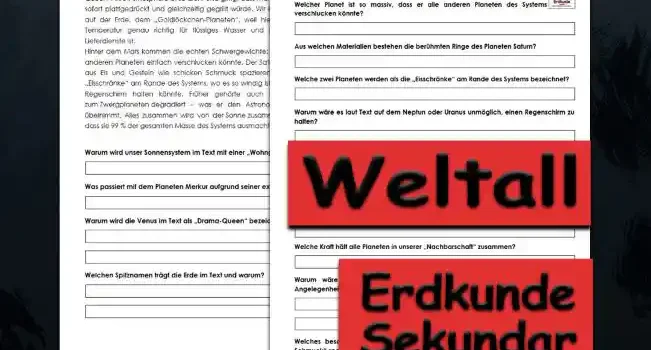 Textverständnis Weltall Erdkunde - Kostenlos von Legakulie.info [SACHTEXT] | Weltall & Planeten – Eine Nachbarschaft mit Größenwahn | Unser Sonnensystem ist wie eine Wohngemeinschaft, in der jeder Mitbewohner eine ziemliche Macke hat. Da ist der Merkur, der so nah an der Sonne hockt, dass er tagsüber schmilzt und nachts einfriert. Die Venus ist die „Drama-Queen“: Ihre Atmosphäre ist so dicht und giftig, dass man dort sofort plattgedrückt und gleichzeitig gegrillt würde. Wir leben auf der Erde, dem „Goldlöckchen-Planeten“, weil hier die Temperatur genau richtig für flüssiges Wasser und Pizza-Lieferdienste ist. | Hinter dem Mars kommen die echten Schwergewichte: Jupiter ist so massiv, dass er alle anderen Planeten einfach verschlucken könnte. Der Saturn trägt seine berühmten Ringe aus Eis und Gestein wie schicken Schmuck spazieren. Neptun und Uranus sind die „Eisschränke“ am Rande des Systems, wo es so windig ist, dass man dort nicht mal einen Regenschirm halten könnte. Früher gehörte auch Pluto zum Club, wurde aber zum Zwergplaneten degradiert – was er den Astronomen wahrscheinlich bis heute übelnimmt. Alles zusammen wird von der Sonne zusammengehalten, die so schwer ist, dass sie 99 % der gesamten Masse des Systems ausmacht. || [FRAGEN UND LÖSUNGEN] | 1. Warum wird unser Sonnensystem im Text mit einer „Wohngemeinschaft“ verglichen? | Lösung: Weil jeder Mitbewohner (Planet) eine ganz eigene, spezielle Eigenschaft oder „Macke“ hat. | 2. Was passiert mit dem Planeten Merkur aufgrund seiner extremen Nähe zur Sonne? | Lösung: Er schmilzt tagsüber fast vor Hitze und friert nachts komplett ein. | 3. Warum wird die Venus im Text als „Drama-Queen“ bezeichnet? | Lösung: Weil ihre Atmosphäre so dicht und giftig ist, dass man dort gleichzeitig zerquetscht und gegrillt würde. | 4. Welchen Spitznamen trägt die Erde im Text und warum? | Lösung: Die Erde wird „Goldlöckchen-Planet“ genannt, weil die Temperatur dort genau richtig für flüssiges Wasser und Leben ist. | 5. Welcher Planet ist so massiv, dass er alle anderen Planeten des Systems verschlucken könnte? | Lösung: Der Jupiter ist das Schwergewicht im Sonnensystem. | 6. Aus welchen Materialien bestehen die berühmten Ringe des Planeten Saturn? | Lösung: Die Ringe bestehen aus Eis und Gestein. | 7. Welche zwei Planeten werden als die „Eisschränke“ am Rande des Systems bezeichnet? | Lösung: Neptun und Uranus sind die Eisschränke des Sonnensystems. | 8. Warum wäre es laut Text auf dem Neptun oder Uranus unmöglich, einen Regenschirm zu halten? | Lösung: Weil es dort so extrem windig ist. | 9. Was geschah mit dem früheren Planeten Pluto? | Lösung: Er wurde zum Zwergplaneten degradiert und gehört nicht mehr zum „Club“ der Hauptplaneten. | 10. Welchen Anteil an der Gesamtmasse des gesamten Sonnensystems macht die Sonne aus? | Lösung: Die Sonne macht 99 % der gesamten Masse des Systems aus. | 11. Welche Kraft hält alle Planeten in unserer „Nachbarschaft“ zusammen? | Lösung: Die Sonne hält durch ihr enormes Gewicht alles zusammen. | 12. Warum wäre ein Besuch auf der Venus laut Text eine ziemlich ungemütliche Angelegenheit? | Lösung: Man würde dort aufgrund der dichten und giftigen Atmosphäre gleichzeitig plattgedrückt und gegrillt werden. | 13. Welches besondere Merkmal trägt der Planet Saturn laut dem Text wie „schicken Schmuck“ spazieren? | Lösung: Der Saturn trägt seine berühmten Ringe aus Eis und Gestein.