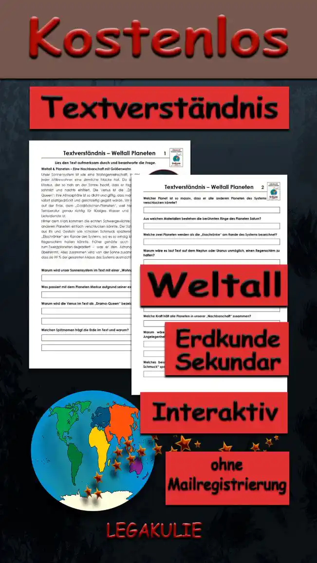 Textverständnis Weltall Erdkunde - Kostenlos von Legakulie.info [SACHTEXT] | Weltall & Planeten – Eine Nachbarschaft mit Größenwahn | Unser Sonnensystem ist wie eine Wohngemeinschaft, in der jeder Mitbewohner eine ziemliche Macke hat. Da ist der Merkur, der so nah an der Sonne hockt, dass er tagsüber schmilzt und nachts einfriert. Die Venus ist die „Drama-Queen“: Ihre Atmosphäre ist so dicht und giftig, dass man dort sofort plattgedrückt und gleichzeitig gegrillt würde. Wir leben auf der Erde, dem „Goldlöckchen-Planeten“, weil hier die Temperatur genau richtig für flüssiges Wasser und Pizza-Lieferdienste ist. | Hinter dem Mars kommen die echten Schwergewichte: Jupiter ist so massiv, dass er alle anderen Planeten einfach verschlucken könnte. Der Saturn trägt seine berühmten Ringe aus Eis und Gestein wie schicken Schmuck spazieren. Neptun und Uranus sind die „Eisschränke“ am Rande des Systems, wo es so windig ist, dass man dort nicht mal einen Regenschirm halten könnte. Früher gehörte auch Pluto zum Club, wurde aber zum Zwergplaneten degradiert – was er den Astronomen wahrscheinlich bis heute übelnimmt. Alles zusammen wird von der Sonne zusammengehalten, die so schwer ist, dass sie 99 % der gesamten Masse des Systems ausmacht. || [FRAGEN UND LÖSUNGEN] | 1. Warum wird unser Sonnensystem im Text mit einer „Wohngemeinschaft“ verglichen? | Lösung: Weil jeder Mitbewohner (Planet) eine ganz eigene, spezielle Eigenschaft oder „Macke“ hat. | 2. Was passiert mit dem Planeten Merkur aufgrund seiner extremen Nähe zur Sonne? | Lösung: Er schmilzt tagsüber fast vor Hitze und friert nachts komplett ein. | 3. Warum wird die Venus im Text als „Drama-Queen“ bezeichnet? | Lösung: Weil ihre Atmosphäre so dicht und giftig ist, dass man dort gleichzeitig zerquetscht und gegrillt würde. | 4. Welchen Spitznamen trägt die Erde im Text und warum? | Lösung: Die Erde wird „Goldlöckchen-Planet“ genannt, weil die Temperatur dort genau richtig für flüssiges Wasser und Leben ist. | 5. Welcher Planet ist so massiv, dass er alle anderen Planeten des Systems verschlucken könnte? | Lösung: Der Jupiter ist das Schwergewicht im Sonnensystem. | 6. Aus welchen Materialien bestehen die berühmten Ringe des Planeten Saturn? | Lösung: Die Ringe bestehen aus Eis und Gestein. | 7. Welche zwei Planeten werden als die „Eisschränke“ am Rande des Systems bezeichnet? | Lösung: Neptun und Uranus sind die Eisschränke des Sonnensystems. | 8. Warum wäre es laut Text auf dem Neptun oder Uranus unmöglich, einen Regenschirm zu halten? | Lösung: Weil es dort so extrem windig ist. | 9. Was geschah mit dem früheren Planeten Pluto? | Lösung: Er wurde zum Zwergplaneten degradiert und gehört nicht mehr zum „Club“ der Hauptplaneten. | 10. Welchen Anteil an der Gesamtmasse des gesamten Sonnensystems macht die Sonne aus? | Lösung: Die Sonne macht 99 % der gesamten Masse des Systems aus. | 11. Welche Kraft hält alle Planeten in unserer „Nachbarschaft“ zusammen? | Lösung: Die Sonne hält durch ihr enormes Gewicht alles zusammen. | 12. Warum wäre ein Besuch auf der Venus laut Text eine ziemlich ungemütliche Angelegenheit? | Lösung: Man würde dort aufgrund der dichten und giftigen Atmosphäre gleichzeitig plattgedrückt und gegrillt werden. | 13. Welches besondere Merkmal trägt der Planet Saturn laut dem Text wie „schicken Schmuck“ spazieren? | Lösung: Der Saturn trägt seine berühmten Ringe aus Eis und Gestein.