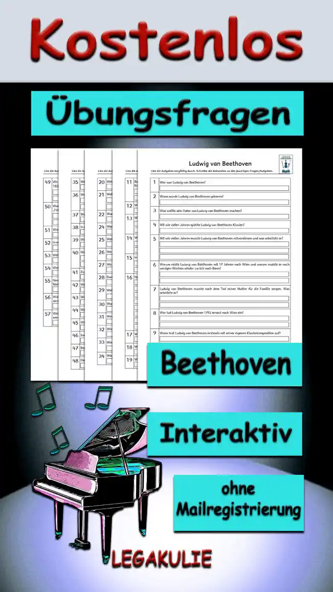 Übungsfragen Beethoven 3./4.Klasse Musik - Kostenlos von Legakulie.info [ÜBUNGSFRAGEN] | Ludwig van Beethoven – 57 Übungsfragen (Master-Lösung für Lehrer) | 1. Wer war Ludwig van Beethoven? | Lösung: Er war ein weltberühmter deutscher Komponist und Pianist, der die Epoche der Wiener Klassik prägte und den Weg zur Romantik ebnete. | 2. Wann wurde Ludwig van Beethoven geboren? | Lösung: Er wurde am siebzehnten Dezember 1770 in Bonn geboren. | 3. Was wollte sein Vater aus Ludwig van Beethoven machen? | Lösung: Er wollte aus ihm mit aller Härte ein berühmtes Wunderkind nach dem Vorbild von Wolfgang Amadeus Mozart machen. | 4. Mit wie vielen Jahren spielte Ludwig van Beethoven Klavier? | Lösung: Er spielte bereits im zarten Alter von nur 4 Jahren leidenschaftlich Klavier. | 5. Mit wie vielen Jahren musste Ludwig van Beethoven mitverdienen und was arbeitete er? | Lösung: Er musste mit 12 Jahren als Gehilfe des Hoforganisten arbeiten und wurde später fest als kurfürstlicher Hilfsorganist angestellt. | 6. Warum reiste Ludwig van Beethoven mit 17 Jahren nach Wien und warum musste er nach wenigen Wochen wieder zurück nach Bonn? | Lösung: Er reiste nach Wien, um bei Mozart zu studieren, kehrte aber nach wenigen Wochen zurück, da seine geliebte Mutter todkrank war. | 7. Ludwig van Beethoven musste nach dem Tod seiner Mutter für die Familie sorgen. Was arbeitete er? | Lösung: Er gab Klavierunterricht für die Kinder einer wohlhabenden Witwe und spielte Bratsche in der Hofkapelle. | 8. Wer lud Ludwig van Beethoven 1792 erneut nach Wien ein? | Lösung: Der berühmte Komponist Joseph Haydn wurde auf sein außergewöhnliches Talent aufmerksam und nahm ihn in Wien als Musterschüler auf. | 9. Wann trat Ludwig van Beethoven erstmals mit seiner eigenen Klavierkomposition auf? | Lösung: Das war im Jahr 1795 im Rahmen eines großen Benefizkonzerts in den eleganten Salons der Wiener Adelsschicht. | 10. Wer zahlte für Ludwig van Beethovens Unterricht, Kompositionen und Veröffentlichungen? | Lösung: Wohlhabende adelige Musikliebhaber der Stadt Wien unterstützten ihn finanziell, da sie nach Mozarts Tod ein neues Musikidol brauchten. | 11. Beethoven hatte ein körperliches Leiden. Wie wirkte sich dieses auf seine Arbeit als Komponist aus? | Lösung: Er litt früh unter einem Gehörleiden, wurde schließlich völlig taub und konnte seine eigenen Meisterwerke niemals selbst hören. | 12. Wie ging Ludwig van Beethoven mit seiner Taubheit um? | Lösung: Er zog sich einsam zurück, komponierte aber unermüdlich weiter, da er die Musik und alle Töne als inneres Gehör im Kopf hatte. | 13. Wann starb Ludwig van Beethoven? | Lösung: Er starb am sechsundzwanzigsten März 1827 im Alter von 56 Jahren in Wien. | 14. Welche Musikinstrumente spielte Ludwig van Beethoven? | Lösung: Er spielte meisterhaft Klavier und Orgel und beherrschte zudem das Spiel auf der Violine und der Bratsche. | 15. In welchem Alter gab Ludwig van Beethoven dein erstes Konzert? | Lösung: Er gab sein erstes öffentliches Konzert mit 8 Jahren, obwohl sein ehrgeiziger Vater ihn auf den Plakaten jünger schummelte. | 16. Nenne wichtige Elemente in seinem Leben und beschreibe sie kurz! | Lösung: Der frühe Tod der Mutter, seine tragische Ertaubung, sein stolzer Charakter und sein mutiger Kampf für die Menschenrechte. | 17. Wo verbrachte Ludwig van Beethoven die meiste Zeit seines Lebens? | Lösung: Er verbrachte die meiste Zeit seines Erwachsenenlebens und Schaffens in der Musikmetropole Wien. | 18. Welcher bekannte Musiker unterrichtete Ludwig van Beethoven? | Lösung: Er erhielt in Wien intensiven Kompositionsunterricht von dem berühmten klassischen Meister Joseph Haydn. | 19. Wie alt war Ludwig van Beethoven, als er zunehmend taub wurde? | Lösung: Die ersten schweren Anzeichen seiner unheilbaren Ertaubung machten sich bereits im Alter von etwa 30 Jahren bemerkbar. | 20. Welches berühmte Werk schrieb Ludwig van Beethoven, als er taub war? | Lösung: In völliger Gehörlosigkeit schuf er unter anderem seine monumentale und weltberühmte 9. Sinfonie. | 21. Welcher Musikepoche war er zugeordnet? | Lösung: Er wird zusammen mit Wolfgang Amadeus Mozart und Joseph Haydn als Hauptmeister der Wiener Klassik zugeordnet. | 22. Warum war damals Wien das Zentrum der Musik? | Lösung: Weil die besten Komponisten, Virtuosen und reichsten Musikmäzene in Wien lebten, um Musik aufzuführen und zu fördern. | 23. Wem bereitete Ludwig van Beethoven mit seinen Kompositionen den Weg? | Lösung: Mit seinen emotionalen und neuartigen Klanggewalten brach er die alten Formen auf und ebnete der Epoche der Romantik den Weg. | 24. Für wen übernahm Ludwig van Beethoven die Vormundschaft? | Lösung: Er übernahm nach einem langen Rechtsstreit die Vormundschaft für seinen Neffen Karl, den Sohn seines verstorbenen Bruders. | 25. Welche seltsamen Angewohnheiten hatte Ludwig van Beethoven? | Lösung: Er schüttete sich beim Nachdenken Wasser im Zimmer über den Kopf und zählte für jede Tasse Kaffee exakt 60 Kaffeebohnen ab. | 26. Wo schrieb Ludwig van Beethoven seine Kompositionen auf? | Lösung: Er notierte seine musikalischen Einfälle und Skizzen überall, sogar auf Tischplatten, Wänden oder Fensterläden. | 27. Wo fand er seine Ideen? | Lösung: Er fand seine tiefsten musikalischen Ideen bei langen Spaziergängen in der freien Natur und in der absoluten Stille der Nacht. | 28. Durch welches berühmte europäische Lied kennen wir Ludwig van Beethoven? | Lösung: Wir kennen seine Melodie aus dem Schlusschor der 9. Sinfonie, die heute als feierliche Europahymne auf der ganzen Welt bekannt ist. | 29. Welche zwei bekannten Komponisten lernte er mit 22 Jahren in Wien kennen? | Lösung: Er lernte in Wien die berühmten Musiker Wolfgang Amadeus Mozart und Joseph Haydn kennen. | 30. Wann trat Ludwig van Beethoven erstmals als Komponist in der Öffentlichkeit auf? | Lösung: Seine ersten gedruckten Variationen für Klavier erschienen bereits im Jahr 1783 in Deutschland. | 31. Wovon waren seine Werke am Anfang seines Schaffens geprägt? | Lösung: Seine frühen Kompositionen waren stark vom klassischen Stil seiner großen Vorbilder Mozart und Haydn geprägt. | 32. Wie viele Klavierkonzerte hat Ludwig van Beethoven geschrieben? | Lösung: Er schrieb im Laufe seines Lebens genau 5 vollendete, virtuose Klavierkonzerte für den Konzertsaal. | 33. Wie viele Violinkonzerte hat Ludwig van Beethoven geschrieben? | Lösung: Er komponierte im Laufe seines Lebens ein einziges, dafür aber weltberühmtes Violinkonzert in D-Dur. | 34. Wie viele Sinfonien hat Ludwig van Beethoven geschrieben? | Lösung: Er vollendete im Laufe seines Lebens genau 9 große Sinfonien für Orchester. | 35. Welches sind die berühmtesten Kompositionen von Beethoven? | Lösung: Seine 9 Sinfonien gelten als die einflussreichsten und berühmtesten Kompositionen der gesamten Musikgeschichte. | 36. Was ist eine Sinfonie? | Lösung: Eine Sinfonie ist ein großes, meist vierteiliges Musikstück, das von einem vollständigen Orchester gespielt wird. | 37. Was singt der Chor zu Beethovens berühmtester Sinfonie und wer schrieb den Text dazu? | Lösung: Der Chor sings die Zeilen Freude schöner Götterfunken, deren Text aus einem Gedicht von Friedrich Schiller stammt. | 38. In welcher Sinfonie wird der Schlusschor verwendet? | Lösung: Der berühmte Schlusschor mit Sängern wird im monumentalen vierten Satz der 9. Sinfonie eingesetzt. | 39. Wie heißt Beethovens dritte Sinfonie? | Lösung: Seine revolutionäre 3. Sinfonie trägt den berühmten Beinamen Eroica, was übersetzt die Heroische bedeutet. | 40. Warum ist ein Musikstück aus der neunten Sinfonie weltberühmt? | Lösung: Weil die einprägsame Melodie des Schlusssatzes im Jahr 1985 zur offiziellen Hymne der Europäischen Union erklärt wurde. | 41. Zu welchen Anlässen wird sie gespielt? | Lösung: Sie wird bei allen feierlichen, staatlichen und völkerverbindenden Anlässen innerhalb Europas feierlich abgespielt. | 42. Wem wollte er die dritte Sinfonie zuerst widmen? | Lösung: Er wollte sie ursprünglich Napoleon Bonaparte widmen, zerriss das Titelblatt aber wütend, als dieser sich selbst zum Kaiser krönte. | 43. Wie wird Ludwig van Beethovens 5. Sinfonie noch genannt? | Lösung: Sie ist weltweit unter dem dramatischen Beinamen Schicksalssinfonie bekannt. | 44. Welche Instrumente kommen in der 5. Sinfonie vor? | Lösung: In diesem Orchesterwerk spielen Streicher, Pauken, Trompeten, Hörner sowie Holzbläser wie die Querflöte zusammen. | 45. Wo wurden Beethovens 5. und 6. Symphonie 1808 öffentlich uraufgeführt? | Lösung: Beide großen Orchesterwerke wurden im Rahmen eines historischen Mammut-Konzerts im Theater an der Wien uraufgeführt. | 46. Beethoven stellt in seiner 6. Sinfonie ein Gewitter dar. Wie oft ertönt der Donner? | Lösung: Der grollende Donner wird von den Pauken im Laufe des Satzes exakt 16-mal dargestellt. | 47. Beethoven schrieb nur eine einzige Oper. Wie heißt sie? | Lösung: Seine einzige, mühevoll ausgearbeitete Oper trägt den Namen Fidelio. | 48. Die Oper wurde etliche Male überarbeitet. Wie hieß sie ursprünglich? | Lösung: In ihrer allerersten Fassung kam die Oper unter dem ursprünglichen Namen Leonore auf die Bühne. | 49. Wo wurde sein Meisterwerk, die „Missa solemnis“, im Jahr 1824 uraufgeführt? | Lösung: Dieses monumentale geistliche Werk wurde am siebten April 1824 in Sankt Petersburg in Russland weltweit uraufgeführt. | 50. Was ist eine „Ouvertüre“ und worauf schrieb Ludwig van Beethoven die Ouvertüre zu „Fidelio“? | Lösung: Eine Ouvertüre ist das einleitende Musikstück einer Oper. Beethoven notierte Teile davon hastig auf einer Speisekarte. | 51. Wie nennt man die großen Konzerte, die Ludwig van Beethoven in Wien selbst veranstaltete? | Lösung: Seine selbst organisierten Konzerte mit eigenen Uraufführungen nannte man in Wien Akademien. | 52. In welcher Tonart schrieb Ludwig van Beethoven sein zweites Klavierkonzert? | Lösung: Er komponierte dieses virtuose Werk in der klassischen Tonart B-Dur. | 53. Welche Opus-Nummer trägt seine Messe in C-Dur? | Lösung: Seine feierliche Messe in C-Dur ist im Werkverzeichnis unter der Opus-Nummer 86 gelistet. | 54. Welchem anderen bedeutenden Komponisten spielte Beethoven in seiner Jugend vor? | Lösung: Er reiste in seiner Jugend extra nach Wien, um dem großen Meister Wolfgang Amadeus Mozart auf dem Klavier vorzuspielen. | 55. Nenne den Fachausdruck für das Notenschreiben! Mit welchem Werkzeug hat Ludwig van Beethoven seine Noten geschrieben? | Lösung: Der Fachausdruck lautet komponieren. Beethoven schrieb seine Noten damals ganz traditionell mit einem echten Federkiel. | 56. Wie lautet die Widmung für Erzherzog Rudolf, die Ludwig van Beethoven auf die erste Seite seines Werkes „Missa solemnis“ schrieb? | Lösung: Seine berühmte, tiefgründige Widmung lautet: Von Herzen - möge es wieder zu Herzen gehen. | 57. Welcher Musiker wollte neben van Beethoven auf dem Währinger Ortsfriedhof begraben werden? | Lösung: Der berühmte Komponist Franz Schubert bewunderte Beethoven so sehr, dass er den Wunsch äußerte, direkt neben ihm bestattet zu werden.