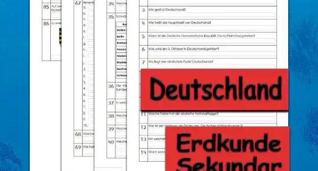 Übungsfragen Deutschland Erdkunde - Kostenlos von Legakulie.info. [ÜBUNGSFRAGEN] | Deutschland – 86 kostenlose interaktive Übungsfragen zur Geographie und den Bundesländern auf Legakulie.info | 1. Wo liegt Deutschland? | 2. Wann wurde die Bundesrepublik Deutschland gegründet? | 3. Wie groß ist Deutschland? | 4. Wie heißt die Hauptstadt von Deutschland? | 5. Wann ist die Deutsche Demokratische Republik Deutschland beigetreten? | 6. Was wird am 3. Oktober in Deutschland gefeiert? | 7. Wo liegt der nördlichste Punkt Deutschlands? | 8. Mit wie vielen Staaten teilt Deutschland seine Grenzen? | 9. Wie viele Menschen leben derzeit etwa in Deutschland? | 10. In welcher Klimazone liegt Deutschland? | 11. Welche Farbe hat die deutsche Nationalflagge? | 12. Wer ist der Verfasser des Textes der „Deutschen Nationalhymne“? | 13. Mit welchen Worten beginnt die „Deutsche Nationalhymne“? | 14. Wann entstanden die deutschen Bundesländer? | 15. Aus wie vielen Bundesländern besteht Deutschland? | 16. Welche Bundesländer werden die „neuen Bundesländer“ genannt? | 17. Warum werden sie die „neuen Bundesländer“ genannt? | 18. Wie heißen die Bundesländer Deutschlands? | 19. Zu welchem Bundesland gehört Helgoland? | 20. In welchem Bundesland liegt das Sauerland? | 21. Welche drei Bundesländer grenzen an Frankreich? | 22. Welche three Bundesländer grenzen an Polen? | 23. Welches Bundesland grenzt an Tschechien und Polen? | 24. Welches Bundesland grenzt an Frankreich (der Name eines Flusses gab ihm seinen Namen)? | 25. Welche drei deutschen Städte sind gleichzeitig auch Bundesländer? | 26. Welches Bundesland ist das größte (in Landmasse)? | 27. Welches Bundesland ist das kleinste (in Landmasse)? | 28. Welches Bundesland hat die meisten Einwohner? | 29. Welches Bundesland hat die wenigsten Einwohner? | 30. Nenne nur die Bundesländer mit ihren Landeshauptstädten, die einen Doppelnamen haben. | 31. Welches Bundesland hat eine gemeinsame Grenze mit Dänemark? | 32. Welches Bundesland hat eine gemeinsame Grenze mit Österreich und Tschechien? | 33. Welche zwei Bundesländer existieren noch aus dem Hansebund? | 34. Welches Bundesland hat den größten Flughafen? | 35. Schreibe die Landeshauptstädte zu den Bundesländern. | 36. Die Könige von Polen besaßen Schlösser und Paläste in Deutschland. In welchem Bundesland findet man sie? | 37. In welchem Bundesland hat die Bundesregierung ihren Sitz? | 38. Welche Bundesländer werden von einem anderen Bundesland ganz umgeben? | 39. Welches Bundesland ist das nördlichste? | 40. Welche Bundesländer grenzen nicht an einen anderen europäischen Staat? | 41. Welches Bundesland hat das größte Industriegebiet? | 42. Warum ist Berlin eine „doppelte Hauptstadt“? | 43. Die Brüder Grimm wurden in Hanau geboren, wo auch die meisten Märchen gesammelt wurden. Zu welchem Bundesland gehört Hanau? | 44. Welche Nachbar-Bundesländer hat Thüringen? | 45. 1945 fand eine wichtige Konferenz mit Josef Stalin statt. In welchem Bundesland fand sie statt? | 46. In welchem Bundesland stand die Residenz von „Karl dem Großen“? | 47. Welches Bundesland hat den größten Hafen? | 48. Bonn war die Hauptstadt der Bundesrepublik Deutschland bis 1999. Zu welchem Bundesland gehört Bonn? | 49. 1989 begann die Revolution gegen die kommunistische Regierung der DDR. In welchem Bundesland fing sie an? | 50. Dieses Bundesland ist das Herz Deutschlands, hier hat die Industrialisierung Deutschlands angefangen. Es verfügt über den wichtigsten Rohstoff Kohle. Um welches Bundesland handelt es sich? | 51. Deutschland und Frankreich haben viele Kriege um dieses Bundesland geführt. Es war manchmal deutsch und manchmal französisch. Seit 1957 gehört es zur Bundesrepublik. Welches Bundesland ist damit gemeint? | 52. Martin Luther hat in der Stadt Wittenberg gelebt. Zu welchem Bundesland gehört Wittenberg? | 53. In welchem Bundesland hat das Oktoberfest seinen Ursprung? | 54. Aus welchem Bundesland kommt eine bekannte Schokolade mit einer lila Kuh auf der Verpackung? | 55. Zu welchem Bundesland gehört die berühmte Stadt „Weimar“? | 56. Durch welche zwei Bundesländer fließt die Donau? | 57. In welcher Stadt steht das „Germanische Museum“? | 58. Welcher Fluss fließt durch Berlin? | 59. Welcher Fluss fließt durch Bremen? | 60. Nenne die zwei Flüsse, die die Grenze zwischen Deutschland und Polen bilden! | 61. In welchem Bundesland kann man die Elbe nicht sehen? | 62. Welches Bundesland liegt zwischen zwei Meeren, der Nordsee und der Ostsee? | 63. Welche zwei Flüsse treffen am „Deutschen Eck“ (einer künstlich aufgeschütteten Landzunge in Koblenz) aufeinander? | 64. Wo entspringen die Quellflüsse der Donau? | 65. In welches Meer fließt die Oder? | 66. Wo mündet der Neckar in den Rhein? | 67. Benenne die Gebirge und die Flüsse! | 68. Welche Meere befinden sich im Norden Deutschlands? | 69. Wie heißt die größte Nordseeinsel Deutschlands? | 70. Wie heißt die größte deutsche Insel insgesamt? | 71. Wo liegt die Insel Mainau? | 72. Man sagt, dass sich in diesem Bundesland auf dem höchsten Berg des Harz jedes Jahr in der Nacht des 30. April die Hexen treffen. Um welches Bundesland handelt es sich? | 73. Wie heißt Deutschlands höchster Berg? | 74. Der höchste Berg Deutschlands ist die Zugspitze mit 2.962 m. In welchem Bundesland ist die Zugspitze zu finden? | 75. Welches Tier ist Deutschlands Wappentier? | 76. Welche Tiere kommen sehr häufig in den Landeswappen vor? | 77. Welches Landeswappen hat keine rote Farbe? | 78. Welches Landeswappen besitzt viele blaue und weiße Karos im Wechsel und eine goldene Krone? | 79. Welches Wappen zeigt drei Löwen übereinander? | 80. Welches Wappen zeigt einen roten Adler mit ausgebreiteten Flügeln? | 81. Welches Wappen ist in vier Felder geteilt und besitzt oben links und unten rechts dieselbe Abbildung hat, den Kopf eines schwarzen Ochsen, links unten einen roten Adler und rechts oben einen roten Drachen? | 82. Auf welchem Wappen sieht man im Vordergrund ein altes Tor mit drei Türmen darauf, links und rechts sitzt auf der Turmspitze ein Stern und in der Mitte befindet sich eine runde Kuppel mit einem Kreuz darauf? | 83. Welches Wappen hat einen roten Hintergrund und ein weißes Pferd darauf, das zum Sprung ansetzt? | 84. Welches Wappen zeigt einen schwarzen Bären und darüber eine goldene Krone? | 85. Auf welchem Wappen befindet sich ein rot-weiß-gestreifter Löwe und oben eine gelbe Krone? | 86. Zu welchem Bundesland gehören die abgebildeten Wappen?