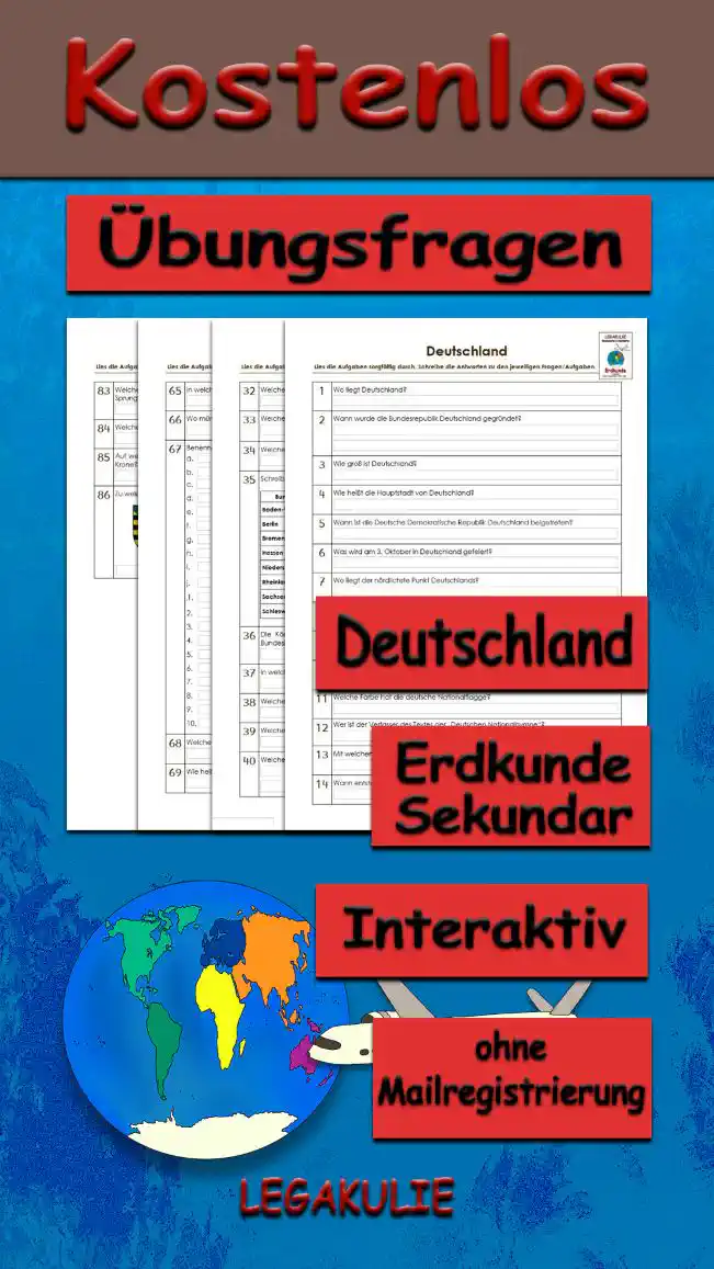 Übungsfragen Deutschland Erdkunde - Kostenlos von Legakulie.info. [ÜBUNGSFRAGEN] | Deutschland – 86 kostenlose interaktive Übungsfragen zur Geographie und den Bundesländern auf Legakulie.info | 1. Wo liegt Deutschland? | 2. Wann wurde die Bundesrepublik Deutschland gegründet? | 3. Wie groß ist Deutschland? | 4. Wie heißt die Hauptstadt von Deutschland? | 5. Wann ist die Deutsche Demokratische Republik Deutschland beigetreten? | 6. Was wird am 3. Oktober in Deutschland gefeiert? | 7. Wo liegt der nördlichste Punkt Deutschlands? | 8. Mit wie vielen Staaten teilt Deutschland seine Grenzen? | 9. Wie viele Menschen leben derzeit etwa in Deutschland? | 10. In welcher Klimazone liegt Deutschland? | 11. Welche Farbe hat die deutsche Nationalflagge? | 12. Wer ist der Verfasser des Textes der „Deutschen Nationalhymne“? | 13. Mit welchen Worten beginnt die „Deutsche Nationalhymne“? | 14. Wann entstanden die deutschen Bundesländer? | 15. Aus wie vielen Bundesländern besteht Deutschland? | 16. Welche Bundesländer werden die „neuen Bundesländer“ genannt? | 17. Warum werden sie die „neuen Bundesländer“ genannt? | 18. Wie heißen die Bundesländer Deutschlands? | 19. Zu welchem Bundesland gehört Helgoland? | 20. In welchem Bundesland liegt das Sauerland? | 21. Welche drei Bundesländer grenzen an Frankreich? | 22. Welche three Bundesländer grenzen an Polen? | 23. Welches Bundesland grenzt an Tschechien und Polen? | 24. Welches Bundesland grenzt an Frankreich (der Name eines Flusses gab ihm seinen Namen)? | 25. Welche drei deutschen Städte sind gleichzeitig auch Bundesländer? | 26. Welches Bundesland ist das größte (in Landmasse)? | 27. Welches Bundesland ist das kleinste (in Landmasse)? | 28. Welches Bundesland hat die meisten Einwohner? | 29. Welches Bundesland hat die wenigsten Einwohner? | 30. Nenne nur die Bundesländer mit ihren Landeshauptstädten, die einen Doppelnamen haben. | 31. Welches Bundesland hat eine gemeinsame Grenze mit Dänemark? | 32. Welches Bundesland hat eine gemeinsame Grenze mit Österreich und Tschechien? | 33. Welche zwei Bundesländer existieren noch aus dem Hansebund? | 34. Welches Bundesland hat den größten Flughafen? | 35. Schreibe die Landeshauptstädte zu den Bundesländern. | 36. Die Könige von Polen besaßen Schlösser und Paläste in Deutschland. In welchem Bundesland findet man sie? | 37. In welchem Bundesland hat die Bundesregierung ihren Sitz? | 38. Welche Bundesländer werden von einem anderen Bundesland ganz umgeben? | 39. Welches Bundesland ist das nördlichste? | 40. Welche Bundesländer grenzen nicht an einen anderen europäischen Staat? | 41. Welches Bundesland hat das größte Industriegebiet? | 42. Warum ist Berlin eine „doppelte Hauptstadt“? | 43. Die Brüder Grimm wurden in Hanau geboren, wo auch die meisten Märchen gesammelt wurden. Zu welchem Bundesland gehört Hanau? | 44. Welche Nachbar-Bundesländer hat Thüringen? | 45. 1945 fand eine wichtige Konferenz mit Josef Stalin statt. In welchem Bundesland fand sie statt? | 46. In welchem Bundesland stand die Residenz von „Karl dem Großen“? | 47. Welches Bundesland hat den größten Hafen? | 48. Bonn war die Hauptstadt der Bundesrepublik Deutschland bis 1999. Zu welchem Bundesland gehört Bonn? | 49. 1989 begann die Revolution gegen die kommunistische Regierung der DDR. In welchem Bundesland fing sie an? | 50. Dieses Bundesland ist das Herz Deutschlands, hier hat die Industrialisierung Deutschlands angefangen. Es verfügt über den wichtigsten Rohstoff Kohle. Um welches Bundesland handelt es sich? | 51. Deutschland und Frankreich haben viele Kriege um dieses Bundesland geführt. Es war manchmal deutsch und manchmal französisch. Seit 1957 gehört es zur Bundesrepublik. Welches Bundesland ist damit gemeint? | 52. Martin Luther hat in der Stadt Wittenberg gelebt. Zu welchem Bundesland gehört Wittenberg? | 53. In welchem Bundesland hat das Oktoberfest seinen Ursprung? | 54. Aus welchem Bundesland kommt eine bekannte Schokolade mit einer lila Kuh auf der Verpackung? | 55. Zu welchem Bundesland gehört die berühmte Stadt „Weimar“? | 56. Durch welche zwei Bundesländer fließt die Donau? | 57. In welcher Stadt steht das „Germanische Museum“? | 58. Welcher Fluss fließt durch Berlin? | 59. Welcher Fluss fließt durch Bremen? | 60. Nenne die zwei Flüsse, die die Grenze zwischen Deutschland und Polen bilden! | 61. In welchem Bundesland kann man die Elbe nicht sehen? | 62. Welches Bundesland liegt zwischen zwei Meeren, der Nordsee und der Ostsee? | 63. Welche zwei Flüsse treffen am „Deutschen Eck“ (einer künstlich aufgeschütteten Landzunge in Koblenz) aufeinander? | 64. Wo entspringen die Quellflüsse der Donau? | 65. In welches Meer fließt die Oder? | 66. Wo mündet der Neckar in den Rhein? | 67. Benenne die Gebirge und die Flüsse! | 68. Welche Meere befinden sich im Norden Deutschlands? | 69. Wie heißt die größte Nordseeinsel Deutschlands? | 70. Wie heißt die größte deutsche Insel insgesamt? | 71. Wo liegt die Insel Mainau? | 72. Man sagt, dass sich in diesem Bundesland auf dem höchsten Berg des Harz jedes Jahr in der Nacht des 30. April die Hexen treffen. Um welches Bundesland handelt es sich? | 73. Wie heißt Deutschlands höchster Berg? | 74. Der höchste Berg Deutschlands ist die Zugspitze mit 2.962 m. In welchem Bundesland ist die Zugspitze zu finden? | 75. Welches Tier ist Deutschlands Wappentier? | 76. Welche Tiere kommen sehr häufig in den Landeswappen vor? | 77. Welches Landeswappen hat keine rote Farbe? | 78. Welches Landeswappen besitzt viele blaue und weiße Karos im Wechsel und eine goldene Krone? | 79. Welches Wappen zeigt drei Löwen übereinander? | 80. Welches Wappen zeigt einen roten Adler mit ausgebreiteten Flügeln? | 81. Welches Wappen ist in vier Felder geteilt und besitzt oben links und unten rechts dieselbe Abbildung hat, den Kopf eines schwarzen Ochsen, links unten einen roten Adler und rechts oben einen roten Drachen? | 82. Auf welchem Wappen sieht man im Vordergrund ein altes Tor mit drei Türmen darauf, links und rechts sitzt auf der Turmspitze ein Stern und in der Mitte befindet sich eine runde Kuppel mit einem Kreuz darauf? | 83. Welches Wappen hat einen roten Hintergrund und ein weißes Pferd darauf, das zum Sprung ansetzt? | 84. Welches Wappen zeigt einen schwarzen Bären und darüber eine goldene Krone? | 85. Auf welchem Wappen befindet sich ein rot-weiß-gestreifter Löwe und oben eine gelbe Krone? | 86. Zu welchem Bundesland gehören die abgebildeten Wappen?