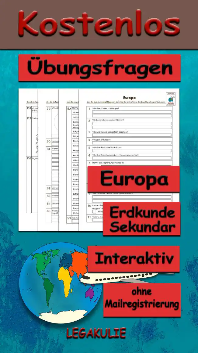 Übungsfragen Europa Erdkunde - Kostenlos von Legakulie.info. [ÜBUNGSFRAGEN] | Europa – Die 45 wichtigsten interaktiven Übungsfragen zur Geographie, der EU und den Ländern auf Legakulie.info | 1. Wie viele Länder hat Europa? | 2. Wie bekam Europa seinen Namen? | 3. Wie wird Europa geografisch gesehen? | 4. Wie groß ist Europa? | 5. Wie viele Bewohner hat Europa? | 6. Nenne die Abgrenzungen Europas! | 7. Was bildet die Grenze des Doppelkontinents? | 8. Welche zwei Länder gehören zum Teil zu Europa und zum anderen Teil zu Asien? | 9. Wie wird Europa landschaftsmäßig unterteilt? | 10. Welches Land ist das kleinste Europas? | 11. Erkläre den Begriff „Zwergstaaten“! | 12. Wie heißen die Zwergstaaten Europas? | 13. Welche ist die größte europäische Insel? | 14. Welche Länder Europas grenzen nicht an ein Meer? | 15. Welche Länder liegen rund um die Ostsee? | 16. Welche Länder haben den gleichen Namen wir ihre Hauptstädte? | 17. Welche Länder gehören zum „Balkan“? | 18. Welches europäische Land liegt am weitesten westlich? | 19. Erkläre den Begriff „Benelux-Staaten“! | 20. Welches europäische Land hat die meisten Nachbarländer? | 21. Welches Land sieht aus wie ein Stiefel? | 22. Nenne die Nachbarländer Österreichs! | 23. Nenne die Hauptstadt von Großbritannien und aus welchen Ländern das „Vereinigte Königreich“ besteht! | 24. Nenne die drei Fürstentümer in Europa! | 25. Welches Land grenzt nicht an das Mittelmeer? | 26. Welche Länder gehören zu den „Baltischen Ländern“? | 27. Nenne die Hauptstädte folgender Länder! | 28. Wie heißt die größte nordeuropäische Insel? | 29. Nenne weitere Inseln Europas! | 30. Welche Insel, wird die grüne Insel genannt? | 31. Nenne Halbinseln Europas! | 32. Wie heißt die geteilte Insel im östlichen Mittelmeer? | 33. Nenne zwei Inseln, die nördlich von Irland und Großbritannien liegen! | 34. Nenne die größten europäischen Meere! | 35. Erkläre die Begriffe „Binnenmeer“, „Randmeer“ und „Mittelmeer“! | 36. Durch welche Länder fließt der Rhein? | 37. Wie heißt die Hauptstadt Frankreichs und an welchem Fluss liegt sie? | 38. Durch welches Land fließt der längste Fluss Europas und wie heißt er? | 39. Welcher Berg ist der höchste Europas und wo befindet er sich? | 40. Welches Gebirge liegt zwischen Spanien und Frankreich? | 41. Von welchem europäischen Land ging die Industrialisierung aus? | 42. In welchen Ländern kann man mit dem Euro bezahlen? | 43. Wie viele Mitglieder hat die Europäische Union? | 44. Nenne die fünf wichtigen Einrichtungen, die die Politik der Europäischen Union gestalten! | 45. Wie heißen die weltbekannten Wahrzeichen von Paris, Rom, Pisa und Brüssel?