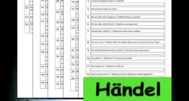 Übungsfragen Händel 3./4.Klasse Musik - Kostenlos von Legakulie.info [ÜBUNGSFRAGEN] | Georg Friedrich Händel – 54 Übungsfragen (Master-Lösung für Lehrer) | 1. Wer war Georg Friedrich Händel? | Lösung: Georg Friedrich Händel war ein deutsch-britischer Komponist. | 2. Wann und wo wurde G. F. Händel geboren? | Lösung: Er wurde am 23. Februar 1685 in Halle an der Saale geboren. | 3. In welcher Zeitepoche lebte G. F. Händel? | Lösung: Er lebte in der Zeitepoche des Barock. | 4. Welchen Beruf hatte sein Vater? | Lösung: Sein Vater war Hofchirurg des sächsischen Herzogs. | 5. Mit wie vielen Jahren begann G. F. Händel, Klavier zu spielen? | Lösung: Er begann es mit 6 Jahren. | 6. Mit wie vielen Jahren fing G. F. Händel an zu komponieren? | Lösung: Er fing mit 9 Jahren damit an. | 7. Welchen Beruf sollte G. F. Händel laut seinem Vater ausüben? | Lösung: Sein Vater wollte eine juristische Karriere für seinen Sohn, weil er dessen musikalischen Ambitionen kritisch gegenüber stand. | 8. Wer war von G. F. Händels Talent als Musiker überzeugt und was hatte das zur Folge? | Lösung: Es war der Herzog von Sachsen und daraufhin wurde G. F. Händel eine Musikausbildung ermöglicht. | 9. Mit welchem Musikinstrument machte G. F. Händel auf sich aufmerksam? | Lösung: Das war die Orgel, denn die spielte er für den Herzog. | 10. Wo spielte G. F. Händel mit 17 Jahren als Organist? | Lösung: Er spielte an der Dom- und Residenzkirche in Halle. | 11. Was studierte G. F. Händel von 1702 an? | Lösung: Er fing an, Rechtswissenschaft zu studieren, brach aber nach einem Jahr das Studium ab und zog nach Hamburg. | 12. Warum standen sich G. F. Händel und Johann Mattheson im Duell gegenüber? | Lösung: Sie standen sich gegenüber, weil sie sich heftig darüber stritten, wer bei einer Aufführung das Cembalo spielen durfte. | 13. Was machte G. F. Händel in Hamburg? | Lösung: Er arbeitete als Konzertmeister und musizierte am ersten deutschen Opernhaus. | 14. Welche Musikinstrumente spielte G. F. Händel im Opernhaus? | Lösung: Er spielte Geige und Cembalo. | 15. Wo wurde seine erste Oper 1705 uraufgeführt und wie heißt sie? | Lösung: Sie wurde im Opernhaus in Hamburg uraufgeführt und heißt „Almira“. | 16. Welchen Traum erfüllte sich G. F. Händel 1706? | Lösung: Er reiste nach Italien. Es war damals ein Muss für Gebildete, dorthin zu reisen. | 17. Wen traf G. F. Händel in Italien? | Lösung: Er traf zahlreiche Musiker und Komponisten und auch die Brüder Alessandro und Domenico Scarlatti. | 18. Wie wurde G. F. Händel in Italien genannt? | Lösung: Er wurde „il sassone“, der Sachse, genannt. | 19. 1710 kehrte G. F. Händel nach Deutschland zurück. Was machte er nun? | Lösung: Er nahm am Hof des Kurfürsten in Hannover die Position eines kurfürstlichen Kapellmeisters ein. | 20. Welche Bedingung stellte er an seine Einstellung? | Lösung: Er stellte die Bedingung, dass er sich gelegentlich vom Hof und damit von seinen Pflichten entfernen dürfe. | 21. Wohin und warum pendelte G. F. Händel? | Lösung: Er pendelte zwischen Hannover und England, um auch in England zu arbeiten. | 22. Wo lebte G. F. Händel ab 1712? | Lösung: Er lebte in London. | 23. Für wen komponierte G. F. Händel seine berühmte „Wassermusik“? | Lösung: Er komponierte sie für den englischen König Georg I. | 24. Welche Staatsbürgerschaft erhielt G. F. Händel am 20. Februar 1727? | Lösung: Er erhielt vom König die englische Staatsbürgerschaft. | 25. Für welchen Anlass komponierte G. F. Händel 1748 die „Feuermusik“? | Lösung: Er komponierte sie anlässlich des Friedensschlusses im österreichischen Erbfolgekriegs. | 26. Was wird bis heute bei jeder Krönung eines britischen Königs oder einer Königin gespielt? | Lösung: Das ist der Krönungshymnus „Zadok the priest“. | 27. Was gründete G. F. Händel auf Befehl des Königs? | Lösung: Er gründete die königliche Musikakademie. | 28. Was wurde dort aufgeführt? | Lösung: Es wurden viele Händel-Opern wie zum Beispiel „Rinaldo“ dort uraufgeführt. | 29. Nenne G. F. Händels beste Opernkompositionen, die er in der königlichen Musikakademie verfasste! | Lösung: Das sind „Julius Caesar“, „Tamerlano“ und „Rodelinda“. | 30. Warum musste die Royal Academy of Music ihren Betrieb einstellen? | Lösung: Das musste sie, weil in England das interesse an italienischen Opern erschöpft war. | 31. Wie versuchte G. F. Händel die Academy of Music zu retten? | Lösung: Er versuchte es, indem er nach Italien reiste, um Kastraten und Sängerinnen zu verpflichten. | 32. Worauf konzentrierte sich G. F. Händel danach? | Lösung: Er konzentrierte sich auf das Komponieren von Oratorien und von Orchesterstücken. | 33. Was erlitt G. F. Händel 1737, nachdem die Oper bankrott war? | Lösung: Er erlitt einen Schlaganfall, erholte sich aber wieder davon. | 34. Warum kam es fast zum Zweikampf zwischen seinem Opernhaus und einer zweiten Oper in London? | Lösung: Es kam dazu, weil die zweite Oper ihm fast alle seine Sänger abwarb. | 35. Unter welcher Krankheit litt G. F. Händel in seinem letzten Lebensjahrzehnt? | Lösung: Er litt unter einer Augenerkrankung, die mit der Zeit zur Erblindung führte. | 36. Wann starb G. F. Händel? | Lösung: Er starb am 14. April 1759. | 37. Wo fand G. F. Händel seine letzte Ruhestätte? | Lösung: Er fand sie in der Westminster-Abbey. | 38. Wie viele Menschen kamen zu seiner Beerdigung? | Lösung: Es waren etwa 3000 Menschen. | 39. Wie viele Opern komponierte G. F. Händel? | Lösung: Er komponierte 46 Opern. | 40. Wie viele Oratorien komponierte G. F. Händel? | Lösung: Er komponierte 25 Oratorien. | 41. Was komponierte G. F. Händel bis zu seinem Tod? | Lösung: Er komponierte am Ende fast nur noch Oratorien. | 42. Nenne berühmte Oratorien! | Lösung: Das sind „Messias“ und „Judas Makkabäus“. | 43. Warum geriet G. F. Händel nach seinem Tode nicht in Vergessenheit? | Lösung: Er geriet nicht in Vergessenheit, weil seine Kompositionen in England weiter aufgeführt wurden. | 44. Was ist sein berühmtestes Stück? | Lösung: Das ist das „Largo“ aus seiner Oper Xerxes. | 45. Aus wie vielen Teilen besteht das Oratorium „Der Messias“? | Lösung: Es besteht aus 50 Teilen für Orchester, Orgel, Cembalo, Chor und Solostimme. | 46. Nenne Kompositionen von G. F. Händel! | Lösung: Das sind „Messias“, „Alcina“, „Ariodante“, „Semele“, „Guilio Cesare“, „Wassermusik“, „Rinaldo“, „Jephta“ und „Judas Maccabaeus“. | 47. Wie lange dauerte das Oratorium „Der Messias“? | Lösung: Es dauerte etwa zweieinhalb Stunden. | 48. Wie lange brauchte G. F. Händel, bis er das Oratorium „Der Messias“ geschrieben hatte? | Lösung: Er brauchte dafür 24 Tage. | 49. Welches ist das bekannteste Stück im Oratorium „Der Messias“? | Lösung: Das ist Halleluja. | 50. Wovon handelt G. F. Händels Werk „Das Alexanderfest“? | Lösung: In diesem Werk wird Alexander der Große von der Musik, besonders von der christlichen, berührt. | 51. Mit welchem anderen Komponisten wurde G. F. Händel berühmt? | Lösung: Das war Johann Sebastian Bach, sie zählten zu den berühmtesten Komponisten des Barockzeitalters. | 52. Warum hat die Königin für die Aufführung von Händels „Te Deum“ eigentlich einen Parlamentsbeschluss gebraucht? | Lösung: Das brauchte sie, weil er Ausländer war. | 53. Was machte G. F. Händel, wenn er Stress hatte? | Lösung: Er nahm ein gutes Mahl ein, um sich zu beruhigen. | 54. Welche Biografie erschien 1760 zum ersten Mal? | Lösung: Das war die Biografie eines Komponisten „Memoirs of the Life of the Late George Frederic Händel“.