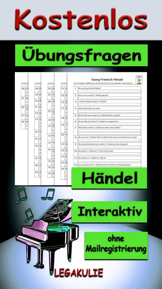 Übungsfragen Händel 3./4.Klasse Musik - Kostenlos von Legakulie.info [ÜBUNGSFRAGEN] | Georg Friedrich Händel – 54 Übungsfragen (Master-Lösung für Lehrer) | 1. Wer war Georg Friedrich Händel? | Lösung: Georg Friedrich Händel war ein deutsch-britischer Komponist. | 2. Wann und wo wurde G. F. Händel geboren? | Lösung: Er wurde am 23. Februar 1685 in Halle an der Saale geboren. | 3. In welcher Zeitepoche lebte G. F. Händel? | Lösung: Er lebte in der Zeitepoche des Barock. | 4. Welchen Beruf hatte sein Vater? | Lösung: Sein Vater war Hofchirurg des sächsischen Herzogs. | 5. Mit wie vielen Jahren begann G. F. Händel, Klavier zu spielen? | Lösung: Er begann es mit 6 Jahren. | 6. Mit wie vielen Jahren fing G. F. Händel an zu komponieren? | Lösung: Er fing mit 9 Jahren damit an. | 7. Welchen Beruf sollte G. F. Händel laut seinem Vater ausüben? | Lösung: Sein Vater wollte eine juristische Karriere für seinen Sohn, weil er dessen musikalischen Ambitionen kritisch gegenüber stand. | 8. Wer war von G. F. Händels Talent als Musiker überzeugt und was hatte das zur Folge? | Lösung: Es war der Herzog von Sachsen und daraufhin wurde G. F. Händel eine Musikausbildung ermöglicht. | 9. Mit welchem Musikinstrument machte G. F. Händel auf sich aufmerksam? | Lösung: Das war die Orgel, denn die spielte er für den Herzog. | 10. Wo spielte G. F. Händel mit 17 Jahren als Organist? | Lösung: Er spielte an der Dom- und Residenzkirche in Halle. | 11. Was studierte G. F. Händel von 1702 an? | Lösung: Er fing an, Rechtswissenschaft zu studieren, brach aber nach einem Jahr das Studium ab und zog nach Hamburg. | 12. Warum standen sich G. F. Händel und Johann Mattheson im Duell gegenüber? | Lösung: Sie standen sich gegenüber, weil sie sich heftig darüber stritten, wer bei einer Aufführung das Cembalo spielen durfte. | 13. Was machte G. F. Händel in Hamburg? | Lösung: Er arbeitete als Konzertmeister und musizierte am ersten deutschen Opernhaus. | 14. Welche Musikinstrumente spielte G. F. Händel im Opernhaus? | Lösung: Er spielte Geige und Cembalo. | 15. Wo wurde seine erste Oper 1705 uraufgeführt und wie heißt sie? | Lösung: Sie wurde im Opernhaus in Hamburg uraufgeführt und heißt „Almira“. | 16. Welchen Traum erfüllte sich G. F. Händel 1706? | Lösung: Er reiste nach Italien. Es war damals ein Muss für Gebildete, dorthin zu reisen. | 17. Wen traf G. F. Händel in Italien? | Lösung: Er traf zahlreiche Musiker und Komponisten und auch die Brüder Alessandro und Domenico Scarlatti. | 18. Wie wurde G. F. Händel in Italien genannt? | Lösung: Er wurde „il sassone“, der Sachse, genannt. | 19. 1710 kehrte G. F. Händel nach Deutschland zurück. Was machte er nun? | Lösung: Er nahm am Hof des Kurfürsten in Hannover die Position eines kurfürstlichen Kapellmeisters ein. | 20. Welche Bedingung stellte er an seine Einstellung? | Lösung: Er stellte die Bedingung, dass er sich gelegentlich vom Hof und damit von seinen Pflichten entfernen dürfe. | 21. Wohin und warum pendelte G. F. Händel? | Lösung: Er pendelte zwischen Hannover und England, um auch in England zu arbeiten. | 22. Wo lebte G. F. Händel ab 1712? | Lösung: Er lebte in London. | 23. Für wen komponierte G. F. Händel seine berühmte „Wassermusik“? | Lösung: Er komponierte sie für den englischen König Georg I. | 24. Welche Staatsbürgerschaft erhielt G. F. Händel am 20. Februar 1727? | Lösung: Er erhielt vom König die englische Staatsbürgerschaft. | 25. Für welchen Anlass komponierte G. F. Händel 1748 die „Feuermusik“? | Lösung: Er komponierte sie anlässlich des Friedensschlusses im österreichischen Erbfolgekriegs. | 26. Was wird bis heute bei jeder Krönung eines britischen Königs oder einer Königin gespielt? | Lösung: Das ist der Krönungshymnus „Zadok the priest“. | 27. Was gründete G. F. Händel auf Befehl des Königs? | Lösung: Er gründete die königliche Musikakademie. | 28. Was wurde dort aufgeführt? | Lösung: Es wurden viele Händel-Opern wie zum Beispiel „Rinaldo“ dort uraufgeführt. | 29. Nenne G. F. Händels beste Opernkompositionen, die er in der königlichen Musikakademie verfasste! | Lösung: Das sind „Julius Caesar“, „Tamerlano“ und „Rodelinda“. | 30. Warum musste die Royal Academy of Music ihren Betrieb einstellen? | Lösung: Das musste sie, weil in England das interesse an italienischen Opern erschöpft war. | 31. Wie versuchte G. F. Händel die Academy of Music zu retten? | Lösung: Er versuchte es, indem er nach Italien reiste, um Kastraten und Sängerinnen zu verpflichten. | 32. Worauf konzentrierte sich G. F. Händel danach? | Lösung: Er konzentrierte sich auf das Komponieren von Oratorien und von Orchesterstücken. | 33. Was erlitt G. F. Händel 1737, nachdem die Oper bankrott war? | Lösung: Er erlitt einen Schlaganfall, erholte sich aber wieder davon. | 34. Warum kam es fast zum Zweikampf zwischen seinem Opernhaus und einer zweiten Oper in London? | Lösung: Es kam dazu, weil die zweite Oper ihm fast alle seine Sänger abwarb. | 35. Unter welcher Krankheit litt G. F. Händel in seinem letzten Lebensjahrzehnt? | Lösung: Er litt unter einer Augenerkrankung, die mit der Zeit zur Erblindung führte. | 36. Wann starb G. F. Händel? | Lösung: Er starb am 14. April 1759. | 37. Wo fand G. F. Händel seine letzte Ruhestätte? | Lösung: Er fand sie in der Westminster-Abbey. | 38. Wie viele Menschen kamen zu seiner Beerdigung? | Lösung: Es waren etwa 3000 Menschen. | 39. Wie viele Opern komponierte G. F. Händel? | Lösung: Er komponierte 46 Opern. | 40. Wie viele Oratorien komponierte G. F. Händel? | Lösung: Er komponierte 25 Oratorien. | 41. Was komponierte G. F. Händel bis zu seinem Tod? | Lösung: Er komponierte am Ende fast nur noch Oratorien. | 42. Nenne berühmte Oratorien! | Lösung: Das sind „Messias“ und „Judas Makkabäus“. | 43. Warum geriet G. F. Händel nach seinem Tode nicht in Vergessenheit? | Lösung: Er geriet nicht in Vergessenheit, weil seine Kompositionen in England weiter aufgeführt wurden. | 44. Was ist sein berühmtestes Stück? | Lösung: Das ist das „Largo“ aus seiner Oper Xerxes. | 45. Aus wie vielen Teilen besteht das Oratorium „Der Messias“? | Lösung: Es besteht aus 50 Teilen für Orchester, Orgel, Cembalo, Chor und Solostimme. | 46. Nenne Kompositionen von G. F. Händel! | Lösung: Das sind „Messias“, „Alcina“, „Ariodante“, „Semele“, „Guilio Cesare“, „Wassermusik“, „Rinaldo“, „Jephta“ und „Judas Maccabaeus“. | 47. Wie lange dauerte das Oratorium „Der Messias“? | Lösung: Es dauerte etwa zweieinhalb Stunden. | 48. Wie lange brauchte G. F. Händel, bis er das Oratorium „Der Messias“ geschrieben hatte? | Lösung: Er brauchte dafür 24 Tage. | 49. Welches ist das bekannteste Stück im Oratorium „Der Messias“? | Lösung: Das ist Halleluja. | 50. Wovon handelt G. F. Händels Werk „Das Alexanderfest“? | Lösung: In diesem Werk wird Alexander der Große von der Musik, besonders von der christlichen, berührt. | 51. Mit welchem anderen Komponisten wurde G. F. Händel berühmt? | Lösung: Das war Johann Sebastian Bach, sie zählten zu den berühmtesten Komponisten des Barockzeitalters. | 52. Warum hat die Königin für die Aufführung von Händels „Te Deum“ eigentlich einen Parlamentsbeschluss gebraucht? | Lösung: Das brauchte sie, weil er Ausländer war. | 53. Was machte G. F. Händel, wenn er Stress hatte? | Lösung: Er nahm ein gutes Mahl ein, um sich zu beruhigen. | 54. Welche Biografie erschien 1760 zum ersten Mal? | Lösung: Das war die Biografie eines Komponisten „Memoirs of the Life of the Late George Frederic Händel“.