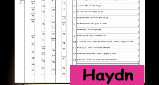 Übungsfragen Haydn 3./4.Klasse Musik - Kostenlos von Legakulie.info [ÜBUNGSFRAGEN] | Joseph Haydn – 66 Übungsfragen (Master-Lösung für Lehrer) | 1. Wer war Joseph Haydn? | Lösung: J. Haydn war ein österreichischer Komponist. | 2. Wann und wo wurde J. Haydn geboren? | Lösung: Er wurde am 1. April 1732 in Rohrau geboren. | 3. Warum behauptete J. Haydn, dass er am 31. März 1732 geboren wurde? | Lösung: Er behauptete dies, weil er nicht als Aprilscherz gelten wollte. | 4. In welcher Zeitepoche lebte J. Haydn? | Lösung: Er lebte in der Zeit der Wiener Klassik. | 5. Wie viele Geschwister hatte J. Haydn? | Lösung: Er hatte noch elf Geschwister, aber sechs Geschwister starben im Kindesalter. | 6. Welchen Beruf hatte sein Vater Mathias Haydn? | Lösung: Er war von Beruf Wagenbauer und später Marktrichter. | 7. Welches Musikinstrument spielte sein Vater? | Lösung: Er spielte Harfe. | 8. Wer erkannte J. Haydns Begabung? | Lösung: Das war sein damaliger Schuldirektor J. M. Frankh. | 9. Was schlug J. M. Frankh seinen Eltern vor? | Lösung: Er schlug vor, dass J. Haydn zu ihm zur Ausbildung kommen sollte. | 10. Mit wie vielen Jahren wurde J. Haydn Chorknabe der Kantorei St. Stephan in Wien? | Lösung: Das wurde er mit 8 Jahren. | 11. Wie erging es J. Haydn bei seinem Schuldirektor? | Lösung: Es erging ihm nicht gut, er bekam häufiger Prügel als etwas zu essen. | 12. Was erhielt J. Haydn in der Kantorei St. Stephan in Wien? | Lösung: Er erhielt Gesangs-, Violin- und Klavierunterricht und später Kompositionsunterricht. | 13. Was machte J. Haydn 1748, als er in den Stimmbruch kam? | Lösung: Er sollte Kastratensänger werden, aber J. Haydn wollte freischaffender Künstler werden und in Wien bleiben, daher wurde ihm gekündigt. | 14. Womit verdiente J. Haydn nach seiner Entlassung als Chorknabe seinen Unterhalt? | Lösung: Er verdiente ihn durch Gelegenheitsarbeit als Musiker. | 15. Mit welchem Werk setzte sich J. Haydn 1750 intensiv auseinander? | Lösung: Er setzte sich mit dem Werk des Bach-Sohnes Carl Philipp Emanuel auseinander. Er spielte Bachs Sonaten durch. | 16. Bei wem wurde J. Haydn 1759 Musiklehrer? | Lösung: Er wurde bei Graf Morzin im böhmischen Lukawitz Musiklehrer. | 17. Wen heiratete J. Haydn am 26. November 1760? | Lösung: Er heiratete Anna Maria Keller, die älteste Tochter eines Perückenmachers. | 18. Warum trat J. Haydn 1761 in den Dienst des Fürsten Esterhazy? | Lösung: Wegen finanzieller Schwierigkeiten wurde die Kapelle bei Graf Morzin aufgelöst und er brauchte eine neue Anstellung. | 19. Was wurde J. Haydn 1761 beim Fürsten Esterhazy in Eisenstadt? | Lösung: Er wurde Vizekapellmeister. | 20. Welche Aufgaben hatte er in Eisenstadt? | Lösung: Er leitete das Orchester, organisierte Opernaufführungen, komponierte und spielte Kammermusik. | 21. Welchen Vorteil hatte J. Haydn als Kapellmeister des Fürsten? | Lösung: Sein Vorteil war, dass er ein eigenes Orchester hatte, mit dem er seine Kompositionen ausprobieren konnte. | 22. Wie lange war J. Haydn im Dienst von Fürst Esterhazy? | Lösung: Er war fast 30 Jahre lang bei ihm im Dienst. | 23. Wo hielt sich J. Haydn in den Wintermonaten auf und wem begegnete er dort? | Lösung: Er hielt sich in Wien auf und begegnete Leopold Mozart, dem Vater von Wolfgang Amadeus. | 24. Was geschah mit J. Haydn nach dem Tod des Fürsten? | Lösung: Die Kapelle wurde von dessen Sohn aufgelöst und J. Haydn wurde mit einer Rente von 1400 Gulden entlassen. | 25. Was komponierte J. Haydn in der folgenden Zeit? | Lösung: Er komponierte Symphonien, Kammermusikwerke und sechs Klaviersonaten. | 26. Wem widmete J. Haydn seine drei Sonaten Hoboken XVI Nr. 37-39? | Lösung: Er widmete sie den Schwestern Auenbrugger. | 27. Mit wem verband J. Haydn ab 1781 eine enge Freundschaft? | Lösung: Das war Wolfgang Amadeus Mozart. | 28. Warum ging J. Haydn 1790 nach Wien zurück? | Lösung: Er ging zurück, weil das Orchester in Eisenstadt aufgelöst wurde. | 29. Wieso reiste J. Haydn im Januar 1791 nach London? | Lösung: Er reiste nach London, weil er eine Einladung des Konzertagenten J. P. Salomon hatte, um seine Symphonien aufzuführen. | 30. Wie erging es J. Haydn in London? | Lösung: Er hatte in London große Erfolge. | 31. Was hat J. Haydn von der Universität Oxford erhalten? | Lösung: Er hat die Ehrendoktorwürde erhalten. | 32. Wen traf J. Haydn auf seiner Rückreise von London nach Hause? | Lösung: Er traf Ludwig van Beethoven, der als sein Schüler nach Wien kommen sollte. | 33. Welche Stücke von J. Haydn wurden 1792 im Redutensaal in Wien von J. Haydn aufgeführt? | Lösung: Es wurden zwölf Menuette und zwölf Tänze aufgeführt. | 34. Wohin reiste J. Haydn 1794? | Lösung: Er reiste nach England, eine Reise, die ebenfalls erfolgreich war. | 35. Was komponierte J. Haydn 1797? | Lösung: Er komponierte die Kaiserhymne, die heute die deutsche Nationalhymne ist. | 36. Wo gab J. Haydn mit siebzig Jahren Konzerte? | Lösung: Er gab sie in London. | 37. Wann starb J. Haydn? | Lösung: Er starb am 31. Mai 1809. | 38. J. Haydns Leiche wurde 1820 nach Eisenstadt überführt. Was konnte jedoch erst 1959 beigesetzt werden? | Lösung: Das war sein entwendeter Schädel. | 39. Wo verbrachte J. Haydn die meiste Zeit seines Lebens? | Lösung: Er verbrachte sie in Eisenstadt. | 40. Wo lebte J. Haydn bis zu seinem Tode? | Lösung: Er lebte in seinem Haus in Gumpendorf bei Wien. | 41. Wem widmete J. Haydn sechs Streichquartette? | Lösung: Er widmete sie Wolfgang Amadeus Mozart. | 42. Was komponierte J. Haydn, als seine Musiker Urlaub brauchten? | Lösung: Er komponierte die „Abschiedssymphonie“. | 43. Wogegen protestierte J. Haydn mit Hilfe der Abschiedssymphonie? | Lösung: Er protestierte dagegen, dass der Fürst Esterhazy die Musiker nicht zu ihren Familien nach Wien entließ. | 44. Wie inszenierte J. Haydn in der Abschiedssymphonie den gewünschten Abschied vom Schloss? | Lösung: Er hat einen Musiker nach dem anderen in dem letzten Satz der Abschiedssymphonie gehen lassen, bis nur noch zwei Geigen übrig waren. | 45. Hatte sein Protest Erfolg? | Lösung: Ja, das hatte er, der Fürst war damit einverstanden, dass die Musiker Urlaub bekamen. | 46. Wo verbrachte J. Haydn mit der Fürstenfamilie und seinen Musikern den Sommer? | Lösung: Er verbrachte ihn im Schloss Esterhaz, im heutigen Ungarn. | 47. Wie heißt das Oratorium von J. Haydn, das die Erschaffung der Welt aus der Sicht der Bibel musikalisch beschreibt? | Lösung: Das ist die „Schöpfung“. | 48. Welchen Tanz findet man häufiger in seinen Symphonien? | Lösung: Das ist das Menuett. | 49. Was geschah während eines Konzertes, bei dem J. Haydn selbst auf dem Klavier spielte? | Lösung: Ein Kronleuchter stürzte von der Decke. | 50. Was hatte J. Haydn der Legende nach veranlasst, die „Symphonie mit dem Paukenschlag“ zu schreiben? | Lösung: Er wollte sein Publikum durch den Paukenschlag aufwecken. | 51. J. Haydn sagte: „Meine Sprache versteht man durch die ganze Welt“. Was meinte er damit? | Lösung: Er meinte damit, dass seine Sprache die Musik war und die versteht man überall. | 52. Wie wird J. Haydns Musik beschrieben? | Lösung: Sie wird als frisch und lebensfroh beschrieben und wurde vom ländlichen Leben beeinflusst. | 53. Wie viele Symphonien schrieb J. Haydn? | Lösung: Er schrieb 107 Symphonien. | 54. Wie viele Opern schrieb J. Haydn? | Lösung: Er schrieb 24 Opern. | 55. Nenne seine zwei Oratorien! | Lösung: Das sind die „Schöpfung“ und die „Jahreszeiten“. | 56. Welche drei Wörter findet man oft am Ende seiner Komposition? | Lösung: Das sind die Worte „Lob sei Gott“. | 57. Nenne die wichtigsten Kompositionen von J. Haydn! | Lösung: „Stabat Mater“, „Pariser Symphonien“, „Sieben letzte Worte unseres Erlösers am Kreuze“, „Gott erhalte Franz, den Kaiser“, „Quintenquartett“, „Sonnenaufgangsquartett“ und „Streichquartett“. | 58. Welche Komposition von J. Haydn blieb der Nachwelt bis heute nur unvollendet erhalten? | Lösung: Das ist das Streichquartett Op. 103. | 59. Wo komponierte J. Haydn seine ersten Streichquartette und Kammermusik für verschiedene Besetzungen? | Lösung: Das war bei seiner Anstellung im Hause des Barons C. J. Fürnberg. | 60. Welche viersätzige Folge entwickelte er dabei? | Lösung: Das war die Folge schneller Satz, langsamer Satz, Menuett und wieder schneller Satz. | 61. Wie heißt seine im Jahr 1802 vollendete letzte Komposition? | Lösung: Das ist die „Messe in B“, die „Harmoniemesse“. | 62. Mit welcher Oper beschäftigte sich J. Haydn 1777 in Esterhazy? | Lösung: Er beschäftigte sich mit der italienischen Oper. | 63. Welcher berühmte Komponist war in Wien J. Haydns Schüler? | Lösung: Das war Ludwig van Beethoven. | 64. Wie wird J. Haydn manchmal genannt? | Lösung: Er wird „Vater der Symphonie“ genannt. | 65. J. Haydn war Freimaurer. Welcher Loge gehörte er an? | Lösung: Er gehörte der Wiener Loge „Zur wahren Eintracht“ an. | 66. Warum nannte man J. Haydn „Papa Haydn“? | Lösung: Man nannte ihn so, weil er ein herzensguter Mensch war, sich rücksichtsvoll um seine Orchestermusiker kümmerte und von ihnen zutiefst verehrt wurde.