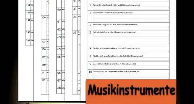 Übungsfragen Musikinstrumente 3./4.Klasse Musik - Kostenlos von Legakulie.info [ÜBUNGSFRAGEN] | Instrumentenkunde – Die wichtigsten Fragen zu Musikinstrumenten (Master-Lösung) | 1. In welche fünf Kategorien werden die verschiedenen Musikinstrumente aufgeteilt? | Lösung: Sie werden in Blasinstrumente, Saiteninstrumente, Schlag- und Rhythmusinstrumente, Tasteninstrumente und Elektronische Instrumente aufgeteilt. | 2. In welche Kategorien werden Blasinstrumente unterteilt? | Lösung: Sie werden in Holz- und Blechblasinstrumente unterteilt. | 3. Wie unterscheiden sich Holz- und Blechblasinstrumente? | Lösung: Sie unterscheiden sich durch ihre Mundstücke. | 4. Wie werden Töne bei Blasinstrumenten erzeugt? | Lösung: Durch Anblasen wird die im Instrument befindliche Luftsäule in Schwingungen versetzt. Dadurch entsteht ein Ton. | 5. In welche Gruppen teilt man Holzblasinstrumente ein? | Lösung: Man unterscheidet zwischen Flöten- und Rohrblattinstrumenten. | 6. Welche Instrumente gehören zu den Flöteninstrumenten? | Lösung: Das sind die Panflöte, die Querflöte und die Blockflöte. | 7. Welche Instrumente gehören zu den Rohrblattinstrumenten? | Lösung: Das sind die Klarinette, das Fagott, die Oboe und das Saxophon. | 8. Wovon hängt die Tonhöhe bei Holzblasinstrumenten ab? | Lösung: Sie hängt von der Länge der Luftsäule im Inneren des Instrumentes ab. Der Ton wird höher, je kürzer die Luftsäule ist. | 9. Warum gehört das Saxofon zu den Holzblasinstrumenten? | Lösung: Es gehört dazu, weil der Ton durch ein schwingendes Rohrblatt erzeugt wird. | 10. Nenne verschiedene Blechblasinstrumente! | Lösung: Die Tuba, die Trompete, die Posaune, das Baritonhorn und das Horn. | 11. Aus welchen drei Teilen besteht jedes Blechinstrument? | Lösung: Es besteht aus Schalltrichter, Schallrohr und Mundstück. | 12. In welche Kategorien unterscheidet man Saiteninstrumente? | Lösung: Man unterscheidet sie in Streich- und Zupfinstrumente. | 13. Welche Instrumente gehören zu einem Streichquartett? | Lösung: Das sind Kontrabass, Geige, Bratsche und Cello. | 14. Welches ist das kleinste und welches das größte Streichinstrument? | Lösung: Das kleinste Streichinstrument ist die Violine (Geige) und das größte ist der Kontrabass. | 15. Wie kann man bei der Violine die Töne ändern? | Lösung: Je dünner, kürzer und je fester die Saite gespannt ist, umso höher klingt der Ton. | 16. Wie nennt man die Technik, wenn man mit den Fingern die Saiten der Violine zupft? | Lösung: Man nennt es Pizzicato. | 17. Nenne verschiedene Zupfinstrumente! | Lösung: Die Gitarre, die Harfe, das Cembalo und die Zither. | 18. Nenne verschiedene Tasteninstrumente! | Lösung: Klavier, Akkordeon, Orgel, Cembalo und Keyboard. | 19. Welchen Unterschied gibt es zwischen Klavier und Flügel? | Lösung: Beim Klavier verlaufen die Saiten senkrecht und beim Flügel waagerecht. | 20. Wie viele Tasten hat das Klavier? | Lösung: Es hat 88 Tasten, 52 weiße und 36 schwarze. | 21. Warum nannte man das Klavier auch Pianoforte? | Lösung: Man nannte es so, weil man im Unterschied zum Cembalo leise und laute Töne spielen kann. | 22. Wozu dienen Schlaginstrumente? | Lösung: Sie dienen zur Erzeugung von rhythmischen Strukturen, von Geräuschen und Klangfarben. | 23. Wie werden Schlaginstrumente unterschieden? | Lösung: Sie werden in Instrumente mit bestimmter Tonhöhe (z. B. Pauke, Xylophon) und mit unbestimmter Tonhöhe (z. B. Trommel, Triangel) unterschieden. | 24. Welchen Unterschied gibt es zwischen Trommel und Pauke? | Lösung: Bei der Pauke kann die Tonhöhe genau festgelegt werden, indem man das Fell lockert oder spannt. | 25. Was spielt man mit dem Schlagzeug? | Lösung: Man spielt damit den Rhythmus eines Liedes, man kann damit keine Melodien spielen.