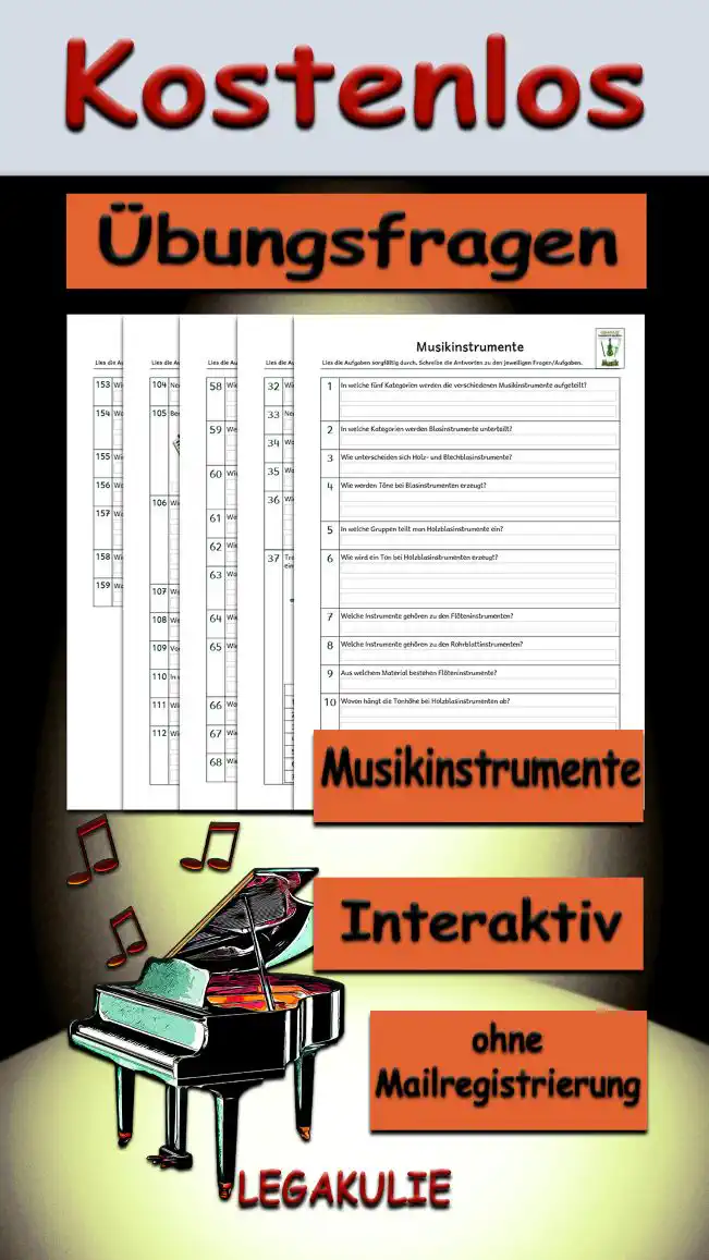 Übungsfragen Musikinstrumente 3./4.Klasse Musik - Kostenlos von Legakulie.info [ÜBUNGSFRAGEN] | Instrumentenkunde – Die wichtigsten Fragen zu Musikinstrumenten (Master-Lösung) | 1. In welche fünf Kategorien werden die verschiedenen Musikinstrumente aufgeteilt? | Lösung: Sie werden in Blasinstrumente, Saiteninstrumente, Schlag- und Rhythmusinstrumente, Tasteninstrumente und Elektronische Instrumente aufgeteilt. | 2. In welche Kategorien werden Blasinstrumente unterteilt? | Lösung: Sie werden in Holz- und Blechblasinstrumente unterteilt. | 3. Wie unterscheiden sich Holz- und Blechblasinstrumente? | Lösung: Sie unterscheiden sich durch ihre Mundstücke. | 4. Wie werden Töne bei Blasinstrumenten erzeugt? | Lösung: Durch Anblasen wird die im Instrument befindliche Luftsäule in Schwingungen versetzt. Dadurch entsteht ein Ton. | 5. In welche Gruppen teilt man Holzblasinstrumente ein? | Lösung: Man unterscheidet zwischen Flöten- und Rohrblattinstrumenten. | 6. Welche Instrumente gehören zu den Flöteninstrumenten? | Lösung: Das sind die Panflöte, die Querflöte und die Blockflöte. | 7. Welche Instrumente gehören zu den Rohrblattinstrumenten? | Lösung: Das sind die Klarinette, das Fagott, die Oboe und das Saxophon. | 8. Wovon hängt die Tonhöhe bei Holzblasinstrumenten ab? | Lösung: Sie hängt von der Länge der Luftsäule im Inneren des Instrumentes ab. Der Ton wird höher, je kürzer die Luftsäule ist. | 9. Warum gehört das Saxofon zu den Holzblasinstrumenten? | Lösung: Es gehört dazu, weil der Ton durch ein schwingendes Rohrblatt erzeugt wird. | 10. Nenne verschiedene Blechblasinstrumente! | Lösung: Die Tuba, die Trompete, die Posaune, das Baritonhorn und das Horn. | 11. Aus welchen drei Teilen besteht jedes Blechinstrument? | Lösung: Es besteht aus Schalltrichter, Schallrohr und Mundstück. | 12. In welche Kategorien unterscheidet man Saiteninstrumente? | Lösung: Man unterscheidet sie in Streich- und Zupfinstrumente. | 13. Welche Instrumente gehören zu einem Streichquartett? | Lösung: Das sind Kontrabass, Geige, Bratsche und Cello. | 14. Welches ist das kleinste und welches das größte Streichinstrument? | Lösung: Das kleinste Streichinstrument ist die Violine (Geige) und das größte ist der Kontrabass. | 15. Wie kann man bei der Violine die Töne ändern? | Lösung: Je dünner, kürzer und je fester die Saite gespannt ist, umso höher klingt der Ton. | 16. Wie nennt man die Technik, wenn man mit den Fingern die Saiten der Violine zupft? | Lösung: Man nennt es Pizzicato. | 17. Nenne verschiedene Zupfinstrumente! | Lösung: Die Gitarre, die Harfe, das Cembalo und die Zither. | 18. Nenne verschiedene Tasteninstrumente! | Lösung: Klavier, Akkordeon, Orgel, Cembalo und Keyboard. | 19. Welchen Unterschied gibt es zwischen Klavier und Flügel? | Lösung: Beim Klavier verlaufen die Saiten senkrecht und beim Flügel waagerecht. | 20. Wie viele Tasten hat das Klavier? | Lösung: Es hat 88 Tasten, 52 weiße und 36 schwarze. | 21. Warum nannte man das Klavier auch Pianoforte? | Lösung: Man nannte es so, weil man im Unterschied zum Cembalo leise und laute Töne spielen kann. | 22. Wozu dienen Schlaginstrumente? | Lösung: Sie dienen zur Erzeugung von rhythmischen Strukturen, von Geräuschen und Klangfarben. | 23. Wie werden Schlaginstrumente unterschieden? | Lösung: Sie werden in Instrumente mit bestimmter Tonhöhe (z. B. Pauke, Xylophon) und mit unbestimmter Tonhöhe (z. B. Trommel, Triangel) unterschieden. | 24. Welchen Unterschied gibt es zwischen Trommel und Pauke? | Lösung: Bei der Pauke kann die Tonhöhe genau festgelegt werden, indem man das Fell lockert oder spannt. | 25. Was spielt man mit dem Schlagzeug? | Lösung: Man spielt damit den Rhythmus eines Liedes, man kann damit keine Melodien spielen.