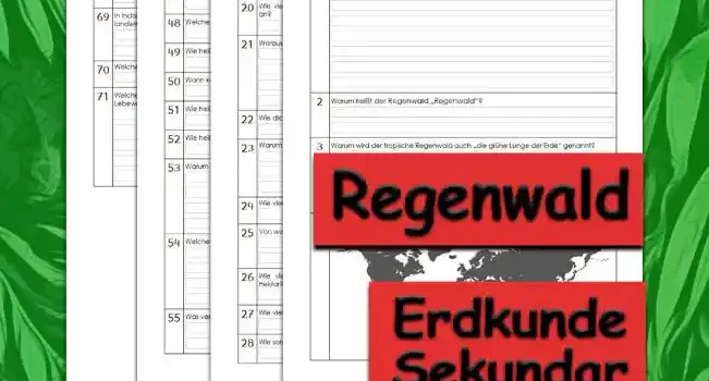 Übungsfragen Tropischer Regenwald Erdkunde - Kostenlos von Legakulie.info. [ÜBUNGSFRAGEN] | Tropischer Regenwald – Die 45 wichtigsten interaktiven Übungsfragen zu Ökosystemen, Tierwelt und Klimaschutz auf Legakulie.info | 1. Erkläre, was ein tropischer Regenwald ist! | 2. Warum heißt der Regenwald „Regenwald“? | 3. Warum wird der tropische Regenwald auch „die Lunge der Welt“ genannt? | 4. Zeichne in die Weltkarte die Tropischen Regenwälder ein! Stand 2018 | 5. Auf welchen Kontinenten sind die großen tropischen Regenwaldgebiete zu finden? | 6. Auf welchen Kontinenten findet man kleine Regenwaldflächen? | 7. Wo findet man das größte zusammenhängende Stück Regenwald? | 8. Gibt es in Europa tropische Regenwälder? Begründe! | 9. Wie viel Prozent der Erdoberfläche sind von Tropischen Regenwäldern bedeckt? | 10. Wie viel Wasser benötigt ein Regenwald für seine Existenz? | 11. Auf welcher Fläche gibt es den Regenwald in Amazonien in Südamerika? | 12. Nenne die Merkmale tropischer Regenwälder! | 13. Beschreibe den Tagesablauf des Wetters im tropischen Regenwald! | 14. Warum wird das Klima des Regenwalds als Tageszeitenklima bezeichnet? | 15. Wie hoch ist die Luftfeuchtigkeit im Regenwald? | 16. Wie viel Niederschlag fällt dort im Durchschnitt im Jahr? | 17. Nenne die Stockwerke im tropischen Regenwald und was sie umfassen! | 19. Was sind Epiphyten? | 21. Woraus besteht die Bodenschicht? | 23. Warum enthalten die tropischen Böden kaum Nährstoffe? | 25. Von wo holen sich die Bäume ihre Nährstoffe? | 28. Wie sorgen die Pflanzen dafür, dass das Regenwasser schnell abläuft? | 29. Welche Pflanze wird im tropischen Regenwald bis zu 300 Meter lang? | 32. Welche Bäume wachsen im Regenwald? Nenne 3! | 33. Wie heißt das wertvollste Tropenholz der Welt? | 34. Was wird aus den Kautschukbäumen gewonnen? | 35. Welchen Trick hat die Würgefeige entwickelt, damit sie an die Sonne kommt? | 36. Wie schützen sich die Bäume vor dem Umfallen bei Starkwinden? | 39. Wie viele Tierarten gibt es in den tropischen Regenwäldern? | 41. Warum ist die biologische Vielfalt des Regenwaldes so bedeutend? | 42. Wie lange dauert es, wenn es im Regenwald regnet, bis der erste Regentropfen den Boden berührt? Begründe! | 43. Wie wird der starke Regen, der jeden Nachmittag auf den Regenwald niederprasselt, genannt? | 44. Erkläre den Nährstoffkreislauf des tropischen Regenwaldes! | 45. Wie viel Prozent der Nährstoffe des tropischen Regenwaldes halten sich in der lebenden Vegetation? | 46. Welche Tiere leben im tropischen Regenwald? | 49. Wie heißt die größte Schlange im Regenwald Amazoniens? | 51. Wie heißt der giftigste Frosch, der im tropischen Mittel- und Südamerika lebt? | 54. Welchen Unterschied gibt es zwischen dem tropischen Regenwald und unserem Wald? | 55. Was versteht man unter dem Wort „Dschungel“? | 56. Welchen Nutzen hat die Erde von den Regenwäldern? | 57. Wie nennt man Regenwälder, die vom Menschen kaum oder nicht verändert wurden? | 61. Wie heißen die Menschen im Regenwald von Afrika und was weißt du über dieses Volk? | 62. Was machen die indigenen Völker, um im dichten Regenwald Ackerbau betreiben zu können? | 63. Wer ist der größte Feind des Regenwaldes? Begründe! | 66. Warum sind die Regenwälder eine „Apotheke“? | 71. Welche Auswirkungen haben die Abholzungen der tropischen Regenwälder für die Lebewesen der Erde?