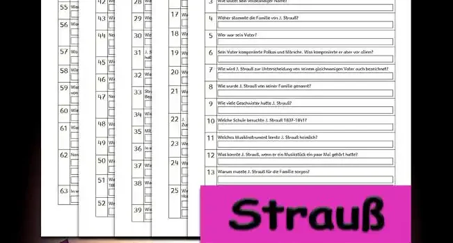 Übungsfragen Strauß 3./4.Klasse Musik - Kostenlos von Legakulie.info [ÜBUNGSFRAGEN] | Johann Strauß – 63 Übungsfragen (Master-Lösung für Lehrer) | 1. Wer war Johann Strauß? | Lösung: J. Strauß war ein österreichisch-deutscher Kapellmeister und Komponist. | 2. Wann und wo wurde J. Strauß geboren? | Lösung: Er wurde am 25. Oktober 1825 in St. Ulrich bei Wien geboren. | 3. Wie lautet sein vollständiger Name? | Lösung: Er lautet Johann Baptist Strauß. | 4. Woher stammte die Familie von J. Strauß? | Lösung: Sie stammte aus Niederösterreich. | 5. Wer war sein Vater? | Lösung: Sein Vater war Johann Strauß, ein Kapellmeister und Komponist. | 6. Sein Vater komponierte Polkas und Märsche. Was komponierte er aber vor allem? | Lösung: Er komponierte vor allem Walzer. | 7. Wie wird J. Strauß zur Unterscheidung von seinem gleichnamigen Vater auch bezeichnet? | Lösung: Er wird als „Johann Strauß (Sohn)“ bezeichnet. | 8. Wie wurde J. Strauß von seiner Familie genannt? | Lösung: Er wurde „Schani“ genannt. | 9. Wie viele Geschwister hatte J. Strauß? | Lösung: Er hatte zwei Brüder, Eduard und Josef. | 10. Welche Schule besuchte J. Strauß 1837-1841? | Lösung: Er besuchte das Schottengymnasium in Wien. | 11. Welches Musikinstrument lernte J. Strauß heimlich? | Lösung: Er lernte, die Geige zu spielen. | 12. Was konnte J. Strauß, wenn er ein Musikstück ein paar Mal gehört hatte? | Lösung: Er konnte es auswendig auf dem Klavier nachspielen. | 13. Warum musste J. Strauß für die Familie sorgen? | Lösung: Das musste er, weil er der Älteste war und sein Vater mit der Familie gebrochen hatte. | 14. Wie alt war J. Strauß, als sein Vater die Familie verließ? | Lösung: Er war 18 Jahre alt. | 15. Welchen Beruf hatte sein Vater für ihn vorgesehen? | Lösung: J. Strauß sollte eine Beamten-Karriere machen, jedoch wollte seine Mutter eine Musikausbildung für ihn. | 16. Wer unterstützte J. Strauß, damit er sich ganz der Musik widmen konnte? | Lösung: Das war seine Mutter Anna. | 17. Wann und wo hatte J. Strauß dein erstes Konzert? | Lösung: Das hatte er am 15. Oktober 1844 im Casino Dommayer in Hietzing. | 18. Was folgte nach dem großen Erfolg? | Lösung: Er machte Tourneen durch Europa und nach Nordamerika. | 19. Welcher Bewegung schloss sich J. Strauß an? | Lösung: Er schloss sich der Freiheitsbewegung an. | 20. Was übernahm J. Strauß, nachdem sein Vater gestorben war? | Lösung: Er übernahm dessen Orchester und vereinigte es mit seinem. | 21. Warum musste sein jüngerer Bruder Josef immer öfter das Orchester dirigieren? | Lösung: Das musste er, weil J. Strauß wegen der Auftragsflut zusammengebrochen war und in ein Sanatorium musste. | 22. J. Strauß wurde deswegen auch von seinem Bruder Eduard vertreten. Wie wurde die Zusammenarbeit scherzhaft bezeichnet? | Lösung: Sie wurde scherzhaft als „Firma Strauß“ bezeichnet. | 23. Wer verhalf J. Strauß zum Titel des kaiserlichen Hofballmusikdirektors? | Lösung: Das war seine Frau Henriette Treffz. | 24. Warum fiel J. Strauß bei Hofe in Ungnade? | Lösung: Das fiel er, weil er sich aktiv an der Revolution 1848 beteiligte. Er schrieb den „Revolutionsmarsch“ und den „Freiheitslieder-Walzer“. | 25. Warum rang sich Kaiser Franz Joseph I. durch und ernannte J. Strauß doch noch zum Hofballmusikdirektor? | Lösung: Das musste er, weil die Popularität von J. Strauß immer mehr zunahm und die Menschen seine Musik liebten. | 26. Welche Aufgabe hatte J. Strauß als Hofballmusikdirektor? | Lösung: Er musste alle Hofbälle leiten. | 27. Er arbeitete bis 1872 als Hofballmusikdirektor. Was erhielt er für diese Arbeit? | Lösung: Er erhielt dafür den Franz-Joseph-Orden. | 28. Warum entschloss er sich, das Amt abzugeben? | Lösung: Er entschloss sich dafür, weil seine eigene kompositorische Arbeit zu kurz kam. | 29. Wer wurde sein Nachfolger als Hofballmusikdirektor? | Lösung: Das war sein Bruder, Eduard Strauß. | 30. Welchen Walzer komponierte J. Strauß in den Jahren 1866 und 1867? | Lösung: Er komponierte den Walzer „An der schönen blauen Donau“. | 31. J. Strauß sollte nach einer Einladung auf der Pariser Weltausstellung 1867 spielen, jedoch hatte er kein Orchester dabei. Was machte er? | Lösung: Er lieh sich ein preußisches Orchester aus. | 32. Was spielte J. Strauß, als er zur Weltausstellung nach Paris eingeladen wurde? | Lösung: Er spielte den Donauwalzer „An der schönen blauen Donau“. | 33. Strauß hatte bis dahin nur Tanzmusik komponiert. Womit beschäftigte er sich nach einer Begegnung mit dem Komponisten Jacques Offenbach? | Lösung: Er beschäftigte sich mit Operetten. | 34. Wie heißt seine erste Operette? | Lösung: Das ist „Indigo und die 40 Räuber“. | 35. Mit welcher Operette hatte er einen überwältigenden Erfolg? | Lösung: Das war mit der Operette „Die Fledermaus“. | 36. In welcher Operette von J. Strauß wird einen ganzen Akt lang nur ein Ball dargestellt? | Lösung: In der Operette „Die Fledermaus“. | 37. Wie oft war J. Strauß verheiratet? | Lösung: Er war 3-mal verheiratet. Seine erste Frau Henriette verstarb 1878, seine zweite Frau Angelika Dittrich verließ ihn 1882 und die dritte war Adele. | 38. Was musste J. Strauß für die Heirat mit Adele aufgeben? | Lösung: Er musste die österreichische Staatsbürgerschaft und den katholischen Glauben aufgeben und zum evangelisch-lutherischen Glauben übertreten. | 39. Wie viele Kinder hatte J. Strauß? | Lösung: Er hatte keine Kinder. | 40. Wann und wo starb J. Strauß? | Lösung: Er starb am 3. Juni 1899 in Wien. | 41. Wo wurde er beigesetzt? | Lösung: Er wurde in einem Ehrengrab auf dem Wiener Zentralfriedhof beigesetzt. | 42. Woran starb J. Strauß? | Lösung: Er starb an einer Lungenentzündung. | 43. Wie viele Operetten komponierte J. Strauß? | Lösung: Er komponierte etwa zwanzig Operetten. | 44. Nenne berühmte Operetten von J. Strauß! | Lösung: „Die Fledermaus“, „Der Zigeunerbaron“, „Eine Nacht in Venedig“ und „Wiener Blut“. | 45. Wie viele Walzer, Polkas und Märsche komponierte J. Strauß? | Lösung: Er komponierte 500 Stück. | 46. Wie viele Opern komponierte J. Strauß? | Lösung: Er komponierte eine Oper. | 47. Nenne mindestens drei berühmte Werke von J. Strauß! | Lösung: „An der schönen blauen Donau“, „Wein, Weib und Gesang“, „Freuet Euch des Lebens“, „Wo die Zitronen blühen“, „Frühlingsstimmen“ und „Kaiser-Walzer“. | 48. Wo feierte J. Strauß 1884 sein 40-Jahres-Jubiläum als Künstler? | Lösung: Er feierte es wieder beim „Dommayer“. | 49. Wo verbrachte J. Strauß ab 1864 die Sommermonate? | Lösung: Er verbrachte sie in seiner Villa in Schönau an der Triesting. | 50. Wie viele Personen spielten in dem Orchester, das J. Strauß in Boston dirigierte? | Lösung: Es waren 2.000 Personen. | 51. Was wurde ihm anlässlich seines 40-Jahres-Jubiläums als Künstler von der Stadt Wien 1884 verliehen? | Lösung: Ihm wurde das Wiener Bürgerrecht verliehen. | 52. Welches Tier wird in einem Titel einer Operette von J. Strauß genannt? | Lösung: Das ist die Fledermaus. | 53. Wie heißt der Walzer von J. Strauß, der nach dem höchsten Mann der Monarchie benannt wurde? | Lösung: Das ist der Kaiserwalzer. | 54. Wo wurde dieser Walzer berühmt? | Lösung: Er wurde in Paris berühmt. | 55. Was war J. Strauß‘ Markenzeichen? | Lösung: Das war sein stilvoller Bart. | 56. Warum wurde the Walzer zunächst verpönt und als unzüchtig bezeichnet? | Lösung: Das wurde er, weil die Knöchel der Damen durch die schnellen Drehbewegungen sichtbar wurden. | 57. Wo spielte J. Strauß einige Jahre lang Sommer für Sommer? | Lösung: Er spielte auf dem Musikbahnhof von Pawlowsk in Russland. | 58. Wie wurde J. Strauß auch genannt? | Lösung: Er wurde auch „Walzerkönig“ genannt. | 59. Was schrieb J. Strauß 1854 zu Ehren der Hochzeit von Kaiser Franz Joseph II. mit Elisabeth von Bayern? | Lösung: Er schrieb den „Myrthenkränze-Walzer“. | 60. Wie heißt der noch heute bekannte Marsch, den sein Vater J. Strauß komponierte? | Lösung: Das ist der Radetzkymarsch. | 61. Was wurde verboten, als Kaiser Franz Joseph in Wien an die Macht kam? | Lösung: Es wurden die Strauß-Werke „der Freiheitsliederwalzer“, der „Studentenmarsch“ und der „Revolutionsmarsch“ verboten. | 62. Nenne wichtige Ehrungen von J. Strauß! | Lösung: Bürgerrecht der Stadt Wien, Ehrenmitgliedschaft der Gesellschaft der Musikfreunde in Wien, Ehrenmitgliedschaft des Wiener Männergesangvereins, Goldene Künstler-Medaille, Ritterkreuz des Franz-Joseph-Ordens und Ritterkreuz des Nationalen Ordens der Ehrenlegion. | 63. In welchem Park steht das Johann-Strauß-Denkmal? | Lösung: Es steht im Wiener Stadtpark.